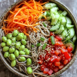 To make a fresh and crunchy sesame ginger soba noodle salad, gather these ingredients: - 8 oz soba noodles - 1 cup shredded carrots - 1 red bell pepper, thinly sliced - 1 cucumber, julienned - 1 cup edamame, shelled - 3 green onions, chopped - 1/4 cup sesame seeds, toasted - 1/4 cup soy sauce - 2 tablespoons sesame oil - 2 tablespoons fresh ginger, grated - 1 tablespoon honey or maple syrup - 1 tablespoon rice vinegar - Salt and pepper, to taste You can customize your salad with these optional add-ins: - Avocado for creaminess - Cherry tomatoes for sweetness - Cooked chicken or tofu for protein - Fresh herbs like cilantro or mint for extra flavor Here’s what you’ll need to prepare this salad: - A large pot for boiling noodles - A mixing bowl for vegetables - A whisk for the dressing - A colander for draining noodles - A knife and cutting board for chopping veggies To cook the soba noodles, you start with a large pot. Fill it with water and bring it to a boil. Once boiling, add 8 oz of soba noodles. Cook them for about 4 to 7 minutes, or until tender. After cooking, drain the noodles and rinse them under cold water. This stops the cooking process and helps keep them firm. Set the noodles aside to cool. Next, grab a large mixing bowl. In this bowl, combine 1 cup of shredded carrots, 1 thinly sliced red bell pepper, and 1 julienned cucumber. Add 1 cup of shelled edamame and 3 chopped green onions. Mixing these fresh veggies gives the salad a nice crunch and bright color. Now, take a small bowl to make the dressing. Add 1/4 cup of soy sauce, 2 tablespoons of sesame oil, and 2 tablespoons of grated fresh ginger. For sweetness, mix in 1 tablespoon of honey or maple syrup and 1 tablespoon of rice vinegar. Whisk everything together until well combined. This dressing adds great flavor to the salad. It's time to bring everything together! Add the cooled soba noodles to the bowl with the vegetables. Pour the dressing over the noodles. Gently toss everything to coat the noodles and veggies evenly. Sprinkle 1/4 cup of toasted sesame seeds on top. Toss again, and season with salt and pepper to taste. After mixing, chill the salad in the fridge for at least 15 minutes. This helps the flavors blend well. When ready, serve it cold, garnished with extra sesame seeds and green onions if you like. Enjoy your fresh and crunchy bowl! To cook soba noodles well, start with a big pot of water. Bring the water to a rolling boil. Add 8 oz of soba noodles. Cook them for about 4 to 7 minutes. Check the package for exact times. Stir the noodles to keep them from sticking. When they are done, drain them in a colander. Rinse the noodles under cold water. This stops the cooking and helps them stay firm. Chilling the salad helps all the flavors mix well. After you toss the noodles with the veggies and dressing, cover the bowl. Place it in the fridge for at least 15 minutes. This waiting time allows the salad to cool down. It also gives the flavors time to blend. For an even cooler dish, chill your serving plates too. To boost the taste of your salad, try adding more veggies. You can use shredded cabbage or snap peas. If you like heat, add a bit of red pepper flakes. For a nutty twist, sprinkle more toasted sesame seeds on top. You can also try different dressings. Swap soy sauce for tamari for a gluten-free option. A splash of lime juice can add a fresh zing. {{image_2}} You can add protein to your sesame ginger soba noodle salad in many ways. Grilled chicken, shrimp, or tofu are great choices. Cook the protein separately before adding it to the salad. This will give you a tasty and filling meal. If you like, you can even use canned chickpeas or black beans for a quick option. Each protein adds its own flavor and texture to the dish. This salad is easy to make vegetarian or vegan. Simply use maple syrup instead of honey for a vegan choice. You can also add more veggies, like kale or spinach, for extra nutrients. If you want a creamy touch, try adding avocado slices. This makes the dish richer and more satisfying. Remember to check your soy sauce, as some brands contain fish sauce. Using seasonal ingredients can elevate your salad. In summer, add fresh corn or cherry tomatoes for sweetness. In fall, consider roasted butternut squash or Brussels sprouts for warmth. Each season brings new flavors, so feel free to experiment. You can also switch up the vegetables based on what you find fresh at the market. Just keep the balance of crunch and color in mind for a beautiful dish. To store leftovers, place the salad in an airtight container. Make sure to cover it tightly. This helps keep the flavors fresh. You can store it in the fridge. Try to use it within three days for the best taste. This salad is best served cold. If you want to warm it up, do so gently. Use a microwave on low power. Heat it for a short time to avoid overcooking. However, I recommend enjoying it chilled for the best flavor. The salad lasts about three days in the fridge. After that, the veggies may get soggy. You can freeze the soba noodles separately. However, freezing the salad isn’t ideal. The fresh veggies lose their crunch. It’s best to make a fresh batch instead. Yes, you can swap soba noodles for other noodles. Rice noodles or whole wheat noodles work well. If you want a gluten-free option, use rice noodles. Be sure to adjust cooking times based on the noodles you choose. You can use agave syrup or brown sugar as alternatives. Both options add sweetness to the salad. If you want to avoid sweeteners, try using a bit of fruit juice. This will keep the flavors fresh and bright. Soba noodles are often not gluten-free, as they contain buckwheat and wheat. If you want a gluten-free version, use rice noodles. Always check labels for hidden gluten in sauces. This will help you enjoy the salad without worry. You can store the salad in the fridge for about 3 days. Keep it in an airtight container for best results. After that, the veggies may lose their crunch. If you notice any off smells or a change in texture, it’s best to toss it out. This blog post covered how to make a delicious soba noodle salad. We explored the key ingredients, including optional add-ins and the right equipment. I shared step-by-step instructions and helpful tips for cooking the noodles and chilling the salad. You learned about variations, like protein swaps and seasoning tips. Finally, we discussed how to store leftovers and answered common questions. With these insights, you'll create a tasty dish that suits your taste and needs. Enjoy experimenting in your kitchen!