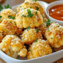 To make crispy garlic Parmesan cauliflower bites, gather these ingredients: - 1 medium head of cauliflower, cut into bite-sized florets - 1 cup all-purpose flour - 1 teaspoon garlic powder - 1 teaspoon onion powder - 1/2 teaspoon smoked paprika - 1/2 teaspoon salt - 1/4 teaspoon black pepper - 1 cup buttermilk (or dairy-free alternative) - 1 cup breadcrumbs (preferably panko for extra crunch) - 1/2 cup grated Parmesan cheese - 2 tablespoons fresh parsley, chopped (for garnish) - Olive oil spray or 2 tablespoons olive oil You can make these bites fit your taste. Here are some options: - Use almond flour instead of all-purpose flour for a gluten-free version. - Swap buttermilk with plant-based milk, like almond or oat milk, to keep it dairy-free. - Try nutritional yeast instead of Parmesan for a vegan option. - Use Italian seasoning in place of individual spices for a different flavor. To prepare these tasty bites, you’ll need a few key tools: - Large mixing bowl for combining ingredients. - Whisk for mixing the batter smoothly. - Baking sheet lined with parchment paper for easy cleanup. - A shallow dish for the breadcrumbs. - Tongs for flipping the cauliflower without mess. - Oven mitts to handle the hot baking sheet safely. These ingredients and tools set the stage for a delicious snack that everyone will love! Start by preheating your oven to 425°F (220°C). This step is key for getting those bites crispy. Next, prepare a baking sheet with parchment paper. This will keep your bites from sticking. In a large bowl, mix the flour, garlic powder, onion powder, smoked paprika, salt, and black pepper. Whisk them together until they blend well. Now, slowly add the buttermilk to this mix. Stir until it becomes a smooth batter. Take each cauliflower floret and dip it into the batter. Make sure each piece is fully coated. After that, roll it in the breadcrumb and Parmesan mix. This step adds crunch and flavor. Place the coated florets on the baking sheet, leaving space between them. This helps them cook evenly. Once your oven is hot, it's time to bake. Put the baking sheet in the oven and set a timer for 25-30 minutes. Flip the cauliflower halfway through baking. This ensures both sides get golden and crispy. Keep an eye on them as they bake. You want that perfect golden brown color. When the cauliflower is done, take it out of the oven. It should look crispy and inviting. To make it pop, sprinkle fresh parsley over the top. This adds color and a fresh taste. If you like, serve them in a chic bowl or on a nice platter. Pair them with marinara or ranch dip for extra flavor. Enjoy your delicious crispy garlic Parmesan cauliflower bites! To get that perfect crunch, use panko breadcrumbs. They are lighter and crispier than regular ones. Make sure to coat each floret well in the batter. This helps the breadcrumbs stick better. A light spray of olive oil adds more crispiness. Bake them on parchment paper to keep them from sticking. Flip the bites halfway through baking. This ensures even browning on all sides. For more flavor, add herbs or spices to the batter. Try Italian seasoning or crushed red pepper for a kick. You can also mix in some grated cheese into the batter. This adds a rich, cheesy taste. If you love garlic, use minced garlic instead of garlic powder. It brings a fresh taste that pairs well with cauliflower. Don’t forget to adjust the salt to balance the flavors. Serve your cauliflower bites in a stylish bowl or on a bright platter. This makes them look appealing. A side of marinara or ranch dip adds a fun touch. For a final garnish, sprinkle extra parsley and Parmesan on top. This adds color and makes your dish pop. Use small bowls for dips to keep everything neat. Your guests will love the look and taste! {{image_2}} You can change the flavor of your cauliflower bites easily. For a spicy kick, add cayenne pepper or chili powder to the batter. If you love Italian flavors, mix in dried oregano and basil. For a tangy twist, try adding lemon zest into the breadcrumb mix. Each flavor adds something unique. You can make these bites fit your diet. For gluten-free options, use gluten-free flour and breadcrumbs. To make them dairy-free, swap buttermilk with unsweetened almond milk or oat milk. Nutritional yeast can replace Parmesan cheese for a cheesy flavor without dairy. These changes help everyone enjoy this tasty treat. Presentation makes a difference! Serve the crispy bites in a stylish bowl or on a plate. Pair them with marinara sauce or ranch for dipping. You can also add fresh veggies on the side. A sprinkle of extra parsley or Parmesan on top adds a nice touch. These bites are great for parties or as a snack. You can store leftover cauliflower bites in an airtight container. Let them cool first. Place a paper towel at the bottom of the container to absorb moisture. This helps keep them crispy. Store them in the fridge for up to three days. To reheat your bites, use an oven or air fryer. Preheat the oven to 350°F (175°C). Place the bites on a baking sheet. Heat for about 10 minutes or until crispy again. If using an air fryer, set it to 350°F (175°C) and heat for about 5 minutes. This method keeps them crunchy. You can freeze these cauliflower bites for later. First, let them cool completely. Spread them out on a baking sheet and freeze for one hour. Once frozen, transfer them to a freezer bag. They can stay in the freezer for up to three months. When ready to eat, bake them straight from the freezer. Just add a few extra minutes to the cooking time. Yes, you can use frozen cauliflower. Just thaw it first and pat it dry. This helps the batter stick better. Remember, frozen cauliflower may cook faster. Check for doneness a few minutes early. To make these bites vegan, swap buttermilk for a plant-based milk. Almond or soy milk works great. You can also use a flax egg or chia egg for binding. Just mix one tablespoon of flaxseed meal with three tablespoons of water. Let it sit until it thickens. Use a vegan cheese substitute instead of Parmesan for the topping. Cauliflower bites go well with many dips. My favorites include marinara, ranch, and garlic aioli. You can also try hummus or a spicy sriracha mayo. Each dip adds its own fun flavor. In this blog post, I shared how to make tasty cauliflower bites. You learned about the best ingredients and swaps. I provided step-by-step cooking instructions and shared tips for great flavor and crispiness. I also covered fun variations you can try. Finally, I explained how to store leftovers and answered common questions. Enjoy experimenting with these bites; they are easy and fun! Happy cooking!