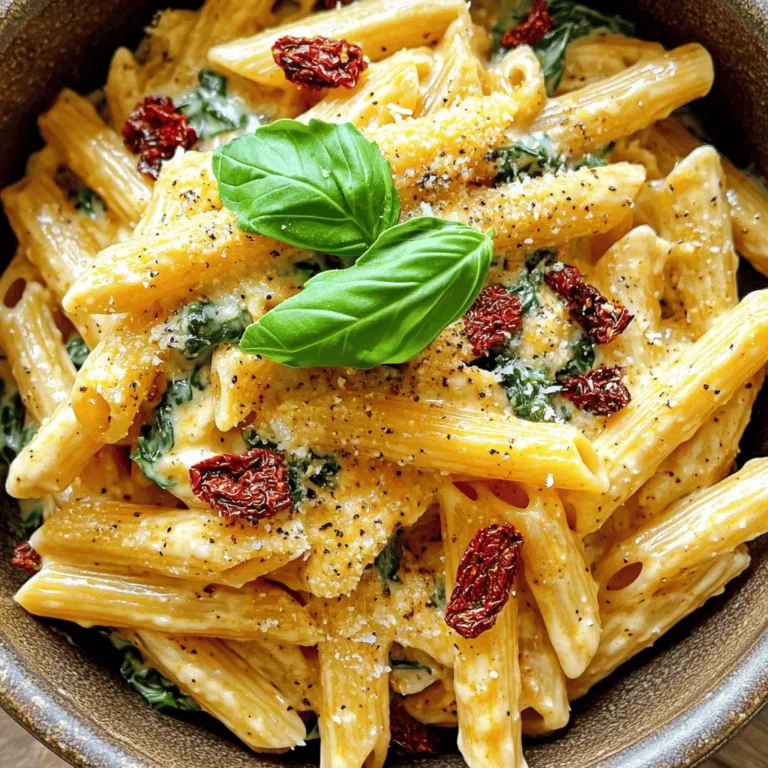 - 12 oz penne pasta - 1 cup sun-dried tomatoes in oil, drained and chopped - 1 cup heavy cream - 1 teaspoon garlic powder - 1 teaspoon Italian seasoning - ½ cup grated Parmesan cheese - 1 tablespoon olive oil - 1 cup fresh spinach, chopped - Salt and pepper to taste - Fresh basil leaves for garnish To make this dish, you need a few key ingredients. First, you’ll need penne pasta. This pasta shape holds the sauce well. Next, sun-dried tomatoes bring a rich taste. They add a nice zing to every bite. Heavy cream gives the sauce its creamy texture. Garlic powder adds flavor without the fuss. Italian seasoning blends herbs for a balanced taste. Grated Parmesan cheese is essential for a cheesy finish. Olive oil adds richness to the sauce. Fresh spinach gives color and nutrients. Lastly, salt and pepper enhance all the flavors. - Additional cheese for topping - Various herbs for extra flavor - Protein options like chicken or shrimp You can customize this dish with optional ingredients. If you love cheese, add more on top. Fresh herbs can boost flavor too. You could try thyme or oregano. For a heartier meal, add proteins like chicken or shrimp. These options make the dish even more filling. To cook penne pasta al dente, fill a large pot with water. Add a good amount of salt to the water. This step is key because it flavors the pasta as it cooks. Bring the water to a boil before adding the penne. Cook the pasta according to the package directions, usually about 10-12 minutes. Test a piece before draining. It should be tender but still firm. After cooking, drain the pasta, and set it aside. For the sauce, start by heating olive oil in a large skillet over medium heat. Once hot, add the drained and chopped sun-dried tomatoes. Sauté them for about 2-3 minutes until they smell great. Next, sprinkle in garlic powder and Italian seasoning. Stir these in to blend the flavors. Now pour in the heavy cream and let it come to a gentle simmer. Cook for about 5 minutes, stirring often, until the sauce thickens. Adding grated Parmesan cheese will make the sauce creamy. Stir until the cheese melts completely into the sauce. Finally, toss in the chopped spinach and cook for another 2-3 minutes until it wilts down. Now, it’s time to bring it all together. Add the cooked penne pasta to the creamy sauce in the skillet. Use a gentle tossing technique to coat all the pasta evenly. This helps ensure every bite is full of flavor. Taste the dish, and season with salt and pepper as needed. Serve hot, garnishing with fresh basil leaves for a lovely touch. To adjust the thickness of your sauce, you can add more cream. If it’s too thick, stir in a splash of pasta water. This water carries starch from the pasta, helping to create a silky texture. Balancing flavors is key. Always taste your sauce. If it feels flat, add salt, pepper, or a pinch of Italian seasoning. This will lift the dish and bring out the rich flavors. When serving, a large bowl adds a homey feel. Individual plates look fancy. Sprinkle more Parmesan on top for a cheesy touch. Fresh basil leaves add color and aroma. Pair this dish with a light salad or garlic bread. A crisp white wine, like Pinot Grigio, enhances the creamy flavors. For non-drinkers, a sparkling water with lemon is refreshing. One common mistake is overcooking the pasta. It should be al dente, or slightly firm. This helps the pasta hold its shape and texture. Another mistake is skipping seasoning. The sauce needs salt and pepper to shine. Even if you think the sun-dried tomatoes bring enough flavor, taste and adjust. Never underestimate the power of a well-seasoned dish! {{image_2}} You can make this dish fit your needs. For a gluten-free option, use rice penne or chickpea pasta. Both choices taste great and stay firm. If you want a dairy-free version, try coconut cream or cashew cream. They give a rich taste without dairy. To boost flavor, add more veggies. Bell peppers bring sweetness, and mushrooms add earthiness. Just sauté them with the sun-dried tomatoes. For protein, chicken or shrimp work well. Cook the meat before adding it to the sauce for a hearty meal. If you want a twist, try a tomato-based sauce. Use diced tomatoes instead of cream. This gives a light and fresh taste. Another option is pesto sauce. It adds a bright and herby flavor, perfect for summer meals. To keep your creamy sun-dried tomato penne fresh, let it cool first. Place it in an airtight container. Store it in the fridge for up to 3 days. Be sure to label the container with the date. This way, you know when to eat it. When reheating, use a skillet over low heat. Add a splash of milk or cream to keep it creamy. Stir often to blend the sauce with the pasta. Heat until just warm, about 5-7 minutes. Avoid high heat; it may dry out or curdle. Yes, you can freeze creamy pasta dishes! However, the texture may change slightly. To freeze, let it cool completely. Place it in a freezer-safe container. It can last up to 2 months. When ready to eat, thaw it overnight in the fridge. Reheat slowly in a skillet, adding a bit of cream for smoothness. Enjoy your creamy sun-dried tomato penne even after freezing! This dish lasts about 3 to 4 days in the fridge. Store it in an airtight container. Make sure it cools down before sealing. This keeps the pasta fresh and tasty. Yes, you can prepare it ahead. Cook the pasta and make the sauce separately. Store each in the fridge. When ready to eat, mix them and heat gently. This way, you save time on busy days. Pair this dish with a simple salad or garlic bread. A fresh green salad brightens the meal. For drinks, try white wine or sparkling water. These add a nice touch to your dinner. In this blog post, we explored how to make creamy sun-dried tomato penne. We covered main and optional ingredients, cooking instructions, and tips for success. You learned about common mistakes, variations, and storage methods to keep your dish fresh. Final thoughts: This pasta dish is rich, tasty, and easy to make. You can adjust flavors and ingredients to match your taste. Enjoy the cooking process and share it with friends!
