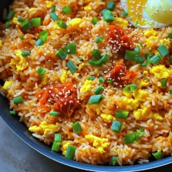 - 2 cups cooked jasmine rice (preferably day-old) - 1 cup kimchi, chopped (and the juice reserved) - 1 tablespoon vegetable oil - 1 tablespoon soy sauce - 1 teaspoon sesame oil - 1 teaspoon gochugaru (Korean chili flakes) - optional for extra heat - 2 green onions, chopped - 2 cloves garlic, minced - 1 large egg The main ingredients for Quick Kimchi Fried Rice make it a fast and tasty dish. The jasmine rice gives a nice texture. Use day-old rice for the best results. Kimchi adds bold flavors and a kick. The vegetable oil helps to fry the rice and kimchi well. For seasonings, soy sauce brings saltiness and depth. Sesame oil adds a nutty taste that warms the dish. Gochugaru gives a spicy touch. Adjust the amount based on your taste. Don’t forget the garlic and green onions! They add fresh notes and brightness. The egg binds everything together and gives creaminess. It’s the perfect topping that makes the dish rich and satisfying. - Gather all ingredients. You will need: - 2 cups cooked jasmine rice - 1 cup chopped kimchi - 1 tablespoon vegetable oil - 2 green onions, chopped - 2 cloves garlic, minced - 1 large egg - 1 tablespoon soy sauce - 1 teaspoon sesame oil - 1 teaspoon gochugaru (optional) - Sesame seeds for garnish - Prepare the skillet. Use a large skillet or wok for even cooking. - Heat the oil in the skillet over medium-high heat. - Add the minced garlic. Sauté it for about 30 seconds. The garlic should smell great. - Add the chopped kimchi to the skillet. Sauté it for 3-4 minutes. Let it caramelize for extra flavor. - Push the kimchi to one side of the skillet. Crack the egg into the empty space. - Scramble the egg until fully cooked. Mix it with the kimchi. - Add the cooked jasmine rice to the skillet. Break apart any clumps. - Pour in the reserved kimchi juice, soy sauce, sesame oil, and gochugaru, if using. Mix well to coat the rice. - Stir-fry the mixture for another 3-5 minutes. Heat it through while adjusting seasoning if needed. - Remove from heat. Garnish with chopped green onions and sesame seeds before serving. Using day-old rice is key for great fried rice. Fresh rice can be too sticky. Day-old rice has drier grains, which help it fry nicely. If you don’t have jasmine rice, you can use other types. Long-grain rice or basmati works well too. These options keep the dish light and fluffy. You can make this dish your own by changing the spice. Gochugaru adds heat, but start slow. A little goes a long way. If you want more flavor, add more kimchi or its juice. You can also swap in different vegetables. Peas, carrots, or bell peppers are great choices. Proteins like chicken or shrimp can boost your meal too. If you want a vegan version, replace the egg. Tofu or chickpeas are good substitutes. They add protein and texture. You can also use nutritional yeast for a cheesy taste. This way, you keep it tasty and healthy! {{image_2}} You can boost your quick kimchi fried rice with proteins. Try adding chicken, shrimp, or tofu. Each option brings a different flavor and texture. For chicken, sauté bite-sized pieces until golden. If you use shrimp, cook them until they turn pink. For tofu, press it to remove water, then cube and fry until crispy. These proteins blend well with the rice and kimchi, making each bite delightful. To make your dish heartier, add more vegetables. Consider using peas, carrots, or bell peppers. You can also toss in greens like spinach or bok choy for added nutrition. If you want to skip the egg, try using scrambled tofu or chickpea flour. These substitutes keep the meal filling without losing flavor. You can create fun twists by mixing in other cuisines. For a Mexican flair, add black beans and corn, then top with avocado. To give it an Italian vibe, stir in sun-dried tomatoes and basil. These unique ideas let you explore flavors while enjoying your kimchi fried rice. Let your taste buds guide your choices! To keep your kimchi fried rice fresh, place it in the fridge. Use an airtight container. This helps prevent the rice from drying out or absorbing other smells. Make sure to cool the rice before storing it. This keeps it safe and tasty. You can reheat your fried rice in two ways: microwave or stovetop. For the microwave, place the rice in a bowl. Add a splash of water to keep it moist. Heat for about one minute, stir, then heat for another minute. For stovetop, use a skillet. Add a little oil and heat the rice over medium heat. Stir until hot. This method keeps the texture nice and fluffy. To freeze your kimchi fried rice, let it cool first. Then, scoop it into a freezer-safe bag or container. Squeeze out as much air as possible. This keeps the rice from getting freezer burn. You can store it for up to three months. When ready to eat, thaw it in the fridge overnight before reheating. Kimchi fried rice stays good in the fridge for about 3 to 4 days. To keep it fresh, store it in an airtight container. This helps protect the flavors and keeps it safe to eat. When you want to enjoy it again, simply reheat it until hot. You can use fresh rice, but day-old rice works better. Fresh rice has more moisture, which can make the dish mushy. Day-old rice dries out a bit, making it easier to fry. If you must use fresh rice, let it cool before cooking to reduce moisture. Kimchi is more than just tasty; it has many health benefits. It is rich in probiotics, which are good for your gut health. Kimchi also contains vitamins A, B, and C. It has antioxidants and may help with digestion. Plus, it's low in calories, making it a great choice for many diets. Kimchi fried rice is a tasty dish made with simple ingredients. You add cooked jasmine rice, chopped kimchi, and seasonings like soy sauce and sesame oil. Preparing and cooking it takes just a few steps. You can customize it with proteins or keep it vegan. Remember to store leftovers properly. This dish is not only quick to make but also bursting with flavor and nutrition. I hope you try it and enjoy your cooking adventure!