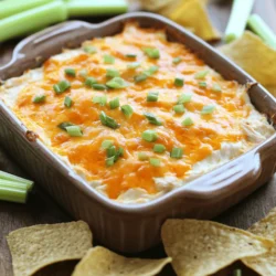 - 2 cups cooked chicken, shredded - 1 package (8 oz) cream cheese, softened - 1/2 cup Greek yogurt - 1/2 cup Buffalo sauce (adjust to taste) - 1 cup shredded cheddar cheese - 1/2 cup crumbled blue cheese (optional) - 1/4 cup green onions, chopped - Salt and pepper to taste - Tortilla chips or celery sticks for serving For the chicken, you can use rotisserie chicken for ease. It shreds nicely and adds great flavor. If you want a lighter option, swap cream cheese for low-fat cream cheese. Greek yogurt adds creaminess and protein. You can also use sour cream if you prefer. For the Buffalo sauce, choose your favorite brand. You can even make your own if you're feeling adventurous! Blue cheese adds a nice tang, but feel free to skip it if you dislike blue cheese. When choosing chicken, look for fresh and high-quality options. If you buy packaged chicken, check for proper packaging and dates. For cream cheese, buy a reputable brand for the best texture. For Buffalo sauce, taste it before buying to ensure it fits your heat level. When picking cheese, go for block cheese over pre-shredded. Block cheese melts better and gives a creamier dip. Lastly, choose green onions that are bright and firm. They add a fresh crunch to your dip. Start by gathering your ingredients. You need cream cheese and Greek yogurt. In a large bowl, mix the softened cream cheese and Greek yogurt. Use a spatula or spoon for this. Blend them until the mix is smooth and creamy. This base will give your dip a rich texture. Next, add the shredded chicken into the bowl. The chicken should be cooked and shredded. Pour in the Buffalo sauce. Stir until every piece of chicken is coated. This sauce brings the heat and flavor. If you like it spicy, feel free to add more sauce. Then, fold in the shredded cheddar cheese and blue cheese if you choose to use it. Finally, mix in half of the chopped green onions for extra flavor. Now it’s time to transfer the mixture to a baking dish. Spread it evenly and smooth the top. For an extra cheesy finish, sprinkle some more cheddar cheese on top. Preheat your oven to 350°F (175°C). Bake the dip for 20 to 25 minutes. You want it bubbly and golden on top. Once baked, let it cool for a few minutes. Just before serving, garnish with the rest of the green onions. Serve with tortilla chips or celery sticks for dipping. Enjoy the creamy and spicy goodness! To get a creamy dip, start with softened cream cheese. I let it sit out for 30 minutes. Mixing it with Greek yogurt also helps. This adds creaminess and a bit of tang. Stir until smooth before adding other ingredients. For an even creamier texture, use full-fat cream cheese. You can also blend the mixture for a few seconds. This will make it extra smooth. Buffalo sauce can be spicy. If you like it mild, start with half a cup. Taste the mixture after you add it. You can always add more sauce if needed. If you want more heat, try adding a dash of cayenne pepper. If you want to cool it down, add more Greek yogurt. This way, you can balance the heat just right. Presentation matters when serving. Use a nice baking dish to show off the dip. I like to sprinkle extra cheddar cheese on top before baking. This gives a great golden look. Right before serving, add chopped green onions on top. Serve it warm with tortilla chips or celery sticks. This makes for a colorful and tasty spread. {{image_2}} You can enhance the flavor of your dip by adding different cheeses. Try using mozzarella for a gooey texture. Provolone adds a nice sharpness. For a richer taste, mix in some gouda. Experiment with your favorites to find the perfect blend. Cheese brings a creamy richness that pairs well with the spicy Buffalo sauce. Want to take your dip to the next level? Add in some sautéed garlic or onions for extra flavor. Chopped jalapeños can bring some heat. You might also try diced tomatoes or bell peppers for a fresh twist. Adding a splash of ranch dressing can balance the spice. Feel free to get creative with ingredients you love. If you want a lighter version, swap out the cream cheese for low-fat cream cheese. You can also use plain Greek yogurt instead of sour cream. This keeps the dip creamy but cuts down on calories. Adding more veggies like spinach or artichokes can bulk it up and add nutrients. Enjoy your dip without the guilt! To store leftover Creamy Buffalo Chicken Dip, let it cool first. Place the dip in an airtight container. This helps keep it fresh. You can store it in the fridge for up to four days. Make sure to label the container with the date. This way, you will know when to use it. When you are ready to enjoy the dip again, you can reheat it easily. Scoop the desired amount into a microwave-safe bowl. Heat it in the microwave for one to two minutes. Stir it halfway through to heat it evenly. If you prefer, you can also reheat it in the oven. Preheat the oven to 350°F (175°C) and bake for about 10-15 minutes. Check until it is warm and bubbly. If you want to save some dip for later, you can freeze it. First, let the dip cool completely. Then, scoop it into a freezer-safe container. Be sure to leave some space at the top for expansion. You can freeze it for up to three months. When you are ready to use it, thaw it in the fridge overnight. Reheat it as mentioned above for a tasty treat. Yes, you can make Creamy Buffalo Chicken Dip ahead of time. Prepare the dip and store it in the fridge. Cover it well to keep it fresh. You can bake it later when you need it. This way, you save time for your party. I recommend serving this dip with tortilla chips or celery sticks. Both options add crunch and balance the creamy dip. You can also try pita chips or carrot sticks for a fun twist. These pairings make your party spread even better. Yes, you can create a vegetarian version of this dip. Substitute the chicken with a can of drained and rinsed beans. You can also use diced bell peppers or mushrooms for texture. This keeps the dip flavorful and satisfying for everyone. We covered all the key steps to make a great Creamy Buffalo Chicken Dip. You learned about selecting quality ingredients, merging flavors, and baking the dip perfectly. Tips for creaminess and serving made this dip shine. Don’t forget the variations to switch it up, and check storage tips to keep leftovers fresh. Enjoy making this tasty dip for your next gathering! It’s sure to impress everyone and make them want more.