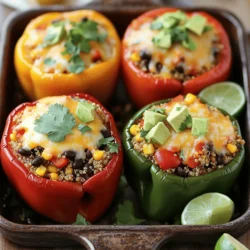 To make these Tex Mex stuffed peppers, you need: - 4 large bell peppers (any color) - 1 cup quinoa, rinsed - 2 cups vegetable broth - 1 can (15 oz) black beans, drained and rinsed - 1 cup corn (fresh or frozen) - 1 cup diced tomatoes (canned or fresh) - 1 teaspoon cumin - 1 teaspoon chili powder - 1/2 teaspoon smoked paprika - 1 cup shredded cheddar cheese (or dairy-free alternative) - Salt and pepper to taste You can mix things up with these optional ingredients: - Fresh cilantro for garnish - 1 avocado, diced (for serving) - Lime wedges (for serving) Each serving of these stuffed peppers has: - Calories: 350 - Protein: 15g - Carbohydrates: 50g - Fat: 10g - Fiber: 12g This dish offers a balanced meal that is both delicious and nutritious. Enjoy the flavors while knowing you are eating well! Start by preheating your oven to 375°F (190°C). Take your bell peppers and slice off the tops. Remove the seeds and membranes from inside. If they don’t sit upright, trim the bottoms slightly. Place the peppers in a baking dish. In a medium saucepan, boil 2 cups of vegetable broth. Once it boils, add 1 cup of rinsed quinoa. Lower the heat and cover the pot. Let it simmer for about 15 minutes. When done, the quinoa should be fluffy and all the liquid absorbed. Grab a large mixing bowl. Add the cooked quinoa, drained black beans, corn, and diced tomatoes. Sprinkle in 1 teaspoon of cumin, 1 teaspoon of chili powder, and 1/2 teaspoon of smoked paprika. Add half of the shredded cheese, and season with salt and pepper. Mix all the ingredients until well blended. Take your filling and spoon it into each bell pepper. Press down gently to pack them full. Once filled, top each pepper with the rest of the cheese. Cover the baking dish with foil and bake for 25 minutes. After that, remove the foil and bake for another 10-15 minutes. The peppers should be soft, and the cheese melted and golden. Once done, let them cool slightly before serving. To cook quinoa well, rinse it first. Rinsing removes bitter flavors. Use two cups of vegetable broth for every cup of quinoa. Bring the broth to a boil before adding the quinoa. Lower the heat and cover the pot. Let it simmer for about 15 minutes. Once done, fluff it with a fork. This method gives you light and fluffy quinoa. Pick firm and shiny peppers. Check for any soft spots or wrinkles. Choose any color you like: red, green, yellow, or orange. Each color has its own taste. Red peppers are sweet, while green peppers are more bitter. Make sure the tops are fresh and green. This shows they are fresh and tasty. Slice the tops off carefully. Remove all seeds and membranes. If needed, trim the bottoms so they stand straight. This helps them bake evenly. Fill the peppers tightly with your mixture. Press the filling down gently. Cover the dish with foil to keep moisture in. Bake at 375°F for 25 minutes. Remove the foil and bake for another 10-15 minutes. This gives you tender peppers with bubbly cheese on top. {{image_2}} You can make these Tex Mex stuffed peppers vegetarian or vegan. To go vegetarian, keep all the ingredients as they are. For vegan, swap the cheese with a dairy-free option. Nutritional yeast also adds a cheesy flavor. You can add extra veggies like zucchini or mushrooms for more texture. These changes keep the dish flavorful and satisfying. If you want to add protein, consider cooked chicken or beef. Ground meat works well too. Just brown it in a skillet before mixing it with the filling. Use about one cup of cooked meat. This change makes the dish heartier and adds more flavor. You can also use shredded rotisserie chicken for a quick option. To change the spice level, adjust the amount of chili powder. For mild peppers, use less chili powder. For a kick, add diced jalapeños or a pinch of cayenne. You can also serve hot sauce on the side. This way, everyone can customize their spice level. Store leftover stuffed peppers in an airtight container. Keep them in the fridge. They can stay fresh for about 3 to 4 days. Make sure they cool down before sealing. If you want to keep them longer, freezing is a great option. To reheat, preheat your oven to 350°F (175°C). Place the stuffed peppers in a baking dish. Cover with foil to keep them moist. Heat for about 20 minutes. You can also use a microwave. Cook on high for about 2 to 3 minutes. Check if they are warm throughout. To freeze, wrap each stuffed pepper tightly in plastic wrap. Then, place them in a freezer-safe bag. They can last for about 2 to 3 months. When you want to eat them, thaw in the fridge overnight. Then, reheat as mentioned above. Enjoy your easy meal! Yes, you can use other grains. Brown rice or couscous works well. Both options have a nice texture. You can also try farro or barley for a different flavor. Just make sure to adjust the cooking time for each grain. Always check the package instructions for best results. These stuffed peppers pair well with many sides. A fresh salad adds crunch and color. You can also serve them with guacamole and tortilla chips. Rice or beans make a hearty complement too. For a drink, try a limeade or soda. These options enhance the meal's flavor and fun. The peppers are done when they are tender. You can test this with a fork. If the fork goes in easily, they're ready. The cheese should be bubbly and golden too. Keep an eye on them to avoid overcooking. Enjoy the warm and flavorful peppers right out of the oven! This blog post covered how to make delicious stuffed peppers. We talked about key ingredients and optional swaps for fun twists. I shared steps for prepping, cooking quinoa, and stuffing the peppers just right. You learned tips for choosing fresh peppers and getting the best out of your dish. Stuffed peppers are easy to make and customize. Explore different styles, and enjoy your meals! With the right storage, they can be a great meal for any day. Now, go ahead and try this recipe!
