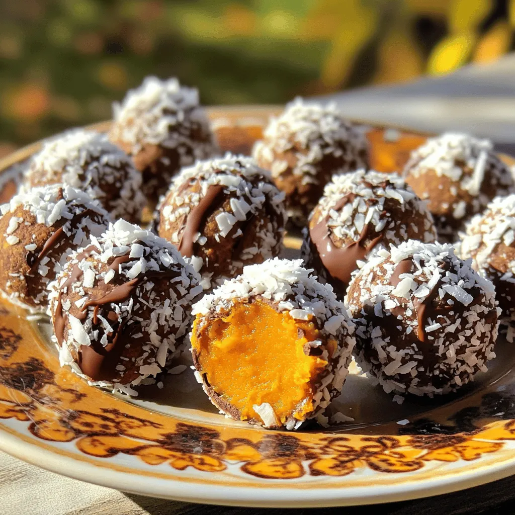 - 1 cup canned pumpkin puree - 1 cup almond flour - 1/2 cup shredded unsweetened coconut - 1/2 cup maple syrup - 1/4 cup cocoa powder - 1 teaspoon vanilla extract - 1/2 teaspoon cinnamon - 1/4 teaspoon nutmeg - Pinch of salt - Extra shredded coconut for rolling You can add a few fun extras to these truffles. Consider using: - Dark chocolate for drizzling - Chopped nuts for a crunchy topping - A pinch of sea salt for contrast Choosing the right ingredients makes a big difference. Here are some tips: - Use pure pumpkin puree, not pumpkin pie filling. - Make sure your almond flour is fresh and finely ground. - If you can't find unsweetened coconut, you can use sweetened, but cut back on maple syrup. - For a nut-free option, substitute almond flour with sunflower seed flour. These choices help you create the best flavor and texture. Enjoy experimenting! Start by gathering all your ingredients. You need 1 cup of canned pumpkin puree, 1 cup of almond flour, and 1/2 cup of shredded unsweetened coconut. Measure out 1/2 cup of maple syrup, 1/4 cup of cocoa powder, and add 1 teaspoon of vanilla extract. Next, grab 1/2 teaspoon of cinnamon, 1/4 teaspoon of nutmeg, and a pinch of salt. In a large mixing bowl, combine all these ingredients. Use a spatula or your hands to mix until you have a smooth dough. The goal is to blend everything well. If you want a sweeter truffle, taste the dough. You can add more maple syrup if needed. Once your mixture is well-blended, it’s time to chill. Place the bowl in the fridge for about 30 minutes. This step helps the dough firm up. A firmer dough makes it easier to scoop and roll into truffles. It’s a simple trick but very effective. After chilling, take the mixture out. Use a tablespoon or a cookie scoop to portion the dough. Roll each portion into a ball about 1 inch in diameter. This part can be fun! Next, roll each ball in extra shredded coconut. This coating adds flavor and texture. Make sure each truffle is evenly coated. Finally, place the truffles on a lined baking sheet. Refrigerate them for at least an hour. This allows them to set and makes them even tastier. To get the right texture for your truffles, mix well. The dough should be smooth and firm. If it feels too sticky, add a little almond flour. If it’s too dry, a touch of pumpkin puree works wonders. Chilling the mixture for 30 minutes helps it set. This makes rolling easier and keeps the truffles from falling apart. Taste your mixture before rolling. If you'd like it sweeter, add more maple syrup. Start with a tablespoon and mix well. Remember, the sweetness can change when chilled. So, taste again after chilling. Finding the perfect balance makes each bite delightful. Make your truffles stand out! Roll them in extra shredded coconut for a fun look. You can place them in small paper cups on a nice plate. For a fancy touch, drizzle melted dark chocolate over the top. This adds flavor and visual appeal. Enjoy showing off your tasty creations! {{image_2}} You can use many different coatings for the truffles. Instead of shredded coconut, try chopped nuts. Almonds, walnuts, or pecans all work well. You can also roll them in cocoa powder for a rich flavor. If you want a colorful twist, use crushed freeze-dried fruits. They add color and taste. Want to mix it up? Add a pinch of sea salt for a sweet-salty taste. You can also mix in some mini chocolate chips for extra chocolatey goodness. A dash of espresso powder can give a nice kick. For a tropical vibe, add a bit of pineapple juice. These small changes can really enhance the flavor! This recipe is already close to vegan and gluten-free. Use maple syrup as your sweetener. Almond flour is naturally gluten-free. Make sure your cocoa powder is also gluten-free. If you need it to be completely vegan, ensure the chocolate coating is dairy-free. These small swaps make the truffles fit many diets! Keep your no-bake chocolate coconut pumpkin truffles in the fridge. Use an airtight container. This keeps them fresh and tasty. They will stay good for about a week. Always check for any signs of spoilage before eating. You can freeze these truffles for longer storage. Place them in a single layer on a baking sheet. After they freeze for a few hours, move them to a freezer-safe bag. They can last up to three months in the freezer. Thaw them in the fridge before serving. When stored properly, these truffles have a great shelf life. In the fridge, they last about seven days. In the freezer, they can be good for three months. Always enjoy them at their best. Yes, you can use other sweeteners. Honey or agave syrup work well. You can also try stevia for a low-calorie option. Just remember to adjust the amount based on sweetness level. Taste as you go to find your perfect balance. To make these truffles vegan, simply use maple syrup. This recipe is already dairy-free. Make sure your cocoa powder is vegan too. With these swaps, you can enjoy a tasty treat without animal products. If you need a substitute for almond flour, try oat flour or sunflower seed flour. Both options work well and keep the texture nice. You can also use coconut flour but use less, as it absorbs more liquid. Adjust the moisture in your mix if needed. In this post, we covered key ingredients and clear steps for making truffles. We explored mixing, chilling, and rolling for the best results. I shared tips for perfect texture and sweetness, along with creative presentation ideas. You can also try various flavors and dietary changes. Lastly, I provided storage tips to keep your truffles fresh. With these insights, you're ready to enjoy making delicious truffles that fit your style and needs. Dive in and have fun!