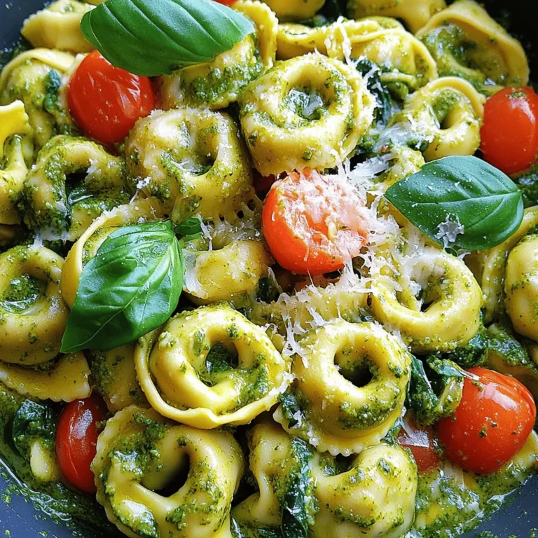 - 12 ounces cheese tortellini (fresh or frozen) - 1 cup heavy cream - 1/2 cup pesto sauce (store-bought or homemade) - 1 cup cherry tomatoes, halved - 1 cup baby spinach - 1/4 cup grated Parmesan cheese - 2 tablespoons olive oil - 2 cloves garlic, minced - Salt and pepper to taste - Fresh basil leaves for garnish Gathering the right ingredients is key for this creamy pesto tortellini. First, you need cheese tortellini, either fresh or frozen. The rich cheese flavor pairs well with the creamy sauce. Next, grab heavy cream to make the dish smooth and rich. You can use store-bought or homemade pesto sauce for a burst of flavor. Cherry tomatoes add a sweet and juicy touch, while baby spinach gives a pop of color and nutrition. Don’t forget the grated Parmesan cheese. It adds depth to the sauce. Olive oil and garlic are essential for sautéing and building flavor. Use salt and pepper to bring everything together. Finally, fresh basil leaves are a must for garnish. They add a fresh note and a beautiful finish. With these ingredients, you’re ready to create a delightful meal. To start, you need to bring a large pot of salted water to a boil. This step is key for flavor. Once the water is boiling, carefully add the cheese tortellini. If you use fresh tortellini, cook it for about 3 to 5 minutes. For frozen tortellini, it may take longer, around 7 to 10 minutes. Keep an eye on it to avoid overcooking. When done, drain the tortellini and set it aside. Remember to save a bit of the pasta water for later. Next, you will prepare the creamy sauce. In a large skillet, heat 2 tablespoons of olive oil over medium heat. Add 2 cloves of minced garlic to the skillet. Sauté the garlic for about 1 to 2 minutes. You want it fragrant but not burnt. Then, pour in 1 cup of heavy cream, stirring it well with the garlic. Bring this mixture to a gentle simmer. Now it’s time to mix all the flavors. Stir in 1/2 cup of pesto sauce into the cream. This adds a burst of flavor. Let this simmer for an additional 2 to 3 minutes. If the sauce gets too thick, add a splash of your reserved pasta water. Next, add the cooked tortellini, along with 1 cup of halved cherry tomatoes and 1 cup of baby spinach. Gently toss everything together until well-coated in that creamy pesto sauce. Let it cook for another 2 to 3 minutes. This way, the spinach wilts down and everything heats through. Finally, sprinkle 1/4 cup of grated Parmesan cheese over the dish. Stir until the cheese melts into the sauce. Season with salt and pepper to taste. Serve with fresh basil leaves for a lovely touch! To make the sauce just right, use pasta water. This water has starch. It helps the sauce stick to the tortellini. If your sauce is too thick, add a little water until it feels smooth. You also want to balance the flavors. Taste the sauce before serving. If it needs more flavor, add salt or pepper. You can also add more pesto if you want a stronger taste. Time matters when cooking tortellini. Fresh tortellini cooks fast, usually 3-5 minutes. Frozen tortellini takes longer, about 7-10 minutes. Always check the package for the best time. Be careful not to overcook the tortellini. If you do, it can become mushy. As soon as it floats, it's often ready. Drain it right away to keep it firm. Garnishing makes your dish pop! Use fresh basil leaves on top for a beautiful look. You can also sprinkle more Parmesan cheese for extra flavor. When serving, use large bowls to show off the creamy pesto tortellini. You can add a side salad or some crusty bread for a complete meal. {{image_2}} You can switch up the pasta to suit your taste. Try penne or farfalle for a new twist. If you need a vegan option, use plant-based cream and vegan cheese. This way, everyone can enjoy creamy pesto tortellini. Want to add some protein? Grilled chicken or shrimp works great. It gives the dish a nice boost. You can also toss in veggies like bell peppers or zucchini. These add color and nutrition. Pair your creamy pesto tortellini with a fresh side salad. A mix of greens, tomatoes, and cucumbers is perfect. For a cozy touch, serve with garlic bread or a warm baguette. These sides make the meal feel complete and satisfying. To store leftovers, first let the tortellini cool down. Then, transfer it to an airtight container. Make sure it is sealed tightly to keep out air. You can store it in the fridge for up to three days. To keep it fresh, avoid adding extra sauce until you reheat it. This helps maintain the right texture. For freezing, use a freezer-safe container or a heavy-duty freezer bag. Portion the tortellini to make thawing easier later. Squeeze out as much air as possible before sealing. You can freeze it for up to three months. When ready to use, place it in the fridge overnight to thaw. Reheat pasta dishes gently to avoid turning them soggy. The best method is to use a skillet. Add a splash of milk or cream and heat on low. Stir often to mix the sauce evenly. If you prefer the microwave, use a microwave-safe bowl. Cover it loosely and heat in short intervals, stirring in between. This keeps your creamy pesto tortellini delicious and enjoyable! The best way to make pesto sauce is to blend fresh basil, garlic, pine nuts, Parmesan cheese, and olive oil. Start with basil and garlic in a food processor. Add nuts and cheese next. Drizzle in olive oil while blending until smooth. Adjust salt and pepper to taste. You can also use a mortar and pestle for a more traditional approach. This method creates a bright, flavorful sauce perfect for many dishes. Yes, you can make creamy pesto tortellini ahead of time. Prepare the dish up to the point of mixing in the tortellini and veggies. Store it in the fridge for up to two days. When ready to serve, heat it on the stove over low heat. Add a splash of water or more cream if it seems too thick. This way, you can enjoy a delicious meal without much work on busy days. To adjust the recipe for larger servings, simply multiply each ingredient by the number of servings you need. For example, if you want to serve eight, use 24 ounces of tortellini and double the other ingredients. Make sure to use a larger pot for cooking and a bigger skillet for mixing. Keep an eye on cooking times, as larger amounts may need slight adjustments to ensure everything cooks evenly. Absolutely! You can use homemade tortellini in this recipe. Just make sure to cook them until they float, which usually takes about 3-5 minutes. Homemade tortellini adds a special touch to your dish. It enhances the flavor and texture, making your creamy pesto tortellini even more delightful. This creamy pesto tortellini dish combines key ingredients like tortellini, heavy cream, and pesto. We explored cooking methods and practical tips to get the best results. Variations let you customize flavors and add protein or veggies. Remember to store leftovers properly and reheat them with care to keep the taste fresh. In cooking, creativity shines. Enjoy trying different flavors and making this dish your own. Happy cooking!