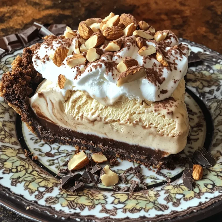 - 1 ½ cups coffee-flavored ice cream, softened - 1 cup crushed chocolate wafer cookies - ½ cup unsalted butter, melted - ½ cup granulated sugar - 1 cup mixed nuts (walnuts and almonds), coarsely chopped - ¼ cup brewed coffee, cooled - 1 teaspoon vanilla extract - Whipped cream for topping - Cocoa powder for dusting You can swap coffee-flavored ice cream for vanilla if you prefer. You can use graham cracker crumbs instead of chocolate wafer cookies for a different taste. If you can't find mixed nuts, use just walnuts or almonds. You can also replace unsalted butter with coconut oil for a dairy-free option. If you need a sweetener alternative, try maple syrup or honey instead of granulated sugar. For a fun twist, add chocolate shavings on top. You can also sprinkle extra crushed nuts for more crunch. Fresh berries like raspberries or strawberries make a colorful addition. A drizzle of chocolate sauce can add a sweet touch. To make the crust, you need a few simple steps. First, grab a mixing bowl. Add 1 cup of crushed chocolate wafer cookies, ½ cup of melted unsalted butter, and ½ cup of granulated sugar. Mix these ingredients well until they look like wet sand. This is your crust mixture. Next, take a 9-inch pie dish. Press the mixture firmly into the bottom and up the sides of the dish. Make sure it is even all around. Now, place the crust in the freezer for about 15 minutes. This helps it set nicely. Now let's prepare the filling. In another bowl, scoop out 1 ½ cups of softened coffee-flavored ice cream. Add ¼ cup of cooled brewed coffee and 1 teaspoon of vanilla extract. Mix everything together until it is smooth and blended well. This coffee ice cream filling will bring rich flavors to your pie. Take your time and ensure it's well combined. After making the crust and filling, it’s time to assemble. Take the crust out of the freezer. Pour the coffee ice cream mixture into the chilled crust. Use a spatula to spread it evenly. This step is key for a nice finish. Next, sprinkle 1 cup of coarsely chopped mixed nuts on top. This adds a great crunch. Finally, cover the pie with plastic wrap. Place it back in the freezer for at least 4 hours. This ensures the ice cream firms up. Once set, your pie is ready to slice and enjoy! To get the best texture, use softened ice cream. This helps it mix well. Blend it with brewed coffee and vanilla. Make sure it is smooth. The crust should be firm but not too hard. Press the cookie mixture well into the pie dish. Freezing the crust for 15 minutes helps it set. Let the pie freeze for at least 4 hours. This ensures a firm slice when served. For serving, slice with a warm knife. This helps cut through the ice cream easily. Top each slice with whipped cream. A light dusting of cocoa powder adds charm. For a fun twist, add chocolate shavings or extra nuts. Serve the pie on a nice plate. This makes it look even better. Pair this dessert with a cup of coffee for a tasty treat. One common mistake is not letting the ice cream soften. If it’s too hard, mixing will be tough. Avoid overmixing the ice cream filling. This can make it too airy and lose texture. Don’t skip freezing the crust. A soft crust can make the pie messy. Lastly, be careful not to add too much coffee. It can overpower the sweet flavor of the ice cream. {{image_2}} You can change the flavor of your ice cream for a new taste. Try vanilla for a classic feel. Chocolate adds a rich sweetness. For a fruity twist, use strawberry or raspberry. If you want something bold, consider espresso-flavored ice cream. Each choice gives a unique spin to your pie. While I love the chocolate wafer crust, you can mix it up. Try using crushed graham crackers for a lighter taste. A cookie crust made from Oreos works well too. For a gluten-free option, almond flour mixed with butter will do the trick. Each crust brings a new flavor and texture. Toppings can take your pie to the next level. Add chocolate shavings for a sweet touch. Fresh fruits, like berries or banana slices, add color and flavor. You can also sprinkle on toasted coconut or crushed candy. If you love crunch, add more mixed nuts or even some toffee bits. Your creativity can shine here! To keep your coffee crumble ice cream pie fresh, wrap it well. Use plastic wrap or foil. Store it in the freezer. This keeps the pie from getting freezer burn. If you have leftovers, make sure to eat them within two weeks for the best taste. If you want to store the pie for a long time, freeze it right after making. Make sure it’s tightly covered. You can also slice the pie before freezing. This way, it’s easy to grab a slice when you crave it. Just remember to wrap each slice well. You don’t need to reheat the ice cream pie. It’s best served cold. To serve, use a warm knife to cut through the pie smoothly. This helps keep the slices neat. Add whipped cream and cocoa powder on top for a lovely finish. Enjoy your dessert delight! Yes, you can use homemade ice cream for this pie. Make sure it is coffee-flavored. The texture of homemade ice cream can be different, so let it soften before mixing. This way, it blends well with the other ingredients. I love using my own recipes for ice cream. It makes the pie taste special and unique. Absolutely! You can try non-dairy ice cream made from coconut or almond milk. These options taste great and work well in this recipe. Just check the flavor. You want a coffee-flavored non-dairy ice cream. This allows everyone to enjoy the pie, even those who avoid dairy. You can store the pie in the freezer for up to two weeks. Wrap it well in plastic wrap to keep it fresh. If you want to enjoy it longer, you can also freeze it in slices. This makes it easy to grab a piece whenever you crave a treat. Just remember to let it sit out for a few minutes before slicing to make it easier. This blog post covered all the key steps to make a delicious ice cream pie. You learned about the needed ingredients, substitutions, and optional garnishes. I guided you through the process of making the crust, preparing the filling, and assembling the pie. We also explored tips for the best texture and storage methods. Remember, you can personalize this pie with different flavors and toppings. Enjoy your creation and share it! Your friends and family will love it. Happy baking!