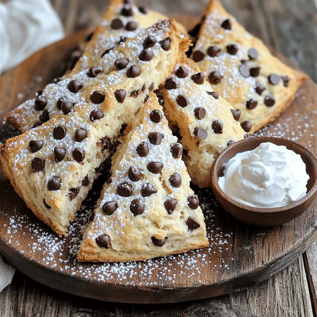 To make bakery-style chocolate chip scones, you will need a few key ingredients. Here’s a simple list: - 2 cups all-purpose flour - 1/4 cup granulated sugar - 1 tablespoon baking powder - 1/2 teaspoon salt - 1/2 cup unsalted butter, cold and cubed - 3/4 cup heavy cream - 1 teaspoon vanilla extract - 1 cup semi-sweet chocolate chips - 1 egg (for egg wash) - Coarse sugar for sprinkling on top These ingredients work together to create a rich and flaky scone. The cold butter is key; it helps make the scones tender. The chocolate chips provide that sweet burst in every bite. Don't forget the coarse sugar on top; it adds a nice crunch. Gather these items, and you’re ready to bake! Start by preheating your oven to 400°F (200°C). This heat is important for a nice rise. Line your baking sheet with parchment paper. This keeps the scones from sticking. In a large mixing bowl, whisk together the dry ingredients. Combine 2 cups of all-purpose flour, 1/4 cup of granulated sugar, 1 tablespoon of baking powder, and 1/2 teaspoon of salt. Make sure they mix well. This step is key for even flavor. Next, add 1/2 cup of cold, cubed unsalted butter to the bowl. Use a pastry cutter or your fingers to work the butter into the flour. Keep mixing until it looks like coarse crumbs. This gives the scones that flaky texture we love. Now, pour in 3/4 cup of heavy cream and 1 teaspoon of vanilla extract. Stir gently until the mixture starts to come together. Be careful not to overmix. Overmixing can make the scones tough. Transfer the dough to a floured surface. Knead it gently a few times. You want it to form a ball. Pat the dough into a circle that is about 1 inch thick. This shape helps the scones bake evenly. Cut the circle into 8 equal wedges. Place the wedges on your prepared baking sheet. Leave some space between each scone. Beat 1 egg and brush it on the tops for a golden finish. Sprinkle coarse sugar on top for some extra crunch. Bake in the preheated oven for about 15-20 minutes. They should be lightly golden when done. Remove them and let them cool slightly before serving warm. To get the right texture, use cold butter. Cold butter helps create flaky layers. It stays solid during mixing, which makes the scones rise well. If the butter is too warm, your scones will not be light and fluffy. Avoiding overmixing is also key. Once you add the cream and vanilla, stir just until combined. If you mix too much, the dough will become tough. This can lead to scones that are dense instead of tender. You can make your scones even more special with added flavors. Try adding 1/2 cup of chopped nuts for a nice crunch. You can also mix in dried fruit, like cranberries or blueberries, for extra sweetness. A pinch of cinnamon can add warmth, too. Serve your scones warm for the best taste. Dust them lightly with powdered sugar for a sweet touch. Arrange them on a nice platter for a beautiful display. You can add a small bowl of whipped cream or clotted cream on the side. This gives a rich, creamy contrast to the scones. Enjoy them with your favorite tea or coffee for a perfect treat. {{image_2}} You can easily change the taste of your scones. Adding fruit or nuts can add fun flavors. Try mixing in fresh blueberries or diced strawberries. These fruits add sweetness and moisture. Nuts like walnuts or pecans add crunch and richness. Just fold in about 1/2 cup of fruit or nuts with your chocolate chips. This will make your scones even more special. If you need gluten-free scones, there are great options. You can use a gluten-free flour blend instead of all-purpose flour. Look for blends that include xanthan gum for a good rise. You can also use almond flour or coconut flour. Just remember, these flours may change the texture. You may need to adjust the liquid in your recipe slightly. Start with less and add more as needed. Switching sweeteners can change the flavor profile. Instead of granulated sugar, you can use brown sugar or honey. Brown sugar gives a deeper, richer taste. If you use honey, reduce the heavy cream slightly. Honey is sweeter than sugar, so you may want to use less. Adjust to your taste and enjoy the new flavor of your scones. To keep your scones fresh, store them in an airtight container. Place parchment paper between layers to prevent sticking. This way, they stay soft and tasty for longer. You can keep them at room temperature for up to two days. If you want to store them longer, consider refrigerating them. When you want to enjoy leftover scones, preheat your oven to 350°F (175°C). Place the scones on a baking sheet. Warm them for about 5-10 minutes. This method keeps them soft and brings back that fresh-baked taste. You can also use a microwave, but the oven is best for texture. Bakery-style chocolate chip scones will stay fresh for about two days at room temperature. If you store them in the fridge, they can last up to a week. For longer storage, freeze them for up to three months. Just remember to wrap them tightly to prevent freezer burn. To make scones less crumbly, add more heavy cream. The liquid helps bind the dough. You can also knead gently. This keeps the texture soft. Avoid overmixing, as this can lead to dryness. Yes, you can freeze the scone dough. Form the dough into a circle and cut it into wedges. Wrap each piece tightly in plastic wrap. Place them in a freezer bag. When ready, bake them straight from the freezer. Just add a few extra minutes to the baking time. You can use milk mixed with butter as a substitute. Combine 3/4 cup of milk with 1/4 cup of melted butter. This gives a similar richness. You can also try coconut cream for a dairy-free option. Yes, scones are best served warm. The chocolate chips stay melty, and the texture is soft. Warm scones pair well with butter or jam. Serve them fresh out of the oven for the best taste. Scones are done when they are lightly golden on top. You can also check by tapping the bottom. It should sound hollow. If they feel firm to the touch, they are ready to come out of the oven. Now you have a complete guide to making delicious scones. We covered the key ingredients, step-by-step instructions, and helpful tips. You learned about flavor variations, storage methods, and answers to common questions. Use this knowledge to bake fresh, perfect scones at home. Enjoy sharing them with family and friends or treating yourself. Happy baking!