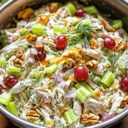 - 2 cups cooked chicken breast, shredded - 1 cup plain Greek yogurt - 1/2 cup celery, finely chopped - 1/2 cup red grapes, halved - 1/4 cup red onion, finely chopped - 1/4 cup walnuts, chopped The base of this Greek yogurt chicken salad is simple yet tasty. Start with 2 cups of cooked chicken breast, shredded into bite-sized pieces. This adds protein and flavor. Next, grab 1 cup of plain Greek yogurt. It gives the salad a creamy texture and a tangy taste. Chop 1/2 cup of celery finely for some crunch. Then, add 1/2 cup of red grapes, halved for sweetness. The grapes balance the dish with a nice pop of flavor. You’ll also need 1/4 cup of red onion, finely chopped, for a bit of zing. Lastly, include 1/4 cup of walnuts, chopped for extra crunch and healthy fats. - 1 tablespoon Dijon mustard - 1 tablespoon honey - 1 tablespoon lemon juice - Salt and pepper to taste - 1 teaspoon fresh dill, chopped (optional) For the dressing, mix 1 tablespoon of Dijon mustard with 1 tablespoon of honey. This combo gives a sweet and tangy flavor. Then, add 1 tablespoon of lemon juice to brighten it all up. Don’t forget to season with salt and pepper to taste. If you like, toss in 1 teaspoon of fresh dill for an herby twist. - Calories per serving: about 300 - Protein: 30g - Fats: 15g - Carbohydrates: 20g Greek yogurt is a great choice for this salad. It is lower in fat than mayonnaise but high in protein. One serving has about 300 calories, making it a healthy meal option. Each serving provides around 30 grams of protein, which helps keep you full. The healthy fats from walnuts are beneficial too. This salad is not just tasty. It also supports your health with its rich nutrients. Greek yogurt promotes gut health while providing calcium. Enjoy this dish knowing it is good for you! - First, combine the shredded chicken and vegetables. In a large bowl, mix the chicken, Greek yogurt, finely chopped celery, halved grapes, chopped red onion, and walnuts. This gives a nice crunch and sweetness. - Next, prepare the dressing in a separate bowl. Mix Dijon mustard, honey, lemon juice, salt, and pepper until smooth. This will add a tangy flavor. - Then, mix ingredients thoroughly. Pour the dressing over the chicken mixture and stir gently. Make sure everything is coated well with yogurt. If you want more flavor, fold in fresh dill at this step. - Chilling the salad before serving is key. Cover the bowl and refrigerate for at least 30 minutes. This helps the flavors blend. - For serving ideas, you can enjoy this salad on a bed of lettuce. It also works well in a sandwich or wrapped in a tortilla. Each option adds a new twist to your meal. - To avoid dry chicken, use cooked chicken breast with moisture. Shredded rotisserie chicken is a great option too. - If you want different flavors, try alternatives to Greek yogurt. Sour cream or avocado can give a creamy texture with a twist. You can make Greek yogurt chicken salad a day ahead. It stays fresh in the fridge for up to three days. To prepare in advance, mix the salad but wait to add grapes. This keeps them crisp. Store the salad in an airtight container to keep it fresh. You can add many fun ingredients to your salad. Try mixing in fresh herbs like parsley or cilantro. Dried fruits, like apples or cranberries, add sweetness. Nuts like almonds or pecans give a nice crunch. To change the flavor, try spices like paprika or curry powder. You can also swap the dressing for ranch or vinaigrette for a new taste. Use a large mixing bowl to combine everything well. A sturdy spatula helps mix the salad without breaking the chicken. For storage, choose airtight containers. Glass containers work best for keeping the salad fresh and safe. {{image_2}} You can change the protein in Greek yogurt chicken salad easily. One great option is using rotisserie chicken. It saves time and adds great flavor. Just shred it and mix it in with the other ingredients. If you want to make it vegetarian, you can use chickpeas or tofu. These options add protein without meat. Simply mash the chickpeas or cube the tofu for a tasty twist. You can have fun with flavors in this salad. For a sweet touch, consider adding diced apples or dried cranberries. They bring a nice crunch and sweetness. If you prefer savory, try adding different herbs or spices. Fresh basil or thyme can change the taste. You can also use a pinch of garlic powder for a bite. You can make this salad fit your diet needs. For low-calorie or low-carb options, reduce the amount of dressing. You can also skip the walnuts if you want fewer calories. If you need it to be gluten-free, check your Dijon mustard. Most are fine, but it’s good to double-check. This way, everyone can enjoy a healthy meal. To keep your Greek yogurt chicken salad fresh, store it in a tight container. Glass or plastic containers work well. Make sure the lid seals tightly to keep air out. This helps the salad stay creamy and flavorful. I recommend eating it within three to four days for best taste. You can freeze Greek yogurt chicken salad, but it may change texture. To freeze, place it in a freezer-safe container. Leave some space at the top for expansion. When you're ready to eat, thaw it in the fridge overnight. Stir it well before serving. You may want to add a bit more yogurt to restore creaminess. In the fridge, your salad lasts about three to five days. If you notice any change in color or smell, toss it out. Signs of spoilage include a sour smell or watery texture. Always trust your senses to keep your meals safe! Yes, you can use canned chicken. It saves time and is easy to use. Just drain and shred the chicken before mixing it into the salad. The flavor might be slightly different, but it will still be tasty. To make a dairy-free version, swap the Greek yogurt for a plant-based yogurt. Look for options made from almond or coconut. You can also use mashed avocado for creaminess. This keeps it rich and flavorful without dairy. If you don't like walnuts, you have options! Try using chopped pecans, sunflower seeds, or even sliced almonds. Each choice adds a different crunch and flavor, making your salad unique. Greek yogurt is generally healthier than mayonnaise. It has less fat and more protein. Greek yogurt also has probiotics, which are good for your gut health. This makes your salad not just creamy but also nutritious. Yes, you can use other types of yogurt. Regular yogurt or low-fat yogurt works well. Just keep in mind that they may change the taste and texture a bit. Greek yogurt gives a thicker and creamier result, which many people prefer. This blog post detailed how to make a tasty Greek yogurt chicken salad. You learned the key ingredients and simple steps for mixing them. We explored tips for customizing your salad and how to store it correctly. Remember, you can adjust flavors and protein sources to fit your taste. Making this salad ahead of time is easy, and it keeps well in the fridge. Enjoy your fresh, healthy meal knowing it’s nutritious and simple to make!