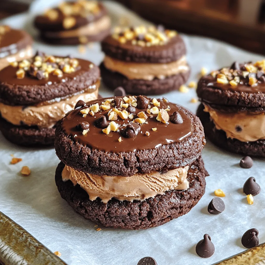 - 1 cup all-purpose flour - 1/2 cup unsweetened cocoa powder - 1/2 teaspoon baking soda - 1/4 teaspoon salt - 1/2 cup unsalted butter, softened - 1/2 cup brown sugar, packed - 1/4 cup granulated sugar - 1 large egg - 1 teaspoon vanilla extract - 1 cup chocolate chips - 2 cups coffee ice cream (or your favorite flavor) - 1/2 cup chopped nuts - 1/2 cup chocolate sprinkles - You can replace all-purpose flour with gluten-free flour. - Cocoa powder can use Dutch-processed cocoa for a richer taste. - Instead of coffee ice cream, try vanilla or mocha-flavored ice cream. - You can swap the granulated sugar with coconut sugar for a slight twist. These ingredients create a rich, chocolatey cookie that pairs well with coffee ice cream. Each bite feels like a special treat. You can play with different flavors to suit your taste. Happy baking! First, you need to preheat your oven to 350°F (175°C). This step warms the oven, so the cookies bake evenly. Next, grab a baking sheet and line it with parchment paper. This paper helps the cookies not stick. Now, take a medium bowl. In it, whisk together the flour, cocoa powder, baking soda, and salt. Make sure there are no lumps. This mix gives the cookies their rich flavor and texture. Set this bowl aside for now. In a larger mixing bowl, beat the softened butter with brown sugar and granulated sugar. Do this until the mix becomes creamy and smooth, which should take about 2-3 minutes. Then, add one large egg and a teaspoon of vanilla extract. Mix well until everything blends together. Slowly add the dry mix to the wet mix. Stir until just combined. Now, fold in the chocolate chips for that delicious burst of chocolate. Using a tablespoon, drop spoonfuls of dough onto the prepared baking sheet. Keep them about 2 inches apart. Bake for 10-12 minutes. The edges should be set, but the centers can be soft. Once the cookies cool on the baking sheet for 5 minutes, transfer them to a wire rack. Wait until they are completely cool. Now, take one cookie, scoop some coffee ice cream onto it, and place another cookie on top to make a sandwich. If you like, roll the edges in chopped nuts or chocolate sprinkles for a fun touch. Enjoy your mocha chip ice cream sandwiches! To get soft and chewy cookies, follow a few simple tips. First, do not overmix the dough. Mix until just combined to keep cookies soft. Second, use room temperature butter. This will help create a creamy mixture. Lastly, bake just until the edges set. This keeps the centers soft and gooey. For the best sandwiches, use slightly softened ice cream. Let it sit for about 10 minutes at room temperature. This makes it easier to scoop and spread. If ice cream is too hard, it may break the cookies. If it’s too soft, the sandwich will fall apart. Find a sweet spot for the perfect bite! When serving mocha chip ice cream sandwiches, presentation matters. Place them on a platter with parchment paper. You can also drizzle chocolate sauce on top for a fun touch. Adding chopped nuts or sprinkles to the edges makes them more appealing. Serve with napkins for a messy but delightful treat! {{image_2}} You can use many ice cream flavors for your sandwiches. Coffee ice cream is a classic choice. However, vanilla, chocolate, and mint chocolate chip also work well. Each flavor adds a unique twist. For a fruity touch, try strawberry or raspberry. You can even mix flavors for extra fun. Just imagine a scoop of coffee and a scoop of vanilla! Get creative with your cookie dough. You can add nuts like walnuts or pecans for crunch. Chocolate chunks will make the cookies even more chocolatey. Try adding a dash of cinnamon or espresso powder for extra flavor. You can also fold in dried fruit for a sweet surprise. The mix-ins will give your cookies a personal touch. If you want a lighter treat, consider some swaps. Use whole wheat flour instead of all-purpose flour. You can also replace butter with applesauce or coconut oil. For sweetness, try using honey or maple syrup in place of sugar. Finally, opt for low-fat or dairy-free ice cream. These changes will keep your treats tasty and a bit healthier. To keep your mocha chip ice cream sandwiches fresh, store them in an airtight container. This helps keep the cookies soft and the ice cream creamy. Place parchment paper between each sandwich to stop them from sticking. If you plan to eat them within a few days, the fridge works well. For longer storage, you should use the freezer. To freeze your ice cream sandwiches, wrap each one in plastic wrap. Then, place them in a freezer-safe bag or container. It’s best to eat them within 1-2 months for the best taste. When you want one, take it out and let it sit for a few minutes. This makes them easier to bite into. If you want to enjoy warm sandwiches, you can reheat them. Place the sandwich in the microwave for 10-15 seconds on a low setting. This warms the cookies without melting the ice cream too much. Serve immediately for a yummy treat. Yes, you can use homemade ice cream. It adds a special touch. Make sure it is soft enough to scoop easily. This way, you can fill the cookies without breaking them. You can make any flavor you like. Think of adding caramel or mint for a twist. To keep cookies soft, do not overbake them. Bake until the edges are set but the centers stay soft. Also, let them cool on the baking sheet for five minutes. This helps them finish cooking without drying out. If you want extra softness, store them in an airtight container. Serve the sandwiches on a nice platter. Lay parchment paper under them for easy cleanup. You can drizzle chocolate sauce on top for flair. Have some extra toppings nearby, like nuts or sprinkles. This allows guests to customize their treats. Yes, you can make the cookies a day in advance. Just store them in an airtight container. This keeps them fresh and soft. You can even freeze the cookies. Just let them thaw before making the sandwiches. This way, you save time on the day of your event. In this post, we covered all you need for making delicious ice cream sandwiches. We explored the best ingredients, step-by-step baking instructions, and tips for the perfect texture. You learned how to store them and answered common questions. Now, you can impress friends and family with your new treat. Enjoy the fun of trying different flavors and mix-ins. You’ll create sweet memories with each bite. Happy baking!