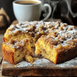 - 2 cups all-purpose flour - 1 cup granulated sugar - 1/2 cup unsalted butter, softened - 1 cup milk - 2 large eggs - 2 tsp baking powder - 1 tsp vanilla extract - 1/2 tsp salt When making the coffee cake, you need simple ingredients. This makes it easy to prepare. All-purpose flour gives the cake structure and texture. Granulated sugar adds sweetness, while unsalted butter brings richness to the batter. Milk helps to keep the cake moist, and eggs act as a binder. Baking powder is important for leavening. Vanilla extract adds a lovely flavor, and salt enhances all the other tastes. - 1/2 cup brown sugar, packed - 1/3 cup all-purpose flour - 1 tsp ground cinnamon - 1/4 cup unsalted butter, melted - 1/4 cup chopped nuts (optional) The streusel topping creates a crunchy layer. Brown sugar gives it a deep, sweet flavor. Adding extra all-purpose flour helps bind the topping. Ground cinnamon brings warmth and spice. Melted unsalted butter combines everything into crumbs. If you like, you can toss in chopped nuts for extra crunch. This topping is a delightful contrast to the soft cake below. - Set temperature to 350°F (175°C) - Prepare the baking pan First, turn on your oven to 350°F (175°C). While it heats, grab a 9x13 inch baking pan. Grease it with butter or non-stick spray. This will keep the cake from sticking. - Mix brown sugar, flour, and cinnamon - Combine with melted butter and add nuts In a medium bowl, mix 1/2 cup of brown sugar, 1/3 cup of flour, and 1 teaspoon of ground cinnamon. Pour in 1/4 cup of melted butter and stir until you see crumbs. If you want, add 1/4 cup of chopped nuts for a nice crunch. - Cream butter and sugar - Mix in eggs, milk, and vanilla In a large bowl, cream 1/2 cup of softened butter and 1 cup of granulated sugar with an electric mixer. Mix until it is light and fluffy, about 3-4 minutes. Then, add in 2 large eggs one at a time. Mix well after each one. Next, pour in 1 cup of milk and 1 teaspoon of vanilla extract. Blend until everything is mixed. - Whisk dry ingredients - Combine wet and dry mixtures In another bowl, whisk together 2 cups of flour, 2 teaspoons of baking powder, and 1/2 teaspoon of salt. Gradually add this dry mix to the wet batter. Stir gently. Do not overmix; a few lumps are okay. - Assemble the cake in the pan - Bake time and toothpick test Pour half of the batter into your greased baking pan. Smooth it out with a spatula. Then, sprinkle half of the streusel topping over it. Pour the rest of the batter on top, and finish with the remaining streusel. Place the pan in the oven and bake for 30-35 minutes. To check if it’s done, insert a toothpick into the center. If it comes out clean, the cake is ready. - Avoiding overmixing: Mix the batter just until combined. A few lumps are okay. Overmixing can make the cake tough. This happens when you beat the batter too much. Keep it gentle for a soft cake. - Ensuring even baking: Rotate the pan halfway through baking. This helps the cake bake evenly. Also, check for doneness with a toothpick. It should come out clean when the cake is ready. - Ideal accompaniments: Serve your coffee cake with a hot cup of coffee. It pairs well with tea too. You can also add fresh fruit on the side for a bright touch. - Presentation ideas: Dust the cooled cake with powdered sugar. It adds a nice look. You can cut it into squares for easy serving. A pretty plate can make it more inviting. - Incorrect ingredient measurements: Always measure your flour and sugar carefully. Too much flour can make the cake dry. Use a kitchen scale for best results. - Not using room-temperature ingredients: Make sure your butter and eggs are at room temperature. This helps them mix better. Cold ingredients can lead to a lumpy batter. {{image_2}} If you need to avoid nuts, it's easy! Just leave out the chopped nuts from the streusel topping. The cake will still be tasty and crunchy without them. This change helps anyone with nut allergies enjoy this treat. You won't lose the yummy texture or flavor. Want to shake things up? You can add chocolate chips to the batter for a sweet twist. Just fold in a cup of chocolate chips after mixing the wet and dry ingredients. This will give your cake a rich, chocolaty flavor. You can also mix in fresh fruit. Blueberries or raspberries work great! Just toss in about a cup of washed and dried fruit into the batter. This adds a burst of flavor and moisture to your cake. If you need a gluten-free cake, you can use gluten-free flour instead of all-purpose flour. Look for a good brand that works well in baking. A mix of almond flour and coconut flour can also work. Make sure to check the package for the right measurements. This way, everyone can enjoy this delicious coffee cake! Store your leftover coffee cake at room temperature for up to three days. Keep it in an airtight container. If your kitchen is warm, put it in the fridge. This helps the cake stay fresh for about a week. You can freeze this coffee cake for longer storage. First, let it cool completely. Cut it into slices or keep it whole. Wrap each piece tightly in plastic wrap. Then, put the wrapped cake in a freezer bag. It will stay good for about three months in the freezer. To reheat your coffee cake, take out a slice and let it sit at room temperature for a few minutes. You can warm it in the microwave for about 15 to 20 seconds. If you prefer, use an oven set to 350°F (175°C) for about 10 minutes. This keeps the cake moist and tasty. Enjoy your warm treat! You can use several egg alternatives for baking. Here are some great options: - Unsweetened applesauce: Use 1/4 cup for each egg. - Mashed banana: Use 1/4 cup for each egg. - Flaxseed meal: Mix 1 tablespoon with 2.5 tablespoons of water. Let it sit for 5 minutes. - Yogurt: Use 1/4 cup of plain yogurt for each egg. These substitutes work well in cakes and add moisture. You can tell if the coffee cake is done by checking a few signs: - Toothpick test: Insert a toothpick into the center. If it comes out clean, the cake is ready. - Golden brown: The top should be a nice golden brown. - Slight spring: Lightly press the top. If it springs back, it’s done. Keep an eye on the baking time to avoid overbaking. Yes, you can make this coffee cake ahead of time. Here’s how: - Baking in advance: Bake and cool the cake completely. - Storing: Wrap it in plastic wrap and store it at room temperature for 2-3 days. - Freezing: You can freeze the cake for up to 2 months. Wrap it tightly in foil. To serve, let it thaw overnight in the fridge. Enjoy it fresh! You now know how to make a tasty coffee cake. We covered the needed ingredients, detailed steps, and helpful tips. Remember, avoid overmixing and use room-temperature ingredients for the best results. You can also try fun variations, like adding chocolate chips or making it gluten-free. Store any leftovers correctly and reheat them well. Baking this cake can be simple and rewarding. Enjoy sharing your delicious creation with family and friends. Happy baking!