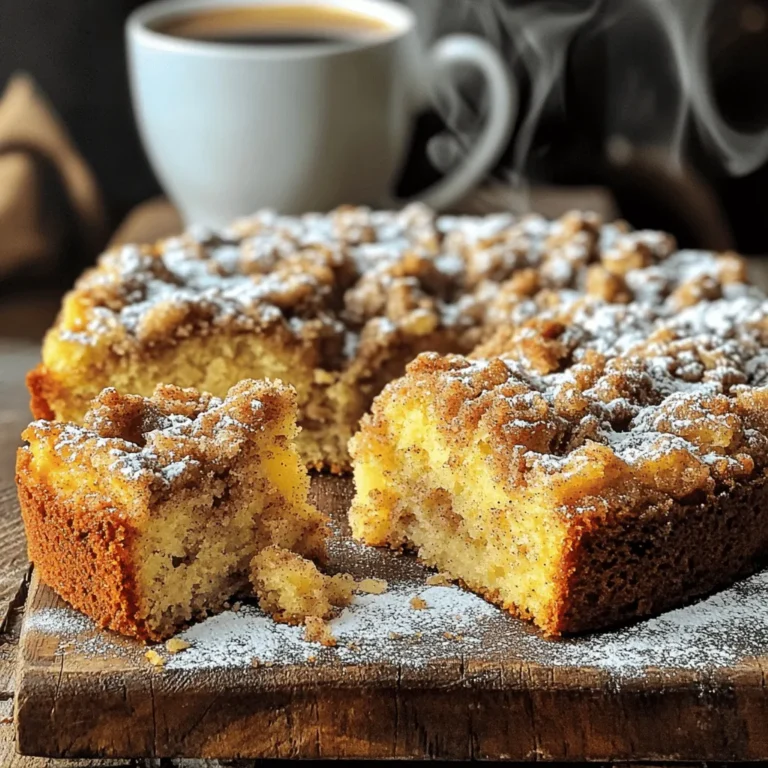 - 2 cups all-purpose flour - 1 cup granulated sugar - 1/2 cup unsalted butter, softened - 1 cup milk - 2 large eggs - 2 tsp baking powder - 1 tsp vanilla extract - 1/2 tsp salt When making the coffee cake, you need simple ingredients. This makes it easy to prepare. All-purpose flour gives the cake structure and texture. Granulated sugar adds sweetness, while unsalted butter brings richness to the batter. Milk helps to keep the cake moist, and eggs act as a binder. Baking powder is important for leavening. Vanilla extract adds a lovely flavor, and salt enhances all the other tastes. - 1/2 cup brown sugar, packed - 1/3 cup all-purpose flour - 1 tsp ground cinnamon - 1/4 cup unsalted butter, melted - 1/4 cup chopped nuts (optional) The streusel topping creates a crunchy layer. Brown sugar gives it a deep, sweet flavor. Adding extra all-purpose flour helps bind the topping. Ground cinnamon brings warmth and spice. Melted unsalted butter combines everything into crumbs. If you like, you can toss in chopped nuts for extra crunch. This topping is a delightful contrast to the soft cake below. - Set temperature to 350°F (175°C) - Prepare the baking pan First, turn on your oven to 350°F (175°C). While it heats, grab a 9x13 inch baking pan. Grease it with butter or non-stick spray. This will keep the cake from sticking. - Mix brown sugar, flour, and cinnamon - Combine with melted butter and add nuts In a medium bowl, mix 1/2 cup of brown sugar, 1/3 cup of flour, and 1 teaspoon of ground cinnamon. Pour in 1/4 cup of melted butter and stir until you see crumbs. If you want, add 1/4 cup of chopped nuts for a nice crunch. - Cream butter and sugar - Mix in eggs, milk, and vanilla In a large bowl, cream 1/2 cup of softened butter and 1 cup of granulated sugar with an electric mixer. Mix until it is light and fluffy, about 3-4 minutes. Then, add in 2 large eggs one at a time. Mix well after each one. Next, pour in 1 cup of milk and 1 teaspoon of vanilla extract. Blend until everything is mixed. - Whisk dry ingredients - Combine wet and dry mixtures In another bowl, whisk together 2 cups of flour, 2 teaspoons of baking powder, and 1/2 teaspoon of salt. Gradually add this dry mix to the wet batter. Stir gently. Do not overmix; a few lumps are okay. - Assemble the cake in the pan - Bake time and toothpick test Pour half of the batter into your greased baking pan. Smooth it out with a spatula. Then, sprinkle half of the streusel topping over it. Pour the rest of the batter on top, and finish with the remaining streusel. Place the pan in the oven and bake for 30-35 minutes. To check if it’s done, insert a toothpick into the center. If it comes out clean, the cake is ready. - Avoiding overmixing: Mix the batter just until combined. A few lumps are okay. Overmixing can make the cake tough. This happens when you beat the batter too much. Keep it gentle for a soft cake. - Ensuring even baking: Rotate the pan halfway through baking. This helps the cake bake evenly. Also, check for doneness with a toothpick. It should come out clean when the cake is ready. - Ideal accompaniments: Serve your coffee cake with a hot cup of coffee. It pairs well with tea too. You can also add fresh fruit on the side for a bright touch. - Presentation ideas: Dust the cooled cake with powdered sugar. It adds a nice look. You can cut it into squares for easy serving. A pretty plate can make it more inviting. - Incorrect ingredient measurements: Always measure your flour and sugar carefully. Too much flour can make the cake dry. Use a kitchen scale for best results. - Not using room-temperature ingredients: Make sure your butter and eggs are at room temperature. This helps them mix better. Cold ingredients can lead to a lumpy batter. {{image_2}} If you need to avoid nuts, it's easy! Just leave out the chopped nuts from the streusel topping. The cake will still be tasty and crunchy without them. This change helps anyone with nut allergies enjoy this treat. You won't lose the yummy texture or flavor. Want to shake things up? You can add chocolate chips to the batter for a sweet twist. Just fold in a cup of chocolate chips after mixing the wet and dry ingredients. This will give your cake a rich, chocolaty flavor. You can also mix in fresh fruit. Blueberries or raspberries work great! Just toss in about a cup of washed and dried fruit into the batter. This adds a burst of flavor and moisture to your cake. If you need a gluten-free cake, you can use gluten-free flour instead of all-purpose flour. Look for a good brand that works well in baking. A mix of almond flour and coconut flour can also work. Make sure to check the package for the right measurements. This way, everyone can enjoy this delicious coffee cake! Store your leftover coffee cake at room temperature for up to three days. Keep it in an airtight container. If your kitchen is warm, put it in the fridge. This helps the cake stay fresh for about a week. You can freeze this coffee cake for longer storage. First, let it cool completely. Cut it into slices or keep it whole. Wrap each piece tightly in plastic wrap. Then, put the wrapped cake in a freezer bag. It will stay good for about three months in the freezer. To reheat your coffee cake, take out a slice and let it sit at room temperature for a few minutes. You can warm it in the microwave for about 15 to 20 seconds. If you prefer, use an oven set to 350°F (175°C) for about 10 minutes. This keeps the cake moist and tasty. Enjoy your warm treat! You can use several egg alternatives for baking. Here are some great options: - Unsweetened applesauce: Use 1/4 cup for each egg. - Mashed banana: Use 1/4 cup for each egg. - Flaxseed meal: Mix 1 tablespoon with 2.5 tablespoons of water. Let it sit for 5 minutes. - Yogurt: Use 1/4 cup of plain yogurt for each egg. These substitutes work well in cakes and add moisture. You can tell if the coffee cake is done by checking a few signs: - Toothpick test: Insert a toothpick into the center. If it comes out clean, the cake is ready. - Golden brown: The top should be a nice golden brown. - Slight spring: Lightly press the top. If it springs back, it’s done. Keep an eye on the baking time to avoid overbaking. Yes, you can make this coffee cake ahead of time. Here’s how: - Baking in advance: Bake and cool the cake completely. - Storing: Wrap it in plastic wrap and store it at room temperature for 2-3 days. - Freezing: You can freeze the cake for up to 2 months. Wrap it tightly in foil. To serve, let it thaw overnight in the fridge. Enjoy it fresh! You now know how to make a tasty coffee cake. We covered the needed ingredients, detailed steps, and helpful tips. Remember, avoid overmixing and use room-temperature ingredients for the best results. You can also try fun variations, like adding chocolate chips or making it gluten-free. Store any leftovers correctly and reheat them well. Baking this cake can be simple and rewarding. Enjoy sharing your delicious creation with family and friends. Happy baking!