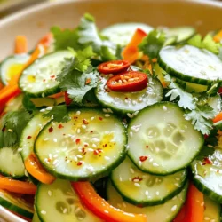 - 2 large cucumbers, thinly sliced - 1 red bell pepper, thinly sliced - 1 carrot, julienned - 1/4 cup red onion, thinly sliced - 1/4 cup fresh cilantro, chopped - 1 tablespoon chili flakes (adjust to taste) - 1 tablespoon sugar - 2 tablespoons fish sauce (or soy sauce for a vegan option) - 2 tablespoons lime juice - 1 tablespoon sesame oil - Salt to taste When you make this salad, use fresh, firm cucumbers. They give a nice crunch. Choose bright red bell peppers for sweetness and color. Use fresh herbs like cilantro for the best flavor. Fresh lime juice is key; bottled juice won’t taste the same. If you're vegan, swap fish sauce for soy sauce. You can also use tamari for a gluten-free option. For added sweetness, you may use maple syrup instead of sugar. If you want less heat, cut back on the chili flakes or leave them out. Start by taking two large cucumbers. Thinly slice them and put them in a big bowl. Add a pinch of salt to the cucumbers. This helps draw out extra water. Let them sit for about ten minutes. After that, use a paper towel to pat them dry. This step keeps your salad from becoming soggy. Next, add a sliced red bell pepper, a julienned carrot, and a quarter cup of thinly sliced red onion to the cucumbers. This mix adds color and crunch to your salad. In a separate small bowl, combine the flavors for your dressing. Start with a tablespoon of chili flakes. Adjust this if you want more or less heat. Then, add a tablespoon of sugar for sweetness. Next, pour in two tablespoons of fish sauce, or soy sauce if you prefer a vegan option. Add two tablespoons of fresh lime juice for a zesty kick. Finally, mix in a tablespoon of sesame oil for richness. Whisk these ingredients together until they blend well. Now, pour the dressing over the cucumber mixture. Gently toss everything together so that all the veggies get coated in the dressing. This helps every bite burst with flavor. Lastly, fold in a quarter cup of chopped fresh cilantro. This adds a lovely herb taste. Let your salad sit for about five to ten minutes before serving. This waiting time allows the flavors to blend nicely. Enjoy your zesty and refreshing spicy Thai cucumber salad! To boost the flavors in your Spicy Thai Cucumber Salad, always use fresh ingredients. Fresh veggies make a big difference. Consider adding a splash of lime juice before serving. It brightens the dish. For an extra layer of flavor, try toasting the sesame oil lightly. This brings out its nutty taste and enhances the overall flavor profile. Spice can make or break this salad! Start with one tablespoon of chili flakes. If you want more heat, add a pinch at a time. Remember, you can always add more, but it’s hard to take it out! For those who prefer less spice, reduce the chili flakes and add a little extra sugar. This balances the heat with sweetness. This salad works great as a side dish or a light meal. Pair it with grilled chicken or shrimp for protein. You can also serve it with jasmine rice for a complete meal. If you want to impress guests, serve it in chilled bowls with extra cilantro on top. This adds a pop of color and makes it look fancy! Enjoy your zesty and refreshing snack. {{image_2}} Spicy Thai Cucumber Salad is great on its own, but you can mix it up! Consider adding cherry tomatoes for a sweet burst. Radishes add a nice crunch and a peppery taste. You can also use zucchini, thinly sliced, for a fresh twist. Green beans, lightly blanched, can give the salad a fun texture. Feel free to get creative with what you have on hand. If you want a more filling salad, adding protein is a great idea. Grilled chicken works well with the flavors. You can also use shrimp, which adds a nice bite. For a vegetarian option, try tofu. Just press and cube it, then toss it in. Chickpeas also make a great addition, packed with nutrients and flavor. These proteins will make your salad a complete meal. To make this salad vegan, use soy sauce instead of fish sauce. This keeps all the flavors without any animal products. Check your sugar too; some brands are not vegan. For gluten-free needs, ensure the soy sauce is gluten-free or use tamari. Always double-check labels for hidden gluten. Enjoy your salad, knowing it fits your diet! After enjoying your Spicy Thai Cucumber Salad, you may have some leftovers. To keep the salad fresh, place it in an airtight container. Make sure to store it in the fridge. This helps maintain its crispness and flavor. If you notice any excess liquid, drain it before storing. This keeps the salad from getting soggy. I recommend using glass or BPA-free plastic containers. These materials help keep your salad safe and fresh. Glass containers are also great for reheating if you decide to warm it up. Avoid metal containers, as they can react with the dressing over time. Your Spicy Thai Cucumber Salad lasts about 2-3 days in the fridge. For the best taste, eat it within this time frame. The flavors will change as it sits, so enjoy it while it’s fresh. To keep it crisp, store ingredients separately if you know you won’t eat it all at once. This way, you can mix them together just before serving. Spicy Thai Cucumber Salad has a bold flavor. It combines sweet, sour, and spicy notes. The cucumbers are fresh and crisp, while the dressing adds a kick. You will taste the lime and fish sauce. The chili flakes give it a nice heat. The red bell pepper and carrot add sweetness and crunch. Together, these flavors create a zesty and refreshing dish that excites your taste buds. Yes, you can make this salad ahead of time. It stays fresh for a few hours in the fridge. However, for the best flavor, serve it right after mixing. If you want to prepare it early, mix the veggies and dressing separately. Combine them just before serving. This way, the cucumbers stay crisp, and the flavors stay bright. Cucumbers are packed with health benefits. They are low in calories and high in water. This keeps you hydrated and helps with digestion. Cucumbers also contain vitamins like K and C. These vitamins support your bones and skin. Plus, their antioxidants help fight free radicals. Adding cucumbers to your diet can boost your overall health while keeping this salad light and refreshing. This article covered how to make a Spicy Thai Cucumber Salad. We discussed the best ingredients, tips for flavor, and veggie variations. You learned how to prep your cucumbers and make a tasty dressing. In my final thoughts, this salad is easy, fresh, and can fit many diets. It’s a great way to enjoy cucumbers with a kick. Enjoy making it and customizing it to your taste!