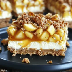 - 1 ½ cups graham cracker crumbs - ½ cup unsalted butter, melted - ¼ cup granulated sugar - 16 oz cream cheese, softened - ½ cup granulated sugar - 2 large eggs - 1 teaspoon vanilla extract - 1 ½ cups apples, peeled and diced (about 2 medium apples) - 1 teaspoon cinnamon - ½ cup all-purpose flour - ½ cup rolled oats - ¼ cup brown sugar - ¼ cup unsalted butter, melted - 1 teaspoon cinnamon - ½ cup caramel sauce (store-bought or homemade) The crust of these bars is simple. I mix graham cracker crumbs, butter, and sugar. This creates a sweet base. The cheesecake filling is rich and creamy. I blend cream cheese with sugar, then add eggs. The apples and cinnamon add a nice touch. For the streusel topping, I combine flour, oats, brown sugar, and butter. This makes a crunchy layer on top. Finally, I drizzle caramel sauce over the finished bars. Each bite offers a mix of creamy, crunchy, and sweet flavors. These ingredients come together to make a delightful treat perfect for any occasion. First, set your oven to 325°F (160°C). This heat helps cook the bars just right. Line an 8x8-inch baking pan with parchment paper. Leave some paper hanging over the sides. This makes it easy to lift the bars out later. In a bowl, mix 1 ½ cups of graham cracker crumbs, ½ cup of melted butter, and ¼ cup of sugar. Combine well. Press this mix into the bottom of your pan. Bake for 10 minutes. Take it out and let it cool for a bit. Take a large bowl and add 16 oz of softened cream cheese and ½ cup of sugar. Beat them together until smooth. Add 2 large eggs, one by one, mixing well after each. Stir in 1 teaspoon of vanilla extract next. Peel and dice about 2 medium apples until you have 1 ½ cups. Toss them in a small bowl with 1 teaspoon of cinnamon. Gently fold this apple mix into your cheesecake batter. Make sure it is spread evenly. Pour the cheesecake mixture over your cooled crust. Spread it out evenly. This helps ensure every bite is creamy and delicious. In another bowl, combine ½ cup of all-purpose flour, ½ cup of rolled oats, ¼ cup of brown sugar, and ¼ cup of melted butter. Add 1 teaspoon of cinnamon too. Mix until it looks crumbly. Sprinkle this mixture over the cheesecake layer. Place your pan in the oven and bake for 35-40 minutes. Look for the center to be set, while the edges should turn a light golden color. Once baked, let your cheesecake cool at room temperature for about 30 minutes. Then, put it in the fridge for at least 2 hours. Before serving, drizzle ½ cup of caramel sauce over the top. Cut the chilled bars into squares. Serve them with an extra drizzle of caramel if you like. Each bite will be a sweet and creamy treat! To make a great crust, use fresh graham cracker crumbs. If you want, you can crush the crackers yourself. Mix them well with melted butter and sugar. Press this mix down firmly in the pan. Bake it for just 10 minutes to set it. Let it cool a bit before adding the filling. For a smooth cheesecake filling, use softened cream cheese. Beat it well with sugar until creamy. Add eggs one at a time and mix after each addition. This helps to avoid lumps. Toss in the apples with cinnamon before folding them into the batter. This adds flavor and texture. Make the streusel topping crunchy by mixing flour, oats, and brown sugar. Use melted butter and cinnamon for great taste. Mix until you see crumbs. Don’t worry if it looks loose; it will bake nicely. Sprinkle this topping evenly over the cheesecake layer for the best results. For the caramel drizzle, you can use store-bought or homemade caramel sauce. If you want to make it from scratch, heat sugar in a pan until it melts. Add cream slowly and stir until smooth. Drizzle it over the cheesecake bars after they cool. It adds a sweet finish that everyone loves. {{image_2}} You can change the flavor of these bars easily. Try using pumpkin puree in place of apples for a fall twist. Blend in some chocolate chips for a rich, sweet touch. You can also use other fruits like pears or berries. Each choice gives a new flavor and vibe to the bars. Toppings add fun to your bars. Try adding chopped nuts for crunch. Walnuts or pecans work great. You can sprinkle chocolate chips on top for a sweeter taste. Another option is to add a sprinkle of sea salt with the caramel drizzle. This gives a nice contrast to the sweetness. If you need gluten-free options, swap the graham cracker crumbs for gluten-free crumbs. Many stores sell these. Use gluten-free oats for the streusel topping. Just make sure all other ingredients are gluten-free. This way, everyone can enjoy the bars without worry. To keep your caramel apple streusel cheesecake bars fresh, place them in an airtight container. You can store them in the fridge for up to five days. Make sure the bars are completely cool before sealing them. This helps preserve their flavor and texture. You can freeze these cheesecake bars, too! First, cut them into squares and wrap each piece in plastic wrap. Then, place the wrapped bars in a freezer-safe bag. They can stay in the freezer for up to three months. When you want to enjoy them, just thaw them in the fridge overnight. If you prefer warm cheesecake bars, you can gently reheat them. Place a square in the microwave for about 15 to 20 seconds. Check to see if it’s warm enough for you. Be careful not to overheat, as this can change the texture. Enjoy your treat warm or cold! Yes, you can! Other fruits work well, too. Try pears or berries for a twist. Just remember to adjust the spices to match your fruit. Look for a firm center and lightly golden edges. The bars should not jiggle when you shake the pan. Absolutely! You can make these bars a day ahead. Just chill them in the fridge until you are ready to serve. No worries! You can use crushed cookies or even crushed nuts instead. Just ensure they are finely ground for a good crust. These bars last about five days in the fridge. Keep them covered to maintain freshness. You learned about each step to make delicious cheesecake bars. We covered crust, filling, streusel, and caramel. I shared tips to make your bars perfect, no matter your taste. You can try fun variations and store leftovers well. Remember, it’s okay to experiment with flavors. Enjoy your baking and sharing with friends. These cheesecake bars can be a hit at any gathering. Use this guide to create a treat everyone will love. Happy baking!