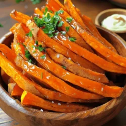 - Sweet Potatoes - Olive Oil - Pure Maple Syrup - Cinnamon - Garlic Powder - Salt and Pepper - Fresh Parsley Health Benefits of Sweet Potatoes Sweet potatoes are packed with vitamins like A and C. They help support your immune system and skin health. They are high in fiber, which aids digestion and keeps you feeling full. Their natural sweetness makes them a great choice for healthy snacks. Advantages of Olive Oil Olive oil is a healthy fat. It can reduce your risk of heart disease. It contains antioxidants that fight inflammation. Using olive oil in cooking adds flavor and health benefits to your meals. Nutritional Value of Maple Syrup Pure maple syrup is a natural sweetener. It has vitamins and minerals like manganese and zinc. It offers a lower glycemic index than refined sugar. This means it affects blood sugar less, making it a better option in moderation. - Preheating the Oven Begin by preheating your oven to 425°F (220°C). This heat is key for crispy fries. Line a baking sheet with parchment paper. This step makes for easy cleanup. - Preparing Sweet Potato Fries Take two large sweet potatoes. Cut them into thin fries, about a quarter-inch thick. This size helps them cook evenly. Place the fries in a large bowl. - Combining Ingredients In the bowl with sweet potato fries, add three tablespoons of olive oil. Next, pour in two tablespoons of pure maple syrup. Add one teaspoon of cinnamon and one teaspoon of garlic powder. Don't forget to sprinkle salt and pepper. Toss everything together. Make sure the fries are coated well. - Baking the Fries Spread the fries out on the prepared baking sheet. Keep them in a single layer. This allows them to get nice and crispy. Bake in the oven for 20-25 minutes. Flip them halfway through cooking. When they are golden brown, they are ready. - Drizzling Extra Maple Syrup Once the fries are done, take them out of the oven. Let them cool for a few minutes. Drizzle a little extra maple syrup on top. This adds a sweet touch. - Garnishing with Parsley Finally, chop some fresh parsley. Sprinkle it over your fries for color and flavor. Enjoy your delicious maple glazed sweet potato fries! - Proper Spacing on Baking Sheet Spread the fries in a single layer. If they touch, they will steam. This will make them soggy instead of crispy. - Importance of Flipping Fries Flip the fries halfway through baking. This helps them cook evenly and get golden brown on all sides. - Adding Spice Combinations You can mix in spices for more taste. Try adding paprika for heat or nutmeg for warmth. Experiment with your favorites! - Suggestions for Dipping Sauces Pair these fries with tasty dips. A spicy aioli or a tangy yogurt dip can add a fun twist. You can also try a sweet chili sauce for a kick. - Pairing with Other Dishes These fries fit well with grilled meats or fish. They also work great alongside salads for a full meal. - Presentation Ideas for Serving Serve the fries in a rustic wooden bowl or on a slate platter. Add a small dish of dipping sauce on the side for a beautiful touch. {{image_2}} You can swap maple syrup for honey or agave nectar. Both work great. Honey brings a floral taste. Agave nectar adds a mild sweetness. Adjust the amount to your liking. Use the same amount as maple syrup in the recipe. Spices can change the flavor of your fries. For a savory twist, try paprika. Mix it with garlic powder for depth. If you prefer sweet, nutmeg is a lovely choice. It pairs well with maple syrup. Just add a pinch to your mix for warmth. You can cook these fries in different ways. - Air Fryer Instructions: Preheat your air fryer to 400°F (200°C). Place the coated fries in a single layer. Cook for 15-20 minutes, shaking halfway through. This method gives you crispy fries with less oil. - Grilling Sweet Potato Fries: Preheat your grill to medium heat. Place the fries in a grill basket or on foil. Grill for 10-15 minutes, turning occasionally. This adds a smoky flavor and beautiful grill marks. Experiment with these variations to find your favorite! To keep your fries fresh, let them cool first. Place them in an airtight container. You can store them in the fridge for up to three days. Make sure to put a paper towel in the container. This helps absorb moisture and keeps fries crisp. To reheat, the oven is your best friend. Preheat it to 400°F (200°C). Spread the fries on a baking sheet. Heat them for about 10-15 minutes. This method helps them regain their crispy texture. You can also use an air fryer. Set it to 350°F (175°C) and heat for about 5-7 minutes. Freezing is a great option if you have extra fries. First, let them cool completely. Spread them in a single layer on a baking sheet. Freeze for 1-2 hours until firm. Once frozen, place them in a freezer bag. They will last for up to three months. When ready to eat, thaw them in the fridge overnight. Then, reheat using the oven method for the best results. To make sweet potato fries crispier, follow these tips: - Cut the fries thinly. Thin fries cook more evenly and become crisp. - Soak the cut fries in cold water for at least 30 minutes. This step removes excess starch. - Dry the fries well before cooking. Moisture can make them soggy. - Use enough olive oil. It helps create a crispy outer layer. - Spread the fries in a single layer on the baking sheet. Overcrowding leads to steaming, not crisping. - Flip the fries halfway through cooking. This ensures even browning on both sides. Yes, you can use other types of potatoes. Regular potatoes like Russets work well too. They have a higher starch content, which can lead to crispier fries. Here are some options: - Yukon Gold potatoes are creamy and flavorful. - Red potatoes have a waxy texture and hold their shape well. Just remember, cooking times may vary based on the type of potato used. Yes, maple syrup is a healthier option compared to many other sweeteners. It has some benefits: - Maple syrup contains minerals like manganese and zinc. - It has a lower glycemic index than refined sugar, which means it affects blood sugar more slowly. - Maple syrup is less processed than many sweeteners, retaining more nutrients. However, use it in moderation, as it still has sugar. Sweet potato fries are tasty and healthy. They use simple ingredients like sweet potatoes, olive oil, and maple syrup. You learned how to prepare, cook, and store them. Tips for crispiness and flavor can help you impress guests. Plus, you can try different spices and cooking methods for variety. Remember, these fries are not just a side dish; they can be a fun snack too. Enjoy making them your own with unique flavors and pairings. Healthy eating can be delicious and enjoyable!