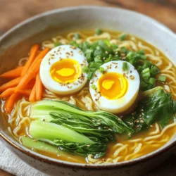 To make a delicious Miso Ginger Ramen, you will need the following main ingredients: - 4 cups vegetable broth - 2 tablespoons miso paste (white or yellow) - 1 tablespoon soy sauce - 1 tablespoon fresh ginger, grated - 2 cloves garlic, minced - 2 packs of ramen noodles - 1 cup baby bok choy, halved - 1 carrot, julienned - 1 tablespoon sesame oil - Salt and pepper to taste These ingredients create a rich and savory broth that perfectly complements the ramen noodles and vegetables. Jammy eggs add a creamy texture to the ramen. For the jammy eggs, you only need: - 2 soft boiled eggs Cooking them just right gives you that perfect runny yolk which enhances the dish. Garnishes can take your ramen to the next level. Consider these optional add-ins: - Chopped green onions - Sesame seeds for garnish These toppings not only add flavor but also make your ramen look beautiful. Feel free to get creative with other garnishes, like chili flakes or nori! Start by heating sesame oil in a large pot over medium heat. Once hot, add minced garlic and grated ginger. Sauté them for one minute until they smell great. Next, pour in four cups of vegetable broth. Bring this mix to a gentle simmer. Now, stir in two tablespoons of miso paste and one tablespoon of soy sauce. Make sure the miso dissolves fully. Let it simmer for five to seven minutes to mix all the flavors well. While the broth simmers, bring a small pot of water to a boil. Carefully add two eggs and boil them for six to seven minutes. This gives you jammy yolks. Once cooked, place the eggs in an ice bath for a few minutes. This step helps with peeling. Back to the broth! Add one cup of halved baby bok choy and one julienned carrot. Cook them in the broth for two to three minutes until they soften. Then, add the ramen noodles. Cook according to the package instructions, usually three to four minutes. Once done, taste the broth and adjust with salt and pepper. After the eggs have cooled, gently peel them. Cut each egg in half to reveal the soft yolk inside. This is the perfect touch for your ramen. Now, it's time to serve! Divide the ramen, bok choy, and carrots into two bowls. Place the jammy egg halves on top of each bowl. Finally, garnish with chopped green onions and a sprinkle of sesame seeds. Enjoy your delicious homemade miso ginger ramen! To get the perfect jammy eggs, timing is key. Start by boiling your water. Once it’s at a rolling boil, gently add the eggs. Boil them for 6 to 7 minutes. This gives you that soft, runny yolk. After boiling, quickly place the eggs in an ice bath. This stops the cooking process and makes peeling easier. When they are cool, gently tap the eggs to crack the shell. Peel them slowly to avoid tearing the white. Enjoy that delightfully creamy yolk! Your broth is the heart of this ramen. To boost its flavor, use high-quality vegetable broth. Miso paste adds depth, so pick a good one. White or yellow miso works best. You can also add a splash of soy sauce for umami. Fresh ginger and garlic bring warmth and zest. For an extra kick, try adding a teaspoon of chili paste or flakes. These small changes can elevate your dish into something special. No matter your skill level, this recipe is easy to follow. Start by prepping all your ingredients. Chop the bok choy and carrots in advance. This makes cooking faster and smoother. When cooking, keep an eye on your broth. Stir occasionally to prevent sticking. Taste your broth before serving. Adjust salt and pepper to your liking. If you want a richer flavor, add more miso. Lastly, don’t rush. Enjoy the process and have fun creating your ramen! {{image_2}} You can easily add protein to your miso ginger ramen. Chicken, shrimp, or tofu work great. To use chicken, cook it in the broth until fully done. For shrimp, add them in the last few minutes to keep them tender. If you prefer tofu, use firm tofu. Cut it into cubes and pan-fry until golden. Then, add it to your ramen for extra flavor and texture. This ramen is easy to adapt for vegetarians and vegans. Just use vegetable broth and skip the eggs. You can replace the eggs with avocado slices for creaminess. Add more veggies like mushrooms or spinach for flavor and nutrition. You can also use miso paste made from soybeans for a completely plant-based dish. Switching up the vegetables can bring new flavors to your ramen. Instead of baby bok choy, try spinach, kale, or snap peas. Each vegetable adds a unique taste. You can also add corn, bell peppers, or mushrooms. Just remember to cook them until they are tender but still crisp, keeping the dish fresh and vibrant. After enjoying your delicious miso ginger ramen, you might have some left. I recommend storing it in an airtight container. Keep the broth and noodles separate if possible. This way, the noodles stay firm and do not get mushy. Store your ramen in the fridge for up to three days. When it's time to eat again, reheat the broth in a pot. This keeps the flavors fresh. You can add a splash of water if it seems too thick. Heat the noodles separately in a bowl of hot water for a few minutes. This way, they regain their texture. Once warmed, combine everything and top with your jammy eggs and garnishes. If you want to save your ramen for later, freezing is a great option. Place the broth in a freezer-safe container. You can also freeze the cooked noodles, but they may get softer. For best results, freeze them separately. Your ramen can last for about one month in the freezer. When ready to eat, thaw the broth in the fridge overnight and reheat as mentioned before. I recommend using white or yellow miso paste for this recipe. White miso has a sweet and mild flavor. Yellow miso is a bit stronger but still pleasant. Both types mix well with the broth and enhance its taste. You can find these in most grocery stores or Asian markets. To make jammy eggs, boil them for exactly 6-7 minutes. I use a timer to be precise. After boiling, place them in an ice bath for a few minutes. This helps stop the cooking. Once cooled, peel the eggs gently. You’ll get a soft, creamy yolk that is perfect for ramen. Yes, you can use instant ramen noodles if you're short on time. They work great and cook quickly. Just follow the package instructions. Instant noodles absorb flavors well, making them a tasty option for this dish. Enjoy the ease of making a delicious meal! You can make a delicious bowl of miso ginger ramen with ease. We covered key ingredients, step-by-step instructions, and helpful tips. You learned how to perfect jammy eggs and enhance the broth's flavor. Don't forget the variations to suit your taste or dietary needs. Proper storage and reheating will keep your ramen fresh and tasty. Dive in, experiment, and enjoy this comforting meal anytime. Embrace your cooking journey and create a dish you'll love to share!