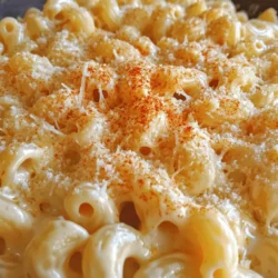 To make Instant Pot Creamy Mac & Cheese, you need a few key ingredients: - 8 oz elbow macaroni - 4 cups water - 1 teaspoon salt - 2 tablespoons butter - 1 cup cheddar cheese, shredded - 1 cup mozzarella cheese, shredded - 1/2 cup cream cheese, softened - 1 teaspoon garlic powder - 1 teaspoon onion powder - 1/2 teaspoon smoked paprika - 1/2 teaspoon black pepper - 1/4 cup grated Parmesan cheese (for topping) These ingredients will create a rich and cheesy meal that is sure to please everyone. You can add some fun extras to make your mac and cheese even better: - Cooked bacon bits for a smoky flavor - Chopped green onions for a fresh bite - Diced tomatoes for a pop of color and taste - Hot sauce for a spicy kick Feel free to mix and match these options to suit your tastes. If you need to swap out some ingredients, here are some easy ideas: - Use penne or shells instead of elbow macaroni. - Swap out cheddar or mozzarella for your favorite cheese. - Try using Greek yogurt instead of cream cheese for a lighter option. - Substitute vegetable broth for water to add more flavor. These changes can help you customize your dish to fit what you have on hand or your dietary needs. First, gather your ingredients. You will need: - 8 oz elbow macaroni - 4 cups water - 1 teaspoon salt - 2 tablespoons butter - 1 cup cheddar cheese, shredded - 1 cup mozzarella cheese, shredded - 1/2 cup cream cheese, softened - 1 teaspoon garlic powder - 1 teaspoon onion powder - 1/2 teaspoon smoked paprika - 1/2 teaspoon black pepper - 1/4 cup grated Parmesan cheese (for topping) Now, measure everything out. This makes cooking easy and fun. Add the elbow macaroni, water, and salt to the Instant Pot. Close the lid and set the valve to sealing. Select the Manual or Pressure Cook button. Set the timer for 4 minutes on high pressure. After the timer goes off, do a quick release. Carefully turn the valve to venting. Open the lid and stir the macaroni. This breaks up any clumps that formed. Next, add the butter, cheddar cheese, mozzarella cheese, and cream cheese to the pot. Sprinkle in the garlic powder, onion powder, smoked paprika, and black pepper. Stir well until the cheeses melt and the mixture becomes creamy. If you want it thicker, select the Sauté function. Cook for an extra 2-3 minutes while stirring. Serve hot and top with Parmesan cheese for extra flavor. Enjoy your creamy mac and cheese! One common mistake is not adding enough water. The pasta needs enough water to cook well. If you add too little, it can burn. Another mistake is not sealing the lid properly. Always check that the valve is set to sealing. If it's not, steam will escape, and the pasta won’t cook right. To get a great cheese blend, use different types of cheese. I love mixing cheddar and mozzarella. Cheddar gives rich flavor, while mozzarella adds creaminess. Make sure to shred your cheese yourself. Pre-shredded cheese has additives that can make it clump. For the best melt, add the cheese slowly after cooking. Using an Instant Pot makes cooking easy. It saves time and effort. A good wooden spoon is great for stirring. A measuring cup helps you add water and cheese accurately. Finally, a heat-resistant spatula can help you scrape the pot clean. These tools make your mac & cheese prep smooth and fun! {{image_2}} You can make mac & cheese your own by adding fun ingredients. Try cooked bacon or diced ham for a savory touch. You could also mix in some broccoli or spinach for extra greens. For spice lovers, jalapeños or hot sauce can add heat. Just stir these add-ins in after the cheese melts. You will love how these flavors blend! Making this dish gluten-free is easy. Just swap out elbow macaroni for gluten-free pasta. Cook it the same way in the Instant Pot. For a dairy-free version, use plant-based cheese and butter. Coconut cream can replace cream cheese for a rich taste. These swaps keep the creamy texture while catering to your needs. The cheese you choose can change the flavor a lot. Cheddar is a classic, but mix it up! Try Monterey Jack for a milder taste. Gouda adds smokiness, while blue cheese packs a punch. You can also use a mix of cheeses for depth. Just remember to keep the total amount the same to maintain creaminess! To store your creamy mac & cheese, let it cool first. Use an airtight container for best results. This keeps your dish fresh and tasty. Place it in the fridge if you want to eat it in a few days. Your mac & cheese will stay good for about 3 to 5 days. When you're ready to enjoy your leftovers, heat them gently. You can use a microwave or the stove. If using a microwave, place it in a bowl and cover it. Add a splash of milk to help keep it creamy. Heat for 1 to 2 minutes, stirring halfway. If using the stove, add the mac & cheese to a pan. Stir in a little milk and warm it over low heat. This method will keep it nice and creamy. If you want to save your mac & cheese for later, freezing is a great option. First, let it cool completely. Then, scoop it into freezer-safe bags or containers. Make sure to remove as much air as you can to prevent freezer burn. It will stay fresh in the freezer for about 2 to 3 months. When you're ready to eat, thaw it overnight in the fridge. Reheat it as mentioned above for the best taste. It takes about 4 minutes to cook mac & cheese in the Instant Pot. First, you add the elbow macaroni, water, and salt to the pot. Close the lid and set the valve to sealing. Then, press the Manual or Pressure Cook button and set it for 4 minutes. After cooking, do a quick release by turning the valve to venting. This makes a creamy and tasty dish fast! Yes, you can use whole wheat or gluten-free pasta in this recipe. If you use whole wheat pasta, the cooking time may stay the same. For gluten-free pasta, check the package for the right cooking time. It might cook faster or slower. Just keep an eye on it to get the best texture. The best cheese for Instant Pot mac & cheese is sharp cheddar. It melts well and gives great flavor. You can also mix in mozzarella for creaminess. Cream cheese adds a nice touch too. Feel free to experiment with other cheeses like gouda or pepper jack for a twist. To sum up, I covered key ingredients for creamy mac & cheese, from essentials to options. I shared easy steps to cook it perfectly in your Instant Pot. You learned tips to avoid common mistakes and enhance flavor. I also included fun variations and smart storage methods. With these insights, you can create a dish that delights everyone. Enjoy the process of making this classic comfort food your own. Happy cooking!