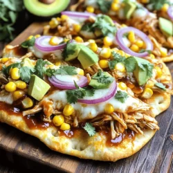 - 2 cups cooked chicken, shredded - 1/2 cup BBQ sauce (your favorite brand) - 4 flatbreads (store-bought or homemade) - 1 cup shredded mozzarella cheese - 1/2 cup red onion, thinly sliced - 1/2 cup corn kernels (fresh or frozen) - 1/4 cup cilantro, chopped (for garnish) - 1 avocado, sliced (optional) - Olive oil for brushing - Salt and pepper to taste For this BBQ Chicken Flatbread, I use simple and fresh ingredients. First, I take shredded chicken. Leftover rotisserie chicken works well too. I mix it with BBQ sauce to give it a sweet and smoky flavor. Next, I grab flatbreads. You can buy them or make your own from scratch. For toppings, I love gooey mozzarella cheese. It melts perfectly on top. I add sliced red onion for a crisp bite. Corn kernels bring a sweet crunch. Fresh cilantro adds color and a burst of flavor. If you want to be extra fancy, slice up some avocado. In terms of cooking essentials, I use olive oil. Brushing it on the flatbreads adds nice flavor and helps them crisp up. I also season with salt and pepper to taste. This simple list makes the BBQ Chicken Flatbread both tasty and easy to whip up. First, set your oven to 400°F (200°C). Preheating is key for the best flatbreads. In a big bowl, take your shredded chicken. Pour in your favorite BBQ sauce. Mix well until every piece is coated. You can add more sauce if you like it saucy. Lay the flatbreads on a baking sheet. I like to use parchment paper for easy cleanup. Brush a light layer of olive oil on each flatbread. This adds flavor and helps them crisp up. Spread the sauced chicken evenly over the flatbreads. Make sure to cover every inch. Next, sprinkle the mozzarella cheese on top. Add sliced red onion and corn for extra taste. Now, it’s time to bake. Place the baking sheet in the oven and let it bake for 10-12 minutes. Keep an eye on it! You want the cheese to melt and bubble. The flatbread edges should turn golden brown. When they are done, take them out of the oven. Garnish with fresh cilantro and avocado slices if you choose. Cut the flatbreads into triangles for easy serving. Enjoy them warm with a side of BBQ sauce for dipping! To enhance your BBQ sauce flavor, start with quality sauce. Choose a sauce that you love. You can add spices to your BBQ sauce. Try garlic powder or smoked paprika for extra depth. Mixing in a bit of honey can balance the tangy flavors. If you want more heat, add chili powder or hot sauce. This adds a kick that pairs well with chicken. For crispy flatbread, brush olive oil on each one. This step helps create a golden brown crust. Use parchment paper to keep them from sticking. Bake them at 400°F (200°C) for 10-12 minutes. Keep an eye on them as they bake. Look for melted cheese and crisp edges. If you want extra crispness, bake a few minutes longer. Flatbreads go well with fresh salad or coleslaw. A light side dish helps balance the rich flavors. For drinks, try iced tea or lemonade. Both pair nicely with BBQ chicken. You can also serve with extra BBQ sauce for dipping. This adds fun to the meal and enhances the flavors. {{image_2}} You can use any cooked chicken you like. Rotisserie chicken works great. It saves time and adds flavor. Simply shred the chicken and mix it with BBQ sauce. Grilled chicken also adds a nice smoky taste. Just make sure to slice it thinly for easy topping. If you want to keep it vegetarian, you can skip the chicken. Try adding grilled veggies like bell peppers or mushrooms instead. For cheese, mozzarella is classic, but you could use gouda or feta for a twist. Both add unique flavors to your flatbread. If you need gluten-free options, look for gluten-free flatbreads. You can also use corn tortillas or cauliflower crusts. Both options work well and taste delicious. Just remember to adjust the baking time to make sure they cook perfectly. To store your BBQ chicken flatbreads, first let them cool. Place them in an airtight container. You can also wrap them in foil or plastic wrap. Store them in the fridge for up to three days. If you want to keep them longer, consider freezing them instead. To reheat flatbreads, the oven works best. Preheat your oven to 350°F (175°C). Place the flatbreads on a baking sheet. Heat them for about 10 minutes. This keeps the crust crispy. You can also use a microwave. Just remember, the crust won’t be as crispy. You can freeze both unbaked and baked flatbreads. For unbaked flatbreads, wrap each one in plastic wrap. Then, place them in a freezer bag. This keeps them fresh for up to three months. For baked flatbreads, let them cool first. Wrap them tightly and freeze. Reheat baked flatbreads straight from the freezer. Just add a few extra minutes to the baking time. You can use any BBQ sauce you love. Popular choices include sweet, smoky, or tangy sauces. Brands like Sweet Baby Ray's or Stubb's offer great flavors. If you prefer homemade, mix ketchup, brown sugar, and vinegar for a quick sauce. Experiment with different sauces to find your favorite. Yes, you can! If flatbreads are not available, try pita bread or naan. Both options offer a soft and chewy base. Tortillas are another choice if you want something thinner. Just keep in mind that cooking times may vary based on the bread you choose. Watch for these signs: the cheese should be melted and bubbly. The edges of the flatbread should turn golden brown. You can also check for a crispy texture when you gently press the edges. Once you see these signs, your flatbread is ready to enjoy! You learned how to make tasty BBQ chicken flatbreads. We discussed key ingredients, like shredded chicken, BBQ sauce, and flatbreads. I gave you step-by-step cooking instructions and tips for perfecting your dish. You'll also find ideas for variations and storage tips. Now, go ahead and create your own flatbread masterpiece! Enjoy the fun of cooking and sharing it with others. It’s simple, delicious, and sure to impress!