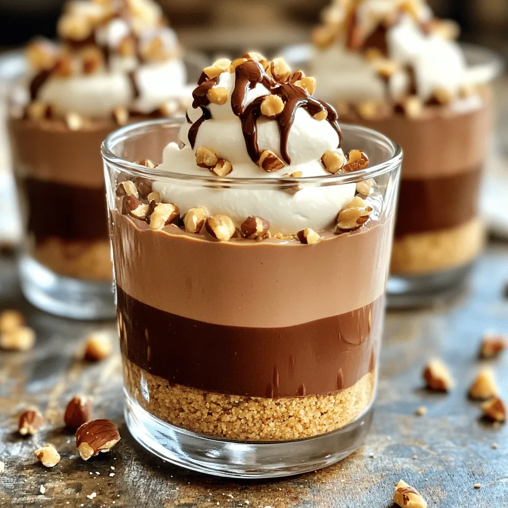 - 1 cup heavy whipping cream - 1 cup chocolate hazelnut spread - ½ cup cream cheese, softened - 2 tablespoons powdered sugar - 1 teaspoon vanilla extract - ½ cup chopped toasted hazelnuts - 1 cup crushed graham crackers - 2 tablespoons unsalted butter, melted You can swap heavy whipping cream with coconut cream for a dairy-free treat. Use almond cream cheese if you want a vegan option. Instead of powdered sugar, try using granulated sugar. If you don't have graham crackers, crushed cookies work too. You can also use any nut butter in place of chocolate hazelnut spread, but it will change the flavor. When you choose chocolate hazelnut spread, look for one with minimal ingredients. The best spreads use real hazelnuts and cocoa. For cream, pick a brand with a high-fat content. This will help your mousse stay rich and creamy. Always select fresh nuts for the best crunch. Check for a nice golden color and a crisp texture. To start, gather your crushed graham crackers and melted butter. In a mixing bowl, mix the crushed graham crackers with the melted butter. Use a fork to blend until the crumbs look wet. This step helps form a solid base. Next, take your serving cups or small glasses. Spoon the graham cracker mix into each cup. Press it down firmly to create a sturdy crust. Set the cups aside while you make the mousse. Now, let's make the mousse! Grab a large mixing bowl and whip the heavy cream. Beat it until soft peaks form. Be careful not to overwhip, or it may turn grainy. In another bowl, mix the chocolate hazelnut spread, softened cream cheese, powdered sugar, and vanilla extract. Stir until the mix is smooth and well combined. Next, gently fold the whipped cream into the chocolate mix. Use a spatula and be gentle to keep the mousse light and airy. Once the mousse is ready, it’s time to assemble! Take your cups with the graham cracker crust. Spoon or pipe the mousse over the crust, filling each cup. Leave a little space at the top for garnish. Finally, sprinkle the chopped toasted hazelnuts on top. This adds crunch and flavor. Chill the mousse cups in the fridge for at least 2 hours. This step helps the mousse set perfectly. Enjoy these delicious no-bake chocolate hazelnut mousse cups! Whipping cream adds a light touch to your mousse. Use cold cream for best results. Start with a clean bowl and beaters. Whip on medium speed until soft peaks form. Be careful; overwhipping can turn your cream grainy. If you see stiff peaks, stop! You want it fluffy, not dry. To keep your mousse airy, gently fold whipped cream into the chocolate mixture. Use a spatula and make slow, sweeping motions. This method helps trap air. Avoid stirring too hard. If you deflate the mixture, your mousse will be dense. Remember, light and fluffy is the goal! Presentation makes these mousse cups special. Use clear cups or small glasses to show off layers. Top with a dollop of whipped cream and some toasted hazelnuts. A drizzle of chocolate sauce also looks nice. Chill them well before serving. Chilled mousse tastes better and holds its shape! {{image_2}} You can change the taste of your mousse cups easily. Try using peanut butter instead of chocolate hazelnut spread. Mix in half a cup of creamy peanut butter with the cream cheese. Or go tropical with coconut! Use coconut cream for a lighter mousse. Just swap the cream cheese for coconut cream. This adds a fun twist! If you want a vegan option, use coconut milk instead of heavy cream. Replace cream cheese with a vegan cream cheese. Choose a plant-based chocolate spread too. For a gluten-free treat, use gluten-free graham crackers. These swaps make the dessert fit many diets. You don’t have to use regular cups for these mousse cups. You can use small jars for a cute look. Chocolate cups are another fun choice. They add an extra layer of flavor! Choose any cup you have at home. Just make sure they can hold the mousse well. To keep your no-bake chocolate hazelnut mousse cups fresh, store them in the fridge. Place them in an airtight container. If you don’t have one, cover each cup with plastic wrap. This will help prevent any odors from other foods in the fridge from affecting the taste. These mousse cups can last in the fridge for about 3 to 4 days. After that, the texture may change. The mousse might lose some of its fluffiness, but it will still taste great. Just check for any off smells or changes in color before you dig in. You can freeze the mousse cups if you want to keep them longer. Just make sure they are in airtight containers. They can last up to a month in the freezer. When you’re ready to enjoy them, thaw them in the fridge overnight. Avoid defrosting them in the microwave as it can ruin the texture. Yes, you can use any chocolate spread you like. Nutella is a popular choice. You might enjoy using a dark chocolate spread for a richer taste. Just remember, different spreads can change the mousse's flavor and texture. To keep your mousse fluffy, don’t overwhip the cream. Stop when soft peaks form. Gently fold the whipped cream into the chocolate mix. Use a spatula and be light-handed. This method helps keep air in the mousse. Yes, you can make these mousse cups ahead of time. Prepare them a day before your event. Just store them in the fridge. They need at least two hours to chill and set. This makes them easy for serving later. Serve these mousse cups cold for the best taste. You can add whipped cream on top for extra fluffiness. A sprinkle of chopped hazelnuts gives a nice crunch. Drizzle some chocolate sauce for a sweet touch. Enjoy them as a treat after dinner! This blog post detailed how to create delicious chocolate hazelnut mousse cups. We discussed the best ingredients, prepared the crust, made rich mousse, and assembled the cups. I shared tips for light and fluffy mousse, plus how to present your dessert. You learned about fun flavor variations and dietary options. Lastly, we covered storage tips to keep your mousse fresh. Enjoy experimenting with these recipes and tips. Your mousse cups will impress everyone!