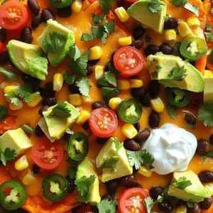 - 2 large sweet potatoes - 1 tablespoon olive oil - 1 cup black beans, drained and rinsed - 1 cup corn kernels - 1 cup shredded cheddar cheese or vegan cheese - 1 avocado, diced - 1 teaspoon paprika - 1 teaspoon garlic powder - Salt and pepper to taste - ½ cup diced tomatoes - ¼ cup green onions, chopped - ¼ cup fresh cilantro, chopped - 1 jalapeño, sliced (optional) - ½ cup Greek yogurt or sour cream Loaded sweet potato nachos are a fun dish. You need a few main ingredients. The star of the show is the sweet potato. You want two large sweet potatoes. They add a nice sweetness and flavor. A tablespoon of olive oil helps crisp them up. Black beans add protein and texture. Make sure to drain and rinse them well. Next, you have additional toppings. Corn kernels bring a nice crunch. Choose fresh or frozen corn, whichever you prefer. Cheese is key too. You can use shredded cheddar cheese or try vegan cheese for a plant-based option. Don’t forget the avocado! Diced avocado adds creaminess. For seasonings, paprika and garlic powder bring out the flavor. Add salt and pepper to make it pop. Fresh ingredients like diced tomatoes, green onions, and cilantro give color and freshness. If you like spice, add jalapeño slices for a kick. Finally, serve it all with Greek yogurt or sour cream on the side. This mix of flavors and textures makes your nachos stand out. Enjoy the process of putting this dish together! - Preheat your oven to 400°F (200°C). - Wash the sweet potatoes well. Slice them into thin rounds, about ¼ inch thick. This size helps them cook evenly and get crispy. - In a large bowl, toss the sweet potato rounds with 1 tablespoon of olive oil, 1 teaspoon of paprika, 1 teaspoon of garlic powder, salt, and pepper. Make sure each slice gets a nice coating. - Arrange the seasoned sweet potato rounds in a single layer on a baking sheet lined with parchment paper. Bake for 20-25 minutes. Halfway through, flip the slices for even cooking. They should be tender and slightly crispy when done. - Once your sweet potatoes are baked, take them out of the oven. Layer the baked sweet potatoes on a large serving platter. - Next, sprinkle 1 cup of black beans, 1 cup of corn, and 1 cup of shredded cheese evenly over the sweet potatoes. - Return the platter to the oven for another 5-10 minutes. This step melts the cheese perfectly. - After the cheese melts, remove the platter. Top with diced avocado, tomatoes, green onions, cilantro, and jalapeño slices if you want some heat. - Serve hot with Greek yogurt or sour cream on the side. Enjoy every bite! To get crispy sweet potatoes, slice them thin. Aim for about ¼ inch thick. This helps them cook evenly. After tossing them with olive oil and spices, spread them out on the baking sheet. A single layer is key for crispiness. Flip the sweet potatoes halfway through baking. This ensures all sides get nice and crispy. For the best melting cheese, go with cheddar. It melts well and adds great flavor. If you want a vegan option, try vegan cheese. When reheating nachos, do it low and slow. Use a low oven setting. This will warm them without making them soggy. Pair your nachos with Greek yogurt or sour cream. Both add creaminess and tang. You can also get creative with toppings. Try adding fresh herbs or spicy jalapeños. For a fun twist, serve them in a bowl or on a wooden board. This makes sharing easy and adds to the fun. {{image_2}} You can make these loaded sweet potato nachos vegan easily. Just swap out the cheese and sour cream. Use plant-based cheese, like cashew or almond cheese. Also, try coconut yogurt or a cashew cream instead of sour cream. These options taste great and keep the dish creamy and rich. Get creative with toppings to make your nachos special. Try adding BBQ sauce for a smoky flavor. You can also layer on sliced jalapeños for some heat. Other great choices include pickled onions or roasted red peppers. Each topping adds a unique twist to the dish. If you want to change things up, switch the base. Instead of sweet potatoes, you can use other veggies. Try sliced zucchini, eggplant, or even regular potatoes. You can also use tortilla chips for a classic nacho feel. Each base gives a different taste and texture to your nachos. To keep your loaded sweet potato nachos fresh, store them in an airtight container. Make sure to let them cool down first. Layer the nachos with parchment paper if you stack them. This will help prevent sogginess. Keep the container in the fridge. They can last for about 3 days. Reheating nachos can be tricky. Use an oven to keep them crispy. Preheat your oven to 350°F (175°C). Spread the nachos on a baking sheet. Heat for about 10 minutes. This will warm them up without making them mushy. Yes, you can freeze sweet potato nachos! However, it’s best to freeze the sweet potatoes and toppings separately. For the sweet potatoes, let them cool and then place them in a freezer bag. Freeze them for up to 3 months. To defrost, take the sweet potatoes out the night before and place them in the fridge. Reheat them in the oven as mentioned earlier. Add fresh toppings after reheating for the best taste. If you need a swap, you can use regular potatoes. Yukon Gold or red potatoes work well. You can also try butternut squash for a sweet, tasty option. Try zucchini for a low-carb version. Each alternative will give a different flavor but can still make great nachos. To add spice, use more jalapeños. Fresh slices or pickled jalapeños both work great. You can also add hot sauce or a sprinkle of cayenne pepper. Spice blends, like chili powder, can boost heat too. For a smoky flavor, chipotle powder is a fun choice. Yes, you can prep the sweet potatoes ahead of time. Slice and season them, then store in the fridge. Bake them just before serving for the best taste. You can also prepare toppings in advance. Keep them in separate containers until you are ready to assemble. In this blog post, we explored how to make delicious loaded sweet potato nachos. We covered the essential ingredients, step-by-step instructions, and helpful tips for perfecting the dish. You learned about variations, storage methods, and answers to common questions. These nachos are not just tasty; they offer a healthy twist on a favorite snack. Enjoy your cooking and get creative with your toppings. You can share these nachos with friends and family for a fun meal.