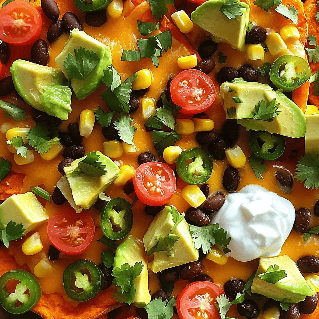 - 2 large sweet potatoes - 1 tablespoon olive oil - 1 cup black beans, drained and rinsed - 1 cup corn kernels - 1 cup shredded cheddar cheese or vegan cheese - 1 avocado, diced - 1 teaspoon paprika - 1 teaspoon garlic powder - Salt and pepper to taste - &frac12; cup diced tomatoes - &frac14; cup green onions, chopped - &frac14; cup fresh cilantro, chopped - 1 jalape&ntilde;o, sliced (optional) - &frac12; cup Greek yogurt or sour cream Loaded sweet potato nachos are a fun dish. You need a few main ingredients. The star of the show is the sweet potato. You want two large sweet potatoes. They add a nice sweetness and flavor. A tablespoon of olive oil helps crisp them up. Black beans add protein and texture. Make sure to drain and rinse them well. Next, you have additional toppings. Corn kernels bring a nice crunch. Choose fresh or frozen corn, whichever you prefer. Cheese is key too. You can use shredded cheddar cheese or try vegan cheese for a plant-based option. Don&rsquo;t forget the avocado! Diced avocado adds creaminess. For seasonings, paprika and garlic powder bring out the flavor. Add salt and pepper to make it pop. Fresh ingredients like diced tomatoes, green onions, and cilantro give color and freshness. If you like spice, add jalape&ntilde;o slices for a kick. Finally, serve it all with Greek yogurt or sour cream on the side. This mix of flavors and textures makes your nachos stand out. Enjoy the process of putting this dish together! - Preheat your oven to 400&deg;F (200&deg;C). - Wash the sweet potatoes well. Slice them into thin rounds, about &frac14; inch thick. This size helps them cook evenly and get crispy. - In a large bowl, toss the sweet potato rounds with 1 tablespoon of olive oil, 1 teaspoon of paprika, 1 teaspoon of garlic powder, salt, and pepper. Make sure each slice gets a nice coating. - Arrange the seasoned sweet potato rounds in a single layer on a baking sheet lined with parchment paper. Bake for 20-25 minutes. Halfway through, flip the slices for even cooking. They should be tender and slightly crispy when done. - Once your sweet potatoes are baked, take them out of the oven. Layer the baked sweet potatoes on a large serving platter. - Next, sprinkle 1 cup of black beans, 1 cup of corn, and 1 cup of shredded cheese evenly over the sweet potatoes. - Return the platter to the oven for another 5-10 minutes. This step melts the cheese perfectly. - After the cheese melts, remove the platter. Top with diced avocado, tomatoes, green onions, cilantro, and jalape&ntilde;o slices if you want some heat. - Serve hot with Greek yogurt or sour cream on the side. Enjoy every bite! To get crispy sweet potatoes, slice them thin. Aim for about &frac14; inch thick. This helps them cook evenly. After tossing them with olive oil and spices, spread them out on the baking sheet. A single layer is key for crispiness. Flip the sweet potatoes halfway through baking. This ensures all sides get nice and crispy. For the best melting cheese, go with cheddar. It melts well and adds great flavor. If you want a vegan option, try vegan cheese. When reheating nachos, do it low and slow. Use a low oven setting. This will warm them without making them soggy. Pair your nachos with Greek yogurt or sour cream. Both add creaminess and tang. You can also get creative with toppings. Try adding fresh herbs or spicy jalape&ntilde;os. For a fun twist, serve them in a bowl or on a wooden board. This makes sharing easy and adds to the fun. {{image_2}} You can make these loaded sweet potato nachos vegan easily. Just swap out the cheese and sour cream. Use plant-based cheese, like cashew or almond cheese. Also, try coconut yogurt or a cashew cream instead of sour cream. These options taste great and keep the dish creamy and rich. Get creative with toppings to make your nachos special. Try adding BBQ sauce for a smoky flavor. You can also layer on sliced jalape&ntilde;os for some heat. Other great choices include pickled onions or roasted red peppers. Each topping adds a unique twist to the dish. If you want to change things up, switch the base. Instead of sweet potatoes, you can use other veggies. Try sliced zucchini, eggplant, or even regular potatoes. You can also use tortilla chips for a classic nacho feel. Each base gives a different taste and texture to your nachos. To keep your loaded sweet potato nachos fresh, store them in an airtight container. Make sure to let them cool down first. Layer the nachos with parchment paper if you stack them. This will help prevent sogginess. Keep the container in the fridge. They can last for about 3 days. Reheating nachos can be tricky. Use an oven to keep them crispy. Preheat your oven to 350&deg;F (175&deg;C). Spread the nachos on a baking sheet. Heat for about 10 minutes. This will warm them up without making them mushy. Yes, you can freeze sweet potato nachos! However, it&rsquo;s best to freeze the sweet potatoes and toppings separately. For the sweet potatoes, let them cool and then place them in a freezer bag. Freeze them for up to 3 months. To defrost, take the sweet potatoes out the night before and place them in the fridge. Reheat them in the oven as mentioned earlier. Add fresh toppings after reheating for the best taste. If you need a swap, you can use regular potatoes. Yukon Gold or red potatoes work well. You can also try butternut squash for a sweet, tasty option. Try zucchini for a low-carb version. Each alternative will give a different flavor but can still make great nachos. To add spice, use more jalape&ntilde;os. Fresh slices or pickled jalape&ntilde;os both work great. You can also add hot sauce or a sprinkle of cayenne pepper. Spice blends, like chili powder, can boost heat too. For a smoky flavor, chipotle powder is a fun choice. Yes, you can prep the sweet potatoes ahead of time. Slice and season them, then store in the fridge. Bake them just before serving for the best taste. You can also prepare toppings in advance. Keep them in separate containers until you are ready to assemble. In this blog post, we explored how to make delicious loaded sweet potato nachos. We covered the essential ingredients, step-by-step instructions, and helpful tips for perfecting the dish. You learned about variations, storage methods, and answers to common questions. These nachos are not just tasty; they offer a healthy twist on a favorite snack. Enjoy your cooking and get creative with your toppings. You can share these nachos with friends and family for a fun meal.