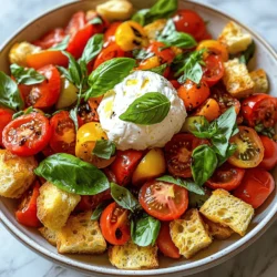 - 4 cups mixed heirloom tomatoes, assorted colors and sizes, chopped - 1 ball (approximately 8 oz) fresh burrata cheese, drained - 1/2 cup fresh basil leaves, torn - 2 cups stale ciabatta bread, cut into 1-inch cubes - 1/4 cup extra-virgin olive oil - 2 tablespoons balsamic vinegar - 1 small red onion, thinly sliced - Salt to taste - Black pepper to taste Tomato Burrata Panzanella Salad shines with fresh ingredients. I love using mixed heirloom tomatoes. Their colors and sizes make the dish pop. You need ripe tomatoes for the best flavor. Burrata cheese adds creaminess. It breaks apart easily and melts into the salad. Fresh basil leaves bring a fragrant touch. For pantry staples, stale ciabatta bread works best. It absorbs the juices from the salad. If you don’t have ciabatta, any crusty bread will do. Extra-virgin olive oil enhances the flavors. Balsamic vinegar adds a tangy kick. In terms of seasoning, red onion provides a sharp bite. Use salt and black pepper to taste. Adjust the seasoning to your liking. Each bite should feel well-balanced and flavorful. These ingredients come together for a delicious, fresh salad. They highlight simple, quality foods. Enjoy the freshness and flavors of each component! 1. Preheat your oven to 400°F (200°C). This heat will help the bread crisp up nicely. 2. Take your stale ciabatta bread and cut it into 1-inch cubes. Place the cubes on a baking sheet. 3. Drizzle half of the olive oil over the bread. Toss the cubes to coat them evenly. 4. Bake the bread cubes for about 10-12 minutes. Look for a golden brown color. The bread should feel crispy. Once done, remove them and let them cool. 1. In a large bowl, combine the chopped mixed heirloom tomatoes, thinly sliced red onion, and torn fresh basil leaves. This mix adds freshness and color. 2. In a small bowl, whisk together the remaining olive oil and balsamic vinegar. This dressing will bring everything together. 3. Pour the dressing over your tomato mixture. Toss gently to combine. Add salt and freshly cracked black pepper to taste. 1. Now it’s time to add the toasted ciabatta cubes to the salad. Toss again so the bread soaks up the juices. 2. Gently tear the burrata cheese into pieces. Distribute it over the salad for a creamy finish. 3. Serve immediately while the bread is still crisp. Enjoy the delightful mix of flavors! Using stale ciabatta is key for this salad. Stale bread soaks up the juices from the tomatoes. This adds flavor and keeps the bread from getting too soggy. Fresh bread can turn mushy too fast. If you can't find ciabatta, try other options. French baguette or sourdough work well. Just make sure it’s a bit dry to hold up in the salad. Seasoning is vital for a great taste. Use good salt and freshly cracked black pepper. They boost the flavors of the tomatoes and burrata. For the dressing, mix olive oil and balsamic vinegar well. This helps the flavors blend. Drizzle it evenly over the salad. Toss gently to avoid breaking the burrata too much. Let the salad sit for a bit before serving. This allows the flavors to meld beautifully. Serving the salad in a large shallow bowl looks stunning. Place the burrata in the center for a nice touch. Garnish with extra basil leaves to make it pop. You can also add a light drizzle of olive oil on top. This enhances the shine and flavor. Use colorful heirloom tomatoes to add visual appeal. The mix of colors makes the dish eye-catching and appetizing. {{image_2}} You can change up your panzanella salad with seasonal swaps. Adding cucumbers gives a fresh crunch. They balance the juicy tomatoes well. You might also try fruits like peaches or avocados. Peaches add sweetness, while avocados give creaminess. Both enhance the flavor and texture of your dish. Don't hesitate to try different cheeses. Mozzarella or goat cheese can work well too. They bring unique flavors and textures. Adding nuts or seeds adds a nice crunch. Think about toasted pine nuts or pumpkin seeds. These additions make your salad more interesting and satisfying. You can switch the dressing for a new taste. A lemon vinaigrette brightens the flavors. A yogurt-based dressing adds creaminess and tang. For protein, consider grilled chicken or chickpeas. These options make the salad a full meal. To store leftover Tomato Burrata Panzanella Salad, put it in an airtight container. This keeps the flavors intact. The salad lasts in the fridge for up to two days. However, the bread may lose its crispness over time. To re-crisp the bread, preheat your oven to 350°F (175°C). Spread the stale bread on a baking sheet and bake for about 5-7 minutes. This helps to restore some crunch. When reassembling the salad, mix the tomatoes, onions, and basil again. Then, add the fresh burrata and drizzle with olive oil. You cannot freeze the entire panzanella salad. The tomatoes and bread do not freeze well. However, you can freeze the stale ciabatta cubes. Store them in a freezer bag. For the tomatoes, chop and freeze them for sauces later. Panzanella is a classic Italian salad. It comes from Tuscany. This dish uses stale bread and ripe tomatoes. It helps reduce waste by using old bread. The salad is fresh and colorful. It often includes onions, basil, and a simple dressing. The bread soaks up the juices of the tomatoes. This makes each bite flavorful and satisfying. Yes, you can make Panzanella ahead of time. To do this, prepare the salad without adding the bread. Mix the tomatoes, onions, and basil with the dressing. You can store this mixture in the fridge for a few hours. When ready to serve, add the toasted bread. This keeps the bread crispy. If you mix it all together too soon, the bread will get soggy. If you can't find burrata, don't worry! You can use fresh mozzarella as a substitute. It has a similar creamy texture but is firmer. Ricotta cheese is another option. It is not as creamy but still adds richness. Feta cheese offers a tangy flavor. It will change the taste but still be delicious. Just choose a cheese you enjoy! In this post, I covered the vibrant world of Panzanella salad. I shared fresh ingredients like heirloom tomatoes and burrata, alongside pantry staples like ciabatta and olive oil. You learned step-by-step instructions to prepare a delicious meal, plus tips to enhance flavor and presentation. Remember, you can make variations with seasonal ingredients and dressings. Store leftovers wisely to keep them fresh. Enjoy creating this salad, and let your taste buds explore its rich flavors!