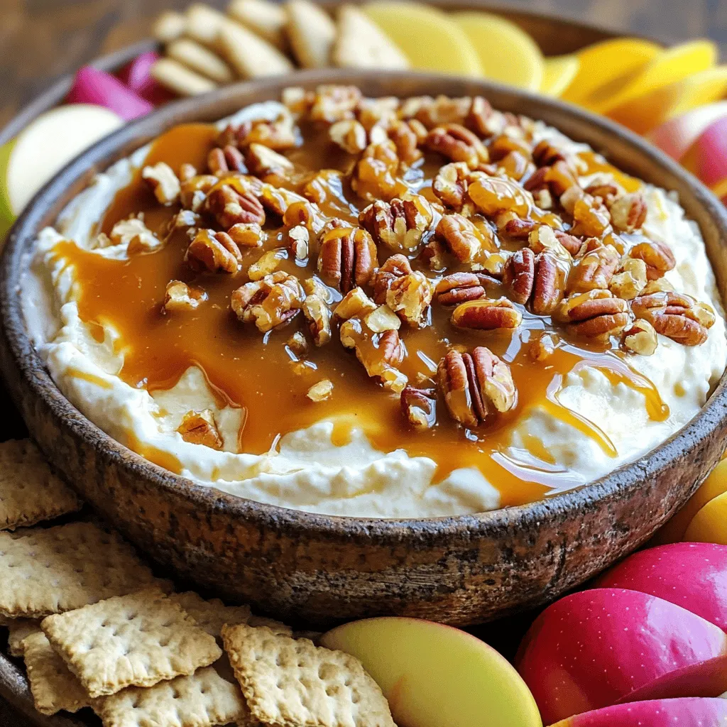 Caramel Pecan Cheesecake Dip is a sweet treat that everyone loves. It combines creamy cheesecake flavors with rich caramel and crunchy pecans. This dip is perfect for any gathering or a cozy night in. You can serve it with graham crackers, apple slices, or pretzels for a fun crunch. - 8 oz cream cheese, softened - 1/2 cup powdered sugar - 1/4 cup brown sugar - 1 teaspoon vanilla extract - 1 cup heavy whipping cream - 1/2 cup caramel sauce (store-bought or homemade) - 1/2 cup pecans, toasted and chopped - Graham crackers, apple slices, or pretzels for dipping If you need alternatives, here are some options: - Swap cream cheese with Greek yogurt for a lighter dip. - Use coconut cream instead of heavy whipping cream for a dairy-free option. - Maple syrup can replace brown sugar for a different sweet flavor. - Almonds or walnuts work well if you don't have pecans. To start, gather your ingredients. You need: - 8 oz cream cheese, softened - 1/2 cup powdered sugar - 1/4 cup brown sugar - 1 teaspoon vanilla extract - 1 cup heavy whipping cream - 1/2 cup caramel sauce - 1/2 cup pecans, toasted and chopped - Graham crackers, apple slices, or pretzels for dipping First, beat the cream cheese in a mixing bowl. Use an electric mixer until it’s smooth and creamy. This step is key for a silky dip. Next, add the powdered sugar and brown sugar. Mix until all is well blended. Then, stir in the vanilla extract. Make sure it spreads evenly throughout the mixture. Now, it’s time to whip the heavy cream. In a separate bowl, beat it until soft peaks form. This adds lightness to your dip. Be gentle when folding the whipped cream into the cream cheese mix. Use a spatula and fold slowly. You want to keep the air in the whipped cream for a fluffy texture. After you blend it, drizzle in half of the caramel sauce. Add half of the chopped pecans too. Fold gently to combine. This gives the dip a nice swirl of flavor. Transfer the dip to a serving bowl. Drizzle the rest of the caramel sauce on top. It adds a sweet finish. Then, sprinkle the remaining chopped pecans over the dip. This adds a nice crunch and looks appealing. Serve it right away with graham crackers, apple slices, or pretzels for dipping. Enjoy your creamy, sweet treat! To get the smoothest dip, start with softened cream cheese. Beat it until creamy. Mix in the powdered sugar and brown sugar slowly. This helps keep the mixture fluffy. When you whip the heavy cream, stop at soft peaks. This adds lightness to your dip. Fold the whipped cream into the cheese mixture gently. This keeps the texture airy and perfect. One big mistake is overmixing. This can make your dip heavy and dense. Another error is not softening the cream cheese enough. Cold cream cheese does not mix well. Always use fresh ingredients. Stale pecans or old cream can ruin the flavor. Lastly, don’t skip the caramel drizzle. It adds flavor and makes it look great! Serve your dip right away for the best taste. Pair it with graham crackers for a classic combo. Apple slices add a nice crunch. Pretzels bring a salty twist that contrasts well. You can also use a fun platter to display your dip. This makes it more inviting for guests. Enjoy the flavors and have fun! {{image_2}} You can change the flavor of your Caramel Pecan Cheesecake Dip easily. Try adding melted chocolate for a rich, sweet twist. Simply mix in 1/2 cup of melted chocolate after you fold in the whipped cream. For a fall treat, mix in 1/2 cup of pumpkin puree and a sprinkle of pumpkin spice. This gives you a creamy, festive dip. While graham crackers are a classic choice, you can get creative with your dippers. Fresh apple slices add a crisp, juicy bite that pairs well with the dip's creaminess. Pretzels bring a fun salty contrast that many enjoy. You can also try vanilla wafers or even cookies for extra sweetness. Each option adds a unique touch to your dessert experience. If you have dietary needs, you can still enjoy this dip. To make it vegan, swap the cream cheese for a vegan cream cheese. Use coconut cream instead of heavy whipping cream for a dairy-free option. For a gluten-free version, choose gluten-free graham crackers or dippers like fruit and pretzels. These changes keep the dip tasty while fitting various diets. To store leftover Caramel Pecan Cheesecake Dip, place it in an airtight container. Cover it tightly to keep out air. Store it in the fridge for up to three days. If you want it to last longer, consider freezing it. You can freeze this dip if you want to save some for later. Use a freezer-safe container. Leave some space at the top, as the dip may expand. When you're ready to enjoy it, thaw it in the fridge overnight. Re-mix it gently before serving. This dip stays fresh in the fridge for three days. After that, its quality may decline. For the best taste, eat it within that time. Always check for any off smells or changes in texture before serving. Follow these tips to enjoy every bite! You can make this dip ahead of time. Prepare the dip and store it in the fridge. Cover it tightly with plastic wrap. It stays fresh for up to two days. Just before serving, drizzle with extra caramel and sprinkle more pecans on top. Yes, you can use low-fat cream cheese and whipped cream. This change can lower the fat content. The dip may have a slightly different texture, but it will still taste great. You might want to add a little more sugar to balance the flavors. You have many tasty options for dipping. Here are some ideas: - Graham crackers - Apple slices - Pretzels - Vanilla wafers - Carrot sticks - Biscotti Each option offers a different taste and texture. Enjoy mixing and matching to find your favorite! In this post, we explored how to make a delicious Caramel Pecan Cheesecake Dip. You learned about the key ingredients and easy steps to prepare it. We shared tips for the perfect texture and common mistakes to avoid. Don't forget the fun flavor variations and storage tips. With these insights, you can create a tasty dip that impresses. Enjoy the process and share your creations with others. Cooking can be fun and rewarding!