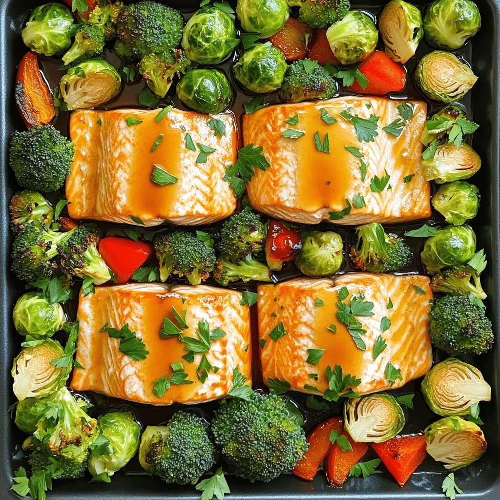 - 4 salmon fillets - 1 cup Brussels sprouts, halved - 2 cups broccoli florets - 1 red bell pepper, sliced For this dish, I love using fresh salmon fillets. They cook quickly and taste great. The mix of Brussels sprouts, broccoli, and red bell pepper adds nice color and flavor. - 1/4 cup maple syrup - 3 tablespoons soy sauce - 3 cloves garlic, minced - 2 tablespoons olive oil The marinade makes this dish shine. Maple syrup gives it sweetness, while soy sauce adds depth. Garlic packs a punch, and olive oil keeps it moist. Mix these together for a rich flavor. - Salt and pepper to taste - Fresh parsley for garnish (optional) Salt and pepper are key for taste. They help balance the sweetness of the maple. Fresh parsley adds a pop of color and brightness. Use it for a lovely finish on your plate. - Preheat your oven to 400°F (200°C). This helps the salmon cook evenly. - Line a baking sheet with parchment paper. This makes cleanup easy. - Place the salmon fillets on one side of the baking sheet. Make sure they have space. - In a bowl, mix maple syrup, soy sauce, garlic, olive oil, salt, and pepper. This is your marinade. - Brush the marinade over the salmon. Let it soak in for great flavor. - In another bowl, combine Brussels sprouts, broccoli, and red bell pepper. - Drizzle the remaining marinade over the veggies. Toss them well to coat. - Spread the veggies on the other side of the baking sheet. Keep them in a single layer. - Bake for 15-20 minutes. Salmon should flake easily with a fork when done. - Check the veggies too. They should be tender and slightly caramelized. - Let the dish cool for a few minutes before serving. - Whisking marinade techniques: Start with a small bowl. Add maple syrup, soy sauce, minced garlic, and olive oil. Use a whisk to mix them well. This helps blend flavors. If you see lumps, keep whisking until smooth. A good mix coats the salmon and veggies evenly. - Ensuring even cooking for vegetables: Cut all vegetables to the same size. This helps them cook at the same rate. Spread them out on the baking sheet. Don’t crowd them; give them space. This allows hot air to circulate and crisp them up nicely. - Plating ideas: For a nice look, place salmon and veggies on separate plates. Drizzle any leftover sauce on top. You can also add a sprinkle of fresh parsley for color. This makes the dish pop and looks inviting. - Recommended side dishes: Pair your meal with rice or quinoa for a full plate. A light salad with lemon dressing works well, too. These sides add freshness and balance the flavors of the salmon and veggies. - Alternative proteins: If you don’t like salmon, try chicken breasts or tofu. Chicken cooks well and soaks up the marinade. Tofu is a great plant-based choice. Press it to remove water for better flavor absorption. - Vegetable swaps: You can use carrots, zucchini, or asparagus instead of broccoli and bell pepper. Just remember to cut them to similar sizes. These alternatives keep the dish colorful and tasty. {{image_2}} For gluten-free options, just swap the soy sauce with tamari. This keeps the flavor without the gluten. Many brands offer gluten-free soy sauce. It’s a simple switch that works well. If you want a vegan adaptation, replace the salmon with firm tofu. Cut the tofu into thick slices, and marinate it just like the salmon. You can also use chickpeas or lentils for protein. These options keep the dish hearty and satisfying. To add more flavor, try spices like paprika or cumin. A sprinkle of red pepper flakes gives it a nice kick. Fresh herbs like thyme or rosemary also work well. Just chop them up and mix them into the marinade. Experiment with sauces too. You can use teriyaki or honey mustard instead of maple syrup. Each sauce brings a unique taste that can change the dish completely. Using seasonal vegetables enhances the dish. In spring, add asparagus or snap peas. Summer is perfect for zucchini or corn. In fall, try sweet potatoes or carrots. Each season brings new flavors and colors to your meal. You can also adapt flavors based on the season. In winter, add warming spices like cinnamon or nutmeg. In summer, keep it fresh with lemon juice or zest. This keeps the dish exciting all year long. To keep your leftover salmon and veggies fresh, store them in an airtight container. Place the salmon in one section and the veggies in another. This helps keep flavors intact. You can refrigerate them for up to three days. If you want to save them longer, freeze the leftovers. Wrap the salmon and veggies separately in plastic wrap, then place them in freezer bags. They can last in the freezer for up to three months. When you are ready to enjoy your leftovers, the best way to reheat them is in the oven. Preheat the oven to 350°F (175°C). Place the salmon and veggies on a baking sheet. Heat them for about 10-15 minutes. This method helps keep the salmon moist and the veggies tender. If you prefer using a microwave, cover the dish with a damp paper towel. Heat in short bursts, checking often to avoid drying them out. In the fridge, your leftovers will stay good for about three days. Check for signs of spoilage before eating. The salmon may develop a strong smell, and the veggies can look dull or slimy. If you notice any of these signs, it’s best to throw them away. Enjoy your meal while it's fresh for the best taste! How long does it take to cook salmon on a sheet pan? It takes about 15 to 20 minutes to cook salmon on a sheet pan. The time may vary based on your oven and the thickness of the salmon. You want the fish to flake easily with a fork when done. Can I use frozen salmon for this recipe? Yes, you can use frozen salmon. However, make sure to thaw it first. This helps the salmon cook evenly and absorb the marinade well. Can I substitute maple syrup for another sweetener? You can use honey or agave syrup as a substitute for maple syrup. Each sweetener has a unique flavor, but they will work in this dish. Adjust the amount to your taste. What’s the best type of vegetables for a sheet pan meal? Great choices for sheet pan meals include Brussels sprouts, broccoli, and bell peppers. You can also try carrots, zucchini, or asparagus. Just make sure the veggies cook well together. What is the best way to tell if salmon is done? The best way to tell if salmon is done is by checking its color. It should turn from a translucent pink to an opaque pink. You can also use a fork to gently flake the fish. If it flakes easily, it’s ready. Can I cook other proteins with the veggies? Yes, you can cook other proteins like chicken or tofu with the veggies. Just make sure to adjust the cooking time based on the protein you use. Always check for proper doneness before serving. In this blog post, we explored how to create a delicious sheet pan salmon dish. We covered essential ingredients, including salmon, fresh veggies, and a tasty marinade. You learned easy prep steps, along with baking and serving tips. Don’t forget to try variations that suit your diet and tastes. I hope you feel inspired to make this simple yet flavorful meal. Cooking can be fun and easy when you have the right steps! Enjoy your culinary adventure with sheet pan salmon!