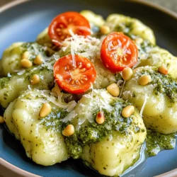 To make creamy pesto gnocchi, you need fresh and simple ingredients that pack a punch. Here is what you'll need: - 1 lb (450g) potato gnocchi - 1 cup fresh basil leaves - 1/2 cup grated Parmesan cheese - 1/3 cup pine nuts (toasted) - 2 cloves garlic, minced - 1/2 cup heavy cream - 2 tablespoons olive oil - Salt and pepper to taste - Cherry tomatoes, halved (for garnish) - Additional Parmesan for serving Each ingredient plays a key role in the flavor and texture of the dish. The potato gnocchi provides a soft and pillowy base. Fresh basil gives a bright, herbal note, while Parmesan adds a savory depth. Toasted pine nuts bring a slightly sweet crunch. The minced garlic adds warmth, and the heavy cream creates a rich sauce. Using good quality ingredients makes a big difference. Fresh basil and real Parmesan elevate the taste. Don’t skip the cherry tomatoes; they add color and a pop of freshness to the plate. Enjoy gathering these items for a delightful cooking experience! - Combining Ingredients in the Food Processor To make the pesto, start by adding fresh basil leaves, toasted pine nuts, grated Parmesan cheese, and minced garlic to your food processor. Pulse the mixture until it is finely chopped. This step releases the vibrant flavors of the basil and garlic. - Drizzling in Olive Oil With the food processor running, slowly drizzle in the olive oil. This helps blend everything into a smooth paste. Taste the pesto and add salt and pepper as needed. Set this bright green mixture aside for later. - Boiling the Water In a large pot, bring salted water to a boil. This step is crucial as it flavors the gnocchi while cooking. - Cooking Time and Signs of Doneness Add the potato gnocchi to the boiling water. They usually take about 2-3 minutes to cook. You’ll know they’re done when they float to the top. Once cooked, drain the gnocchi and set them aside. - Heating the Heavy Cream In a large skillet over medium heat, pour in the heavy cream. Allow it to heat gently until it starts to simmer. - Incorporating the Pesto with the Cream Stir in the prepared pesto into the cream. Mix well until the colors blend beautifully. Let it heat through, which enhances the flavors. - Gently Stirring to Coat Add the cooked gnocchi to the skillet. Gently stir to coat each piece in the creamy pesto sauce. This step ensures every bite is rich and flavorful. - Plating the Gnocchi Using tongs, plate the gnocchi neatly. This makes the dish look inviting and appetizing. - Garnishing with Cherry Tomatoes and Parmesan Finish by garnishing with halved cherry tomatoes and a sprinkle of extra Parmesan cheese. This adds color and freshness to your dish. Enjoy every bite! - Fresh vs. Dried Basil Fresh basil makes a huge difference. It gives your pesto a bright and vibrant taste. Dried basil lacks the same punch. Always choose fresh for this recipe. - Quality of Parmesan Cheese Use good Parmesan cheese. Aged cheese has deeper flavor. This adds richness to your sauce. Grate it yourself for the best results. Pre-grated cheese often has additives that can affect taste. - Avoiding Overcooking Gnocchi Cooking gnocchi is simple, but timing is key. Boil water and add the gnocchi. When they float, they are done. This usually takes about 2-3 minutes. Overcooked gnocchi can become mushy, so stay alert. - Achieving Perfect Creaminess To get a creamy sauce, heat the heavy cream gently. Don’t let it boil hard. Stir in the pesto slowly. This keeps the sauce smooth and prevents separation. - Attractive Plating Techniques For a nice look, twirl the gnocchi on the plate. Use a fork to create a nest shape. This makes the dish inviting and fun to eat. - Adding Colorful Garnishes Garnish with halved cherry tomatoes for color. They add a pop of freshness. A sprinkle of extra Parmesan on top makes it look fancy. A touch of fresh basil can also brighten the dish. {{image_2}} You can switch up the nuts in your pesto. Try walnuts or almonds instead of pine nuts. Each nut brings its own twist to the flavor. If you’re looking for a dairy-free option, use coconut cream instead of heavy cream. This change keeps it rich and creamy without dairy. Adding lemon zest or a splash of lemon juice brightens the dish. The citrus cuts through the creaminess and adds freshness. You can also mix in spinach or arugula for extra greens. These add a nice color and boost the nutrition of your meal. Creamy pesto gnocchi shines as a main dish. Pair it with a salad for a light meal. You can also serve it as a side dish. It goes well with grilled chicken or fish. This makes a lovely plate for dinner guests. After enjoying creamy pesto gnocchi, you may have some leftovers. Place them in an airtight container. This keeps the dish fresh in the fridge for up to three days. Make sure to let it cool down before sealing. When you are ready to eat, reheating is simple. You can use the microwave or a skillet. If using a skillet, add a splash of cream or water. This helps prevent the sauce from getting too thick. Heat it gently over medium heat. Stir often for even warming. For longer storage, you can freeze the gnocchi and sauce separately. First, freeze the gnocchi on a baking sheet in a single layer. Once frozen, transfer them to a freezer bag. This keeps them from sticking together. For the sauce, let it cool and then store it in an airtight container. It can stay in the freezer for up to two months. When you are ready to eat, thaw both the gnocchi and sauce in the fridge overnight. Reheat the sauce in a skillet over low heat. Cook the frozen gnocchi in boiling water until they float. Combine them, and you have a quick, tasty meal! You can make creamy pesto gnocchi in about 25 minutes. This includes 10 minutes of prep time and 15 minutes of cooking. It's a quick meal that doesn't skimp on flavor. Yes, you can make pesto in advance. Just blend the ingredients and store it in the fridge. It stays fresh for about a week. You can also freeze it for longer use. Creamy pesto gnocchi pairs well with a few side dishes. Here are some great options: - A fresh garden salad - Grilled chicken or shrimp - Garlic bread for a tasty crunch Most gnocchi is not gluten-free. Traditional gnocchi uses wheat flour. However, you can find gluten-free gnocchi made with potato or other flours. Always check the package for details. Yes, store-bought pesto works great in this recipe. It saves time and still gives you that delicious pesto flavor. Look for a high-quality brand for the best taste. In this post, we explored a delicious creamy pesto gnocchi recipe. You learned about each ingredient, from potato gnocchi to fresh basil. We covered step-by-step instructions, cooking tips, and presentation ideas. You now have options for variations and storage tips too. Remember, cooking is all about fun and creativity. Don't hesitate to experiment and make this dish your own. Enjoy the flavors and share your tasty results with friends!