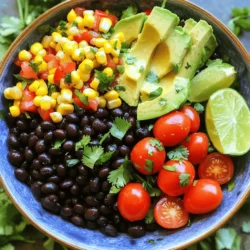 To make the Zesty Black Bean Fiesta Salad, gather these simple ingredients: - 1 can (15 oz) black beans, rinsed and drained - 1 cup corn (fresh, frozen, or canned) - 1 red bell pepper, diced - 1 cup cherry tomatoes, halved - 1/2 red onion, finely chopped - 1 jalapeño, minced (optional) - 1/4 cup cilantro, chopped - 1 avocado, diced - Juice of 2 limes - 2 tablespoons olive oil - 1 teaspoon cumin - 1/2 teaspoon chili powder - Salt and pepper to taste This salad offers a mix of flavors and colors. Each ingredient plays a crucial role. The black beans provide protein and fiber. Corn adds sweetness and crunch. Red bell pepper and cherry tomatoes bring vibrant color and freshness. The red onion gives a nice bite, while jalapeño adds optional heat. Cilantro adds a fresh, herbal note. Avocado brings creaminess and richness. Lime juice and olive oil create a bright dressing. Cumin and chili powder add depth and warmth. Use this list to make sure you have everything ready. Each ingredient works together to create a zesty explosion of flavor. Enjoy the process of gathering and preparing these vibrant ingredients! - Step 1: In a large mixing bowl, combine the rinsed black beans, corn, diced red bell pepper, cherry tomatoes, and chopped red onion. Mix them well to blend the colors and flavors. - Step 2: If you like heat, add the minced jalapeño to the mix. It gives a nice kick to the salad! - Step 3: Gently fold in the diced avocado and chopped cilantro. Be careful not to mash the avocado; we want nice chunks for texture. - Step 4: In a small bowl, whisk together the juice of two limes, olive oil, cumin, chili powder, salt, and pepper. This dressing brings it all together. - Step 5: Pour the dressing over the salad. Toss gently to coat all the ingredients. This ensures every bite is full of flavor. - Step 6: Allow the salad to sit for about 10 minutes. This lets the flavors meld together. You’ll love the freshness when you serve it! To boost flavor, you can add spices like smoked paprika or garlic powder. These spices add depth and warmth to the salad. You can also play with the acidity. Lime juice brightens each bite and adds zest. If you like it tangy, add more lime juice for a fresh kick. For serving, use a large bowl for family-style meals. It looks inviting and allows everyone to dig in. If you want a fancy touch, serve on individual plates. Garnish with extra cilantro and lime wedges. This makes your dish pop and adds color. Chop your ingredients evenly for a great look and texture. Use a sharp knife for smooth cuts. When mixing, fold gently to keep the avocado intact. This keeps your salad looking fresh and beautiful. Take your time; it makes a big difference! {{image_2}} You can easily swap black beans for other beans. Great choices include pinto beans or kidney beans. They add different flavors while keeping the salad hearty. If you want a lighter touch, try chickpeas; they work well, too. For vegetables, consider adding chopped cucumber or diced zucchini. These veggies bring a crisp texture. You can also try black olives for a briny kick. Don’t be afraid to mix and match based on what you have. A vinaigrette can change the flavor profile. Try using red wine vinegar or apple cider vinegar instead. These give a tangy twist. You can also add fresh herbs like oregano or basil for extra flavor. If you like a bit of sweetness, add honey or agave. Just a teaspoon can balance the tanginess of the lime juice. This small change can elevate your salad to new heights. To turn this salad into a meal, add cooked chicken or shrimp. Grilled or roasted chicken adds a smoky flavor. Shrimp can be sautéed with spices for a zesty touch. If you prefer plant-based protein, try adding quinoa or tofu. Both options make the salad filling without meat. This way, you can enjoy a balanced meal packed with nutrients. Store your Zesty Black Bean Fiesta Salad in an airtight container. This keeps it fresh. You can keep it in the fridge for up to three days. After three days, the flavors may fade. The salad may also become a bit soggy. If you notice any strange smells, it's best to toss it out. You can freeze Zesty Black Bean Fiesta Salad, but it may change texture. The avocado and tomatoes might not hold up well. To freeze, use freezer-safe containers. Make sure to leave some space for expansion. When you are ready to eat, let it thaw in the fridge overnight. Reheating is not always needed for this salad. You can enjoy it cold. If you prefer it warm, heat it gently on the stove. Avoid using a microwave, as it can make the ingredients soggy. Heat just until warm, not hot. This way, your salad stays tasty and fresh. What is the best way to serve Zesty Black Bean Fiesta Salad? I love serving this salad in a big bowl. It looks great and is easy to share. You can also serve it on individual plates. Adding lime wedges and extra cilantro on top makes it even better. Can I make this salad in advance? Yes, you can make it ahead of time. Just keep the dressing separate until you are ready to serve. This keeps the salad fresh and crunchy. What are some common pairings with Zesty Black Bean Fiesta Salad? This salad pairs well with grilled chicken or fish. You can also serve it with tortilla chips for a fun crunch. It’s perfect for picnics or BBQs. How do I adjust the heat level? If you like it spicy, add more jalapeño or a dash of hot sauce. If you prefer it milder, skip the jalapeño or use less. What can I serve with this salad for a complete meal? To make it a full meal, try adding grilled chicken or shrimp. You could also serve it with rice or quinoa for extra fiber and protein. Is Zesty Black Bean Fiesta Salad healthy? Yes, this salad is packed with nutrients. It has fiber from black beans and healthy fats from avocado. It’s a great choice for a light meal. What are the caloric values of the main ingredients? Here’s a quick look at the calories for some main ingredients: - Black beans (1 can): ~350 calories - Corn (1 cup): ~130 calories - Avocado (1 medium): ~240 calories - Olive oil (2 tbsp): ~240 calories This makes a healthy and filling salad! Zesty Black Bean Fiesta Salad is a fresh and vibrant dish. You mix black beans, corn, peppers, and tomatoes for a colorful treat. Adding lime juice and spices gives it the perfect zing. You can customize it with different veggies and proteins for variety. Don't forget the tips for serving and storage. Enjoy this salad as a side or a main course. It's healthy and easy to prepare. I hope you try making it and enjoy every bite!