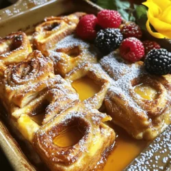 - 2 cans of refrigerated cinnamon rolls (12 rolls each) - 6 large eggs - 1 cup milk (whole or almond milk) - 1/2 cup heavy cream - 1 teaspoon vanilla extract - 1 teaspoon ground cinnamon - 1/4 teaspoon nutmeg - 1/2 cup maple syrup - Optional toppings: powdered sugar, fresh berries When I make Cinnamon Roll French Toast Bake, I love how simple the ingredients are. You can find most of them in your kitchen. The two cans of cinnamon rolls are the stars of this dish. They bring that warm, sweet flavor we all love. The eggs and milk create a custard that makes the rolls soft and creamy. For a richer taste, I add heavy cream. Vanilla and spices like cinnamon and nutmeg enhance the flavor, making it cozy and festive. The maple syrup adds sweetness and pairs well with the cinnamon rolls. Optional toppings like powdered sugar and fresh berries brighten up the dish. They also add a nice touch for serving guests. Gather these ingredients, and you are ready to create a dish that feels like a warm hug! 1. Preheating the oven and greasing the dish Start by preheating your oven to 375°F (190°C). This step is crucial for even baking. While it heats, grease a 9x13 inch baking dish. Use butter or non-stick spray to prevent sticking. 2. Cutting and arranging the cinnamon rolls Open the cans of cinnamon rolls. Each roll needs cutting into quarters. This way, they soak up more of that tasty egg mix. Place the cut pieces evenly in your greased baking dish. Make sure they fit snugly but not too tight. 3. Mixing the egg and cream mixture In a large bowl, gather the eggs, milk, heavy cream, vanilla extract, ground cinnamon, and nutmeg. Whisk them together until smooth. This mix brings richness and flavor to the bake. 1. Pouring the mixture over the rolls Now, pour the egg mixture evenly over the cinnamon roll pieces. Ensure each piece is well coated. This step makes sure every bite is tasty. 2. Drizzling with maple syrup Next, drizzle the maple syrup over the top of the rolls. This adds sweetness and a beautiful glaze. You can use more or less, depending on your taste. 3. Baking time and checking for doneness Place the dish in the oven and bake for 25-30 minutes. Look for a golden brown top. You can insert a toothpick to check if the egg is set. If it comes out clean, it’s ready! 1. Cooling down and finishing touches Once baked, take the dish out of the oven. Let it cool for a few minutes. This short wait helps with cutting and serving. 2. Suggested garnishes For extra flair, dust with powdered sugar. Fresh berries also make a great topping. They add color and freshness to your dish. Enjoy your warm and sweet Cinnamon Roll French Toast Bake! To make the best Cinnamon Roll French Toast Bake, you must soak the cinnamon rolls evenly. This step is key for flavor and texture. When you pour the egg mixture over the pieces, make sure every roll gets coated. A few minutes of soaking helps them absorb the flavors well. Ovens can be tricky. They don’t always heat the same way. You may need to adjust your baking time. If your oven runs hot, check it a few minutes early. The bake should be golden brown and firm in the middle when done. Want to kick up the flavor? Consider adding extra spices. A touch of ginger or a hint of allspice can give it a warm, cozy feel. You can also switch the maple syrup for caramel or honey. Each option adds a unique twist to the dish. Don’t forget about toppings! Fresh fruit like strawberries or blueberries can brighten the bake. A sprinkle of nuts adds crunch and richness. Each choice makes your dish special. This bake is perfect for sharing. It serves about eight people. For smaller gatherings, cut the recipe in half. You can also serve it for special occasions. Think brunch with friends or a cozy family breakfast. Each slice brings smiles and warmth to the table. {{image_2}} You can make this dish your own. Adding fruits like apples or bananas makes it sweeter. Cut the fruit into small pieces and mix them in before pouring the egg mixture. You can also add nuts for a nice crunch. Chopped walnuts or pecans work well. Just sprinkle them over the cinnamon rolls before you add the egg mixture. If you need gluten-free options, you can use gluten-free cinnamon rolls. Many stores sell these now. For a dairy-free version, swap the milk and cream for almond or oat milk. This keeps the dish creamy without the dairy. Always check labels to avoid hidden gluten or dairy. You can easily change this recipe for different seasons. For fall, try adding pumpkin spice to the egg mixture. Use one tablespoon of pumpkin puree and a teaspoon of pumpkin spice. This gives it a warm, cozy flavor. In winter, consider adding a dash of peppermint extract for a festive twist. Enjoy trying different flavors! To store your Cinnamon Roll French Toast Bake, let it cool first. Then, cover it tightly with plastic wrap or foil. You can also place it in an airtight container. This keeps it fresh and prevents it from drying out. For the best taste, eat it within three to four days. If you want to save it for later, you can freeze it. Cut the bake into portions and wrap each piece in plastic wrap. Place them in a freezer bag. This way, you can enjoy a slice whenever you want. When you’re ready to enjoy your leftovers, reheating is easy. You can use the oven or the microwave. If using the oven, preheat it to 350°F (175°C). Place the bake in an oven-safe dish and cover it with foil. Heat for about 15 to 20 minutes. This method helps keep the texture soft and warm. If you use the microwave, place a slice on a microwave-safe plate. Heat for about 30 seconds to 1 minute. Check if it’s warm enough. You can add a little maple syrup on top before reheating for extra flavor. In the fridge, your Cinnamon Roll French Toast Bake will last for about four days. If you freeze it well, it can stay good for up to three months. Just remember to label your frozen portions with the date. This helps you keep track of how long they have been stored. Always check for any signs of spoilage before eating, like odd smells or changes in texture. Enjoy your bake while it’s fresh for the best taste! Can I use different types of bread? Yes, you can use other types of bread. Brioche or challah work well. These breads add a nice flavor and texture. You can also try whole grain bread for a healthier option. How can I make it ahead of time? You can prepare it the night before. Simply follow the recipe and cover it. Place it in the fridge overnight. In the morning, bake it straight from the fridge. This saves you time and makes breakfast easier. Is there a vegan version of this recipe? Yes, you can make a vegan version. Use vegan cinnamon rolls and plant-based milk. Replace eggs with a mixture of flaxseed and water. This keeps the dish tasty and plant-based. What to do if it’s too dry or soggy? If it's too dry, add more milk or cream next time. This will keep it moist. If it's too soggy, bake it a bit longer. Make sure the center is fully cooked. Adjusting sweetness to personal preference You can change the sweetness by adding more or less maple syrup. Taste the egg mixture before pouring it. This way, you can find the perfect balance for your taste. Overview of calories and key nutrients per serving One serving has around 350 calories. It includes about 10 grams of protein and 15 grams of fat. You also get calcium from the milk and eggs. The recipe offers a nice mix of nutrients for a tasty breakfast. This recipe guide shows how to create a tasty cinnamon roll bake. You learned about the ingredients, preparation steps, and baking process. I shared tips for enhancing flavor and suggested fun variations. You can store leftovers and reheat them later. Whether for a holiday or a simple brunch, this dish fits all occasions. Now, get ready to impress everyone with this delicious treat!