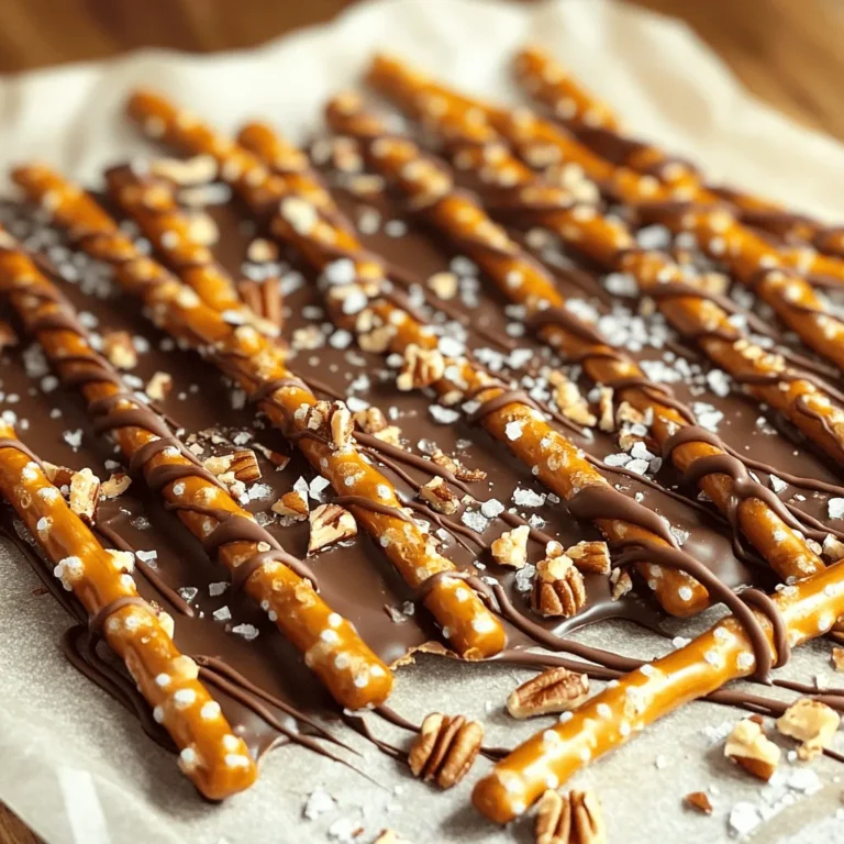 - 2 cups pretzel sticks - 1 cup semi-sweet chocolate chips - 1 cup caramel bits - 2 tablespoons water - 1/2 teaspoon sea salt - 1/2 cup chopped nuts (optional) The key to making salted caramel pretzel bark is using the right ingredients. Pretzel sticks provide the perfect crunch. Semi-sweet chocolate chips melt beautifully and add sweetness. Caramel bits create a rich, gooey layer. Water helps to melt the caramel easily. Sea salt gives that savory kick, balancing the sweet flavors. Optional nuts add extra texture and flavor. - Alternatives for chocolate chips: Use dark chocolate or white chocolate if you prefer. - Gluten-free pretzel options: Look for gluten-free pretzel sticks at the store. They work just as well. - Nut-free variations: Simply leave out the nuts or replace them with seeds, like pumpkin seeds. These substitutions ensure everyone can enjoy this treat. You can customize the bark to fit dietary needs or flavor preferences. Preparing the baking sheet Line a baking sheet with parchment paper. Make sure the paper hangs over the edges. This helps you remove the bark easily later. Melting the caramel In a microwave-safe bowl, mix caramel bits and 2 tablespoons of water. Microwave in 30-second bursts. Stir after each time until the caramel is smooth, usually about 1 to 2 minutes. Mixing pretzels with caramel In a large bowl, add the pretzel sticks. Pour half of the melted caramel over the pretzels. Stir well to coat them evenly. Spread this mixture on the lined baking sheet. Drizzling chocolate and caramel layers In a separate bowl, melt the chocolate chips using the same microwave method. Drizzle this melted chocolate over the pretzel layer. Use a spatula to spread it evenly. Then, take the remaining caramel and drizzle it over the chocolate. You can swirl it with a toothpick for fun designs. Chilling the bark Put the baking sheet in the refrigerator for about 2 hours. This helps the bark set completely. Breaking it apart for serving Once the bark is firm, lift it from the baking sheet using the parchment overhang. Break it into pieces with your hands or a sharp knife. Enjoy your tasty treat! To make sure your pretzels are evenly coated, mix them in a large bowl. Use half the melted caramel first. Toss until every pretzel gets a nice layer. When melting the caramel, do it slowly. Heat it in short bursts. Stir well between each burst. This keeps it smooth and creamy. For the chocolate, follow the same method. Melt it in small intervals too. Stir gently to avoid any lumps. This helps the chocolate stay shiny and smooth. When serving, think about a fun presentation. Use a decorative bowl to show off your bark. For gifts, wrap pieces in cellophane bags. They look nice and are easy to share. Pair your bark with coffee or hot chocolate. The flavors blend beautifully together. One common mistake is overheating your chocolate or caramel. Keep an eye on the microwave. If it gets too hot, it may seize up. Another mistake is not letting the bark set fully. Chill it in the fridge for at least two hours. This helps it break apart easily into pieces. {{image_2}} You can make your salted caramel pretzel bark even better. - Adding different types of nuts: Try pecans, almonds, or walnuts for a crunch. They add flavor and texture. - Incorporating spices like cinnamon or cayenne: A pinch of cinnamon warms up the bark. Cayenne gives a spicy kick that pairs well with sweet caramel. Make this treat special for the holidays. - Chocolate peppermint bark version for holidays: Use white chocolate and add peppermint extract. It gives a festive twist. - Adding crushed candy canes or sprinkles: Top with crushed candy canes for a sweet crunch. Colorful sprinkles make it more fun. You can adjust this recipe to fit your diet. - Vegan alternatives for chocolate and caramel: Look for dairy-free chocolate and vegan caramel. They taste great and fit vegan diets. - Sugar-free substitutions: Use sugar-free chocolate and caramel options. This way, you can enjoy the bark without added sugar. To keep your salted caramel pretzel bark fresh, use an airtight container. A plastic or glass container works well. You can also layer the bark between sheets of parchment paper to prevent sticking. This keeps it crunchy and tasty. Salted caramel pretzel bark lasts for about two weeks at room temperature. If you store it in the fridge, it can last up to a month. Look for signs of spoilage like an off smell or a change in texture. If it feels soft or sticky, it’s time to toss it. If you want to freeze the bark, wrap it tightly in plastic wrap. Then place it in a freezer bag. This helps keep the flavor and texture. When you are ready to eat it, thaw the bark in the fridge. Avoid thawing at room temperature. This keeps it from getting too soft. To make salted caramel pretzel bark, first gather your ingredients. You will need pretzel sticks, chocolate chips, caramel bits, and sea salt. Begin by lining a baking sheet with parchment paper. Next, melt the caramel bits with water in the microwave. Stir every 30 seconds until smooth. Mix half of the caramel with pretzels, covering them well. Spread this mix on the baking sheet. Then, melt the chocolate chips in the microwave the same way. Drizzle it over the pretzel layer, then add the rest of the caramel. Sprinkle sea salt on top and chill in the fridge for two hours. Once set, break it into pieces and enjoy! Yes, you can use various pretzel types. Each type adds a unique crunch and flavor. Try thin pretzel sticks for a lighter bite. Use pretzel rods for a thicker texture. You can even use pretzel crisps for a different crunch. Each choice will change how the bark tastes and feels. Get creative and choose what you love! Salted caramel pretzel bark is a sweet treat, so it is higher in calories. Each serving has about 200 calories. It also contains fats from chocolate and nuts, if used. The bark has some sugar from caramel and chocolate. If you want a healthier option, consider using dark chocolate. This will lower sugar content and add antioxidants! Enjoying in moderation is key for a balanced diet. This article covered the fun and tasty process of making salted caramel pretzel bark. We explored key ingredients, step-by-step instructions, and tips for perfecting your bark. Customization ideas let you play with flavors, and we shared storage practices to keep it fresh. Remember, the best treats balance sweet and salty. With these simple steps, you can impress friends and family. Enjoy making and sharing this yummy snack!