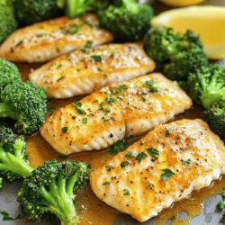 To make this savory sheet pan garlic butter tilapia and broccoli, you need a few simple items. Here’s what you will need: - 4 tilapia fillets - 3 cups broccoli florets - 4 tablespoons unsalted butter, melted - 4 cloves garlic, minced - 1 teaspoon lemon zest - 2 tablespoons fresh lemon juice - 1 teaspoon smoked paprika - Salt and pepper to taste - Fresh parsley, chopped (for garnish) Each ingredient plays an important role in this dish. The tilapia gives you a mild, flaky fish. The broccoli adds a nice crunch and color. Garlic and butter bring rich flavors that make this meal shine. Lemon zest and juice brighten up the dish. Smoked paprika adds a touch of warmth. Finally, salt and pepper enhance all the flavors. Gather these ingredients before you start cooking. Having everything ready will help make the process smooth and enjoyable. Enjoy your cooking adventure! First, preheat your oven to 400°F (200°C). This step gets the oven hot and ready for cooking. Next, line a large sheet pan with parchment paper. This makes cleaning easy later and helps the food not stick. In a small bowl, whisk together the melted butter, minced garlic, lemon zest, lemon juice, smoked paprika, salt, and pepper. Mix until everything is well blended. This garlic butter mixture will add great flavor to the fish and broccoli. Now, place the tilapia fillets on one side of the prepared sheet pan. Brush half of the garlic butter mixture over the fish. Make sure to cover them well. On the other side, spread out the broccoli florets. Drizzle the rest of the garlic butter mixture over the broccoli and toss it to coat evenly. This ensures each bite has flavor. Bake in the preheated oven for about 15-20 minutes. Check that the tilapia flakes easily with a fork and that the broccoli is tender and slightly caramelized. If you want, you can rotate the pan halfway through for even cooking. Once done, let it cool for a few minutes before serving. This helps the flavors settle and makes it easier to eat. To check if your tilapia is done, look for flakiness. Use a fork to gently poke the fish. If it flakes easily, it is ready. The fish should have a white, opaque color. For best results, aim for an internal temperature of 145°F (63°C). This ensures it is safe to eat and still moist. For great caramelization, spread the broccoli in a single layer. This helps moisture escape and allows browning. Toss the florets in the garlic butter mixture to enhance flavor. If you like softer broccoli, bake it a bit longer. Keep an eye on it to avoid overcooking. You can add spices for extra zest. Consider using a pinch of red pepper flakes for heat. Fresh herbs like thyme or dill can brighten the dish. A sprinkle of lemon zest right before serving adds a fresh touch. Experiment with flavors that you enjoy to make it your own. {{image_2}} If you want to switch things up, try using other white fish. Cod, haddock, or sole work great. These fish have a mild taste and cook well. They will soak up the garlic butter flavor nicely. This way, you can enjoy a new twist on the same dish. You can easily add more vegetables to this meal. Carrots, bell peppers, or zucchini are great options. They add color and flavor. You can also think about seasonal veggies. In summer, use fresh corn or green beans. In fall, try Brussels sprouts or cauliflower. This keeps the dish fresh and exciting. To change the flavor, play with herbs. Try dill or basil for a different taste. If you like heat, add red pepper flakes. For a citrusy kick, use lime juice instead of lemon. These small changes can make a big difference. Your meal will always feel new and fun! To keep your tilapia and broccoli fresh, store leftovers in an airtight container. Make sure to cool the dish before sealing it. The dish stays good in the fridge for up to three days. Keep the flavors intact by not mixing the fish and broccoli. This way, you can enjoy each bite as fresh as the first. When reheating, use the oven for the best results. Preheat your oven to 350°F (175°C). Place the tilapia and broccoli on a baking sheet. Cover them with foil to keep moisture in. Heat for about 10-15 minutes. This helps retain the dish's flavor and texture. You can also use a microwave, but it may make the fish less flaky. If you want to freeze this dish, do it right after cooking. Allow it to cool completely before freezing. Place the tilapia and broccoli in a freezer-safe container. It’s best to separate the fish and veggies with parchment paper. This will help prevent them from sticking together. You can freeze the dish for up to three months. When ready to eat, thaw it overnight in the fridge before reheating. It takes about 15 to 20 minutes to bake tilapia at 400°F (200°C). The fish is done when it flakes easily with a fork. Use a meat thermometer if you want to check the internal temperature. It should reach 145°F (63°C). Yes, you can use frozen tilapia. First, you need to thaw it. Place the fillets in the fridge overnight or run them under cold water for faster thawing. Once thawed, pat them dry before seasoning and cooking. This helps to avoid excess moisture. You can serve this dish with several sides. Here are some ideas: - Rice or quinoa for a hearty base - A fresh green salad for crunch - Garlic bread for a nice touch - Mashed potatoes for comfort These sides balance well with the flavors of tilapia and broccoli. This dish is simple and packed with flavor. We covered the ingredients and step-by-step preparation for delicious Sheet Pan Garlic Butter Tilapia and Broccoli. You learned cooking tips for perfect tilapia and ways to add unique flavors. Remember, you can mix in different vegetables or try other fish for variety. Proper storage will keep your leftovers tasty for next time. Enjoy making this meal and feel proud of your cooking skills!