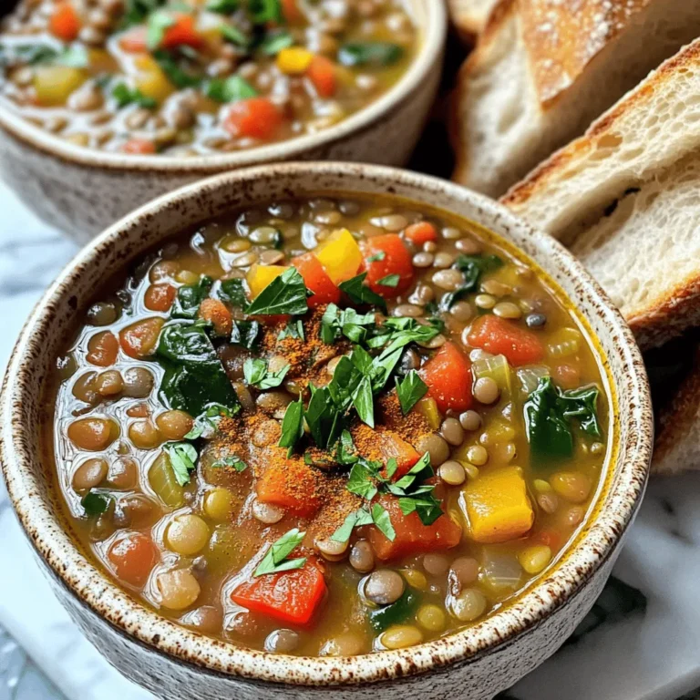 - 1 cup green or brown lentils, rinsed - 1 medium onion, finely chopped - 2 cloves garlic, minced - 1 medium carrot, diced - 1 medium celery stalk, diced - 1 red bell pepper, diced - 1 can (14 oz) diced tomatoes - 6 cups vegetable broth - 2 cups baby spinach - 1 teaspoon ground cumin - 1 teaspoon paprika - ½ teaspoon smoked paprika - 1 teaspoon dried oregano - 2 tablespoons olive oil - Salt and pepper to taste - Juice of 1 lemon - Fresh parsley for garnish Each ingredient plays a vital role in the flavor of the Mediterranean lentil soup. The lentils serve as a hearty base. They offer protein and fiber, making the soup filling. Fresh vegetables add texture and sweetness. The onion and garlic create an aromatic foundation, while the carrot and celery provide crunch. Seasonings enhance the taste. Ground cumin brings earthiness. Paprika adds warmth and a hint of smokiness. Dried oregano gives a touch of herbaceous flavor. The canned tomatoes add acidity and richness. Vegetable broth is the soup’s lifeblood, blending all flavors together. Finally, fresh spinach adds color and nutrients. A squeeze of lemon brightens the dish. It balances the rich flavors and adds a refreshing kick. Garnishing with parsley not only adds color but also freshness. Using fresh, quality ingredients makes this soup truly special. Enjoying it with crusty bread makes for a warm, satisfying meal. Start by heating 2 tablespoons of olive oil in a large pot over medium heat. Once hot, add 1 medium onion, finely chopped. Sauté it for about 2 minutes until it becomes soft and clear. Next, toss in 2 cloves of minced garlic and 1 diced red bell pepper. Sauté these for another 3-5 minutes. You want the bell pepper to soften and the garlic to smell great. Now it's time to add more veggies! Dice 1 medium carrot and 1 medium celery stalk, then stir them into the pot. Continue to cook for about 5 minutes. The goal is to soften all the vegetables, which will create a tasty base for your soup. After your veggies are ready, it’s time to add the star of the show: lentils. Rinse 1 cup of green or brown lentils under cold water. Add these to the pot along with 1 can of diced tomatoes and 6 cups of vegetable broth. Also, add in your spices: 1 teaspoon of ground cumin, 1 teaspoon of paprika, ½ teaspoon of smoked paprika, 1 teaspoon of dried oregano, and salt and pepper to taste. Bring everything to a boil. Once boiling, reduce the heat to low and let it simmer. Keep the pot uncovered for 25-30 minutes. Stir occasionally to stop it from sticking. You want the lentils to be tender but still hold their shape. When the lentils are just right, stir in 2 cups of baby spinach and the juice of 1 lemon. Cook this for an additional 5 minutes. The spinach will wilt nicely, adding color and nutrients to your soup. Finally, taste your soup and adjust the seasoning. You can add more salt, pepper, or lemon juice based on what you like. Once it’s perfect, ladle the soup into bowls. Garnish with fresh parsley for a lovely finish. Enjoy your warm, flavorful Mediterranean lentil soup! To sauté vegetables, start with a hot pot. Heat olive oil over medium heat. Add onion and garlic first. Stir for about two minutes. Then, add the diced carrot, celery, and red bell pepper. Cook for 5 to 7 minutes until the veggies soften. They should smell great and look bright. This method brings out the flavor. When rinsing lentils, use a fine mesh strainer. Place lentils in the strainer and run cool water over them. Gently shake the strainer to remove dirt and debris. This step helps clean them and removes any bitterness. Rinsing keeps your soup fresh and tasty. Adjusting seasoning is easy. After the soup simmers, taste it. If it needs more flavor, add salt, pepper, or lemon juice. Each spice can change the flavor a lot. Start with a little, then taste again. For added richness, drizzle olive oil on top of each bowl before serving. It adds a smooth texture and deep flavor. You can also sprinkle some smoked paprika for a pop of color and taste. This small touch makes your soup look and taste gourmet. {{image_2}} You can change up the lentils in this soup. Red lentils cook faster than green or brown lentils. If you are in a hurry, red lentils are a great choice. They will give you a smooth texture in less time. Feel free to add more veggies too. Zucchini adds a nice crunch. Kale brings a healthy twist, while potatoes make it heartier. You can even mix them all together for a veggie-packed dish! This soup is easy to make vegan and gluten-free. Just make sure your broth is vegetable-based and gluten-free. You can skip any meat and use plant-based toppings. Want to add more protein? Chickpeas fit perfectly into this soup. They boost the nutrient value and add a lovely texture. Grilled chicken is another option if you prefer meat. It gives the soup a nice depth of flavor. To keep your Mediterranean lentil soup fresh, store it in an airtight container. This helps prevent spills and keeps it safe from other fridge smells. Place the soup in the fridge within two hours of cooking to ensure safety. It will last for about 4 to 5 days in the fridge. If you notice any strange smells or colors, toss it out. If you want to keep the soup longer, freezing is a great option. Start by letting the soup cool completely. Then, pour it into freezer-safe bags or containers. Leave some space at the top since the soup will expand when frozen. Make sure to label each bag with the date. The soup can be frozen for up to 3 months. When you’re ready to eat, thaw the soup in the fridge overnight. Heat it on the stove over low heat, stirring often. If it seems too thick, add a splash of vegetable broth or water. This keeps the flavor rich and enjoyable. You can thicken your soup in a few ways. First, you can let it simmer longer. This helps the lentils break down and thicken the soup. Another method is to mash some lentils. Just take a fork and gently mash a few lentils in the pot. This adds creaminess without losing texture. You can also add a slurry of cornstarch mixed with water. Stir this into the soup and cook for a few more minutes. This method gives a nice, smooth finish. Yes, you can make this soup ahead of time. Making it in advance has many perks. The flavors deepen and meld together, making the soup taste even better. Just cool the soup completely before storing it in the fridge. It will last up to five days. For longer storage, you can freeze it. The soup can stay fresh in the freezer for up to three months. You can serve this soup with many tasty sides. Crusty bread is a great choice for dipping. A fresh green salad adds a nice crunch. You can also pair it with a side of hummus and pita chips for extra flavor. For a heartier meal, serve it with rice or quinoa. These sides will complement the soup's flavors and make your meal more filling. This blog post showed you how to make a tasty Mediterranean lentil soup. You learned about the key ingredients, like lentils, fresh veggies, and spices. The step-by-step guide helped you prepare and cook the soup. We covered tips for better flavor and variations to fit your needs. Finally, you found ways to store and reheat leftovers. Try making this soup for your next meal. It’s simple, healthy, and delicious!