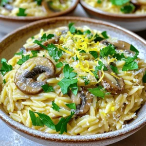 - 1 cup orzo pasta - 2 tablespoons unsalted butter - 2 tablespoons olive oil - 3 cloves garlic, minced - 8 ounces cremini or button mushrooms, sliced - 1/2 cup vegetable or chicken broth - 1/2 cup grated Parmesan cheese - 1/4 cup fresh parsley, chopped - Salt and pepper to taste - Zest of 1 lemon Orzo is a small pasta that looks like rice. It cooks quickly and absorbs flavors well. I love using it because it gives a nice texture to this dish. The butter and olive oil create a rich base. Garlic adds a warm, savory touch. Mushrooms bring a deep, earthy flavor. - Alternatives for orzo: You can use couscous or quinoa if you want a different grain. - Vegan options for butter and cheese: Use plant-based butter and nutritional yeast for a cheesy flavor. - Broth variations for different flavors: Try using mushroom broth for a richer taste or a homemade broth for freshness. Feel free to mix and match based on what you have. Cooking should be fun and creative! - Step 1: Boil and cook orzo Start by boiling a large pot of salted water. Once it&rsquo;s bubbling, add 1 cup of orzo pasta. Cook it according to the package guide until it is al dente. Drain the orzo and set it aside for later. - Step 2: Saut&eacute; butter, oil, and garlic In the same pot, melt 2 tablespoons of unsalted butter and 2 tablespoons of olive oil over medium heat. Once the butter melts, add 3 cloves of minced garlic. Saut&eacute; for about 30 seconds until the garlic smells great. Be careful not to let it burn. - Step 3: Cook mushrooms until tender Add 8 ounces of sliced cremini or button mushrooms to the pot. Season with salt and pepper. Cook for about 5 to 7 minutes until the mushrooms are brown and soft. - Step 4: Add broth and simmer Pour in 1/2 cup of vegetable or chicken broth. Bring this mix to a gentle simmer. Let it cook for about 3 to 4 minutes so the broth reduces a bit. - Step 5: Incorporate orzo, cheese, and seasoning Stir in the cooked orzo, 1/2 cup of grated Parmesan cheese, and the zest of 1 lemon. Mix everything well to coat the orzo in cheesy goodness. - Final touches before serving Toss in 1/4 cup of chopped fresh parsley. Adjust the taste with more salt and pepper if needed. Remove from heat and let it sit for 2 minutes before serving. Serve the orzo in shallow bowls, topped with extra parsley and a sprinkle of Parmesan cheese. A slice of lemon on the side adds a nice touch! To get the best orzo, you must cook it right. Use a large pot of boiling, salted water. This helps the orzo cook evenly. Follow the package time for cooking. Taste it a minute before the time is up. You want it just firm, not mushy. That is called al dente. To avoid sticky orzo, stir it while it cooks. This stops the pasta from clumping together. Also, rinse it with cold water after draining. This will cool it down and help separate the pieces. You can add more flavor to your orzo. Fresh herbs like thyme or basil mix well. A sprinkle of red pepper flakes gives a nice kick. Try adding a pinch of smoked paprika for depth. For toppings, think about adding protein. Grilled chicken or saut&eacute;ed shrimp can make it heartier. You can also add toasted nuts for crunch. Pine nuts or almonds work great. Lastly, a squeeze of fresh lemon brightens the dish. {{image_2}} You can easily change the protein in garlic butter mushroom orzo. One great choice is chicken. Just add cooked, diced chicken into the mix. It adds a nice texture and flavor. If you prefer seafood, shrimp works well too. Saut&eacute; shrimp until they turn pink and add them to the orzo. For those who want a vegetarian option, try adding chickpeas or tofu. Both options soak up the flavor and give you a hearty meal. You can even use lentils for a protein boost. These swaps keep the dish delicious and filling. Want a creamier version? Try adding heavy cream or cream cheese. Mix it in when you add the broth. This will give the dish a rich, smooth texture. You can also add more cheese for a cheesy twist. If you're looking for a lighter dish, skip the butter and use olive oil instead. You can also add more vegetables like spinach or zucchini. These additions keep it fresh and healthy. You still get all the flavor without the heaviness. To store leftovers, let the orzo cool. Transfer it to an airtight container. You can keep it in the fridge for up to three days. If you want to store it longer, freeze it. Use a freezer-safe container or a zip-top bag. This way, it can last for up to three months. The best way to reheat garlic butter mushroom orzo is on the stove. Add a splash of broth or water to keep it moist. Heat on medium-low until hot, stirring often. You can also use a microwave. Place the orzo in a bowl and cover it. Heat in short bursts, stirring in between. This helps keep the texture and flavor intact. How long does it take to cook garlic butter mushroom orzo? It takes about 25 minutes to cook garlic butter mushroom orzo. You spend 10 minutes prepping and 15 minutes cooking. This includes boiling the orzo and saut&eacute;ing the mushrooms. Can I prepare this dish ahead of time? Yes, you can prepare this dish ahead of time. Cook the orzo and mushrooms, then mix them. Store in the fridge for up to a day. Reheat before serving for best taste. What are the best sides to serve with garlic butter mushroom orzo? Great sides include a fresh salad or garlic bread. You can also serve it with grilled chicken or fish. These options complement the flavors well. What to do if orzo is overcooked? If the orzo is overcooked, it may become mushy. Try adding a little broth or cream to help balance the texture. You can also mix in some fresh herbs for flavor. How to fix a bland orzo dish? To fix a bland orzo dish, add more salt and pepper. Lemon zest and juice can brighten the flavor. Consider adding fresh herbs like parsley or basil for a flavor boost. Calorie count per serving Each serving of garlic butter mushroom orzo has about 300 calories. This count includes the orzo, butter, and mushrooms. Breakdown of key nutrients - Protein: 10g - Carbohydrates: 45g - Fat: 10g - Fiber: 2g - Sodium: 250mg This dish offers a balance of nutrients, making it both tasty and filling. This recipe guide showed how to make garlic butter mushroom orzo. You learned the key ingredients and their substitutes. I shared tips for cooking and enhancing flavors. Variations let you customize for protein or health needs. Proper storage and reheating methods ensure your meal stays fresh. Remember, cooking is about exploring flavors. Enjoy making this dish your own!