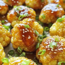 - Cauliflower florets - 1/2 cup all-purpose flour - 1/4 cup honey - 2 tablespoons soy sauce - 1 teaspoon garlic powder - 1 teaspoon onion powder - 1/2 teaspoon smoked paprika - Salt and pepper to taste - 1 tablespoon sesame seeds - Chopped green onions First, grab a mixing bowl. In it, whisk together the all-purpose flour, water, garlic powder, onion powder, smoked paprika, salt, and pepper. Make sure to mix well. You want the batter to be smooth and slightly thick. It should cling to the cauliflower. Now, take your cauliflower florets. Dip each floret into the batter. Make sure each piece is fully coated. After dipping, shake off any excess batter. This step ensures your cauliflower gets crispy. Before you start cooking, preheat your air fryer to 400°F (200°C). Once it’s hot, place the battered florets in a single layer in the basket. Depending on your air fryer size, you may need to cook in batches. Air fry for about 15-20 minutes. Shake the basket halfway through. This helps them cook evenly and get that golden-brown color. While the cauliflower cooks, it's time to make the sauce. In a small saucepan, combine the honey, soy sauce, apple cider vinegar, sesame oil, and cornstarch. Heat the mixture over medium heat. Stir continuously for about 3-4 minutes. You want the sauce to thicken nicely. Once your cauliflower is crispy, transfer it to a large bowl. Pour the honey garlic sauce over the cauliflower. Toss gently to make sure all the florets are evenly coated. Enjoy this delicious treat! To get that perfect crunch, you need an even coating. Ensure that every floret is well dipped in the batter. Shake off any extra batter, so it does not clump together. This helps achieve a uniform texture. Also, setting the air fryer to 400°F (200°C) is key. This high heat crisps the outside quickly while keeping the inside tender. Want to add some heat? Try mixing in sriracha with your honey garlic sauce. It gives a nice kick that balances with the sweetness. You can also experiment with different types of honey. Each type, from wildflower to clover, adds unique flavors to your dish. I love pairing this crispy cauliflower with rice or quinoa. They soak up the sauce well and make a hearty meal. You can also serve it as a side dish alongside grilled chicken or fish. It adds color and flavor to any plate. Enjoy it warm for the best taste! {{image_2}} To make this dish gluten-free, swap the all-purpose flour for gluten-free flour options. Almond flour or chickpea flour works well. Use tamari instead of soy sauce. Tamari is a gluten-free soy sauce. This keeps the flavor but fits your dietary needs. If you want a vegan version, replace honey with agave syrup. Agave syrup has a similar sweetness. Make sure to choose vegan-friendly sauces. Check the labels to ensure they meet your needs. You can also bake the cauliflower in the oven. Preheat it to 425°F (220°C) and cook for about 25-30 minutes. This gives a different texture but is just as tasty. Pan-frying is another option. Heat oil in a pan and cook the battered florets until crispy. Each method brings unique flavors and textures to the dish. To store leftover cauliflower, let it cool. Place it in an airtight container. This keeps it fresh for up to three days. I recommend using glass containers. They seal well and help prevent odors. For longer shelf life, freeze the cauliflower after it cools. Place portions in freezer bags. Squeeze out as much air as possible. This prevents freezer burn. You can store it for up to two months. To achieve a crispy texture again, use an oven. Preheat it to 400°F (200°C). Spread the cauliflower on a baking sheet. Heat for about 10-12 minutes. This will restore its crunch. You can use a microwave, but it won’t keep the crispiness. If using a microwave, heat in short bursts. Check often to avoid overcooking. Yes, you can prepare some parts ahead of time. You can make the batter and store it in the fridge for up to 24 hours. Cut the cauliflower florets and keep them in an airtight container. For best texture, fry the cauliflower just before serving. After cooking, store leftovers in a sealed container in the fridge for up to three days. To reheat, place them back in the air fryer for about 5 to 10 minutes at 350°F (175°C) for that crispy texture. If you don’t have an air fryer, you can bake or pan-fry the cauliflower. For baking, preheat your oven to 425°F (220°C). Spread the battered florets on a baking sheet lined with parchment paper. Bake for 20-25 minutes, flipping halfway through. If pan-frying, heat oil in a skillet over medium heat. Add the florets, cooking until golden brown, around 5-7 minutes per side. Adjust cooking time as needed based on your method. To add spice, consider mixing in chili powder or red pepper flakes into the batter. You can also add a few drops of hot sauce to the honey garlic sauce for heat. Adjust the amount based on your heat preference. Tasting as you go helps to find the right balance for your palate. This blog post highlighted how to make tasty cauliflower bites. We covered main ingredients, batter prep, and cooking steps. I shared tips for crispiness and different flavors. You can adapt the recipe for gluten-free or vegan needs. Remember to store your leftovers properly and reheat them for the best texture. Enjoy this dish with sides like rice or quinoa. It’s a delicious addition to any meal! Try it out and make it your own!