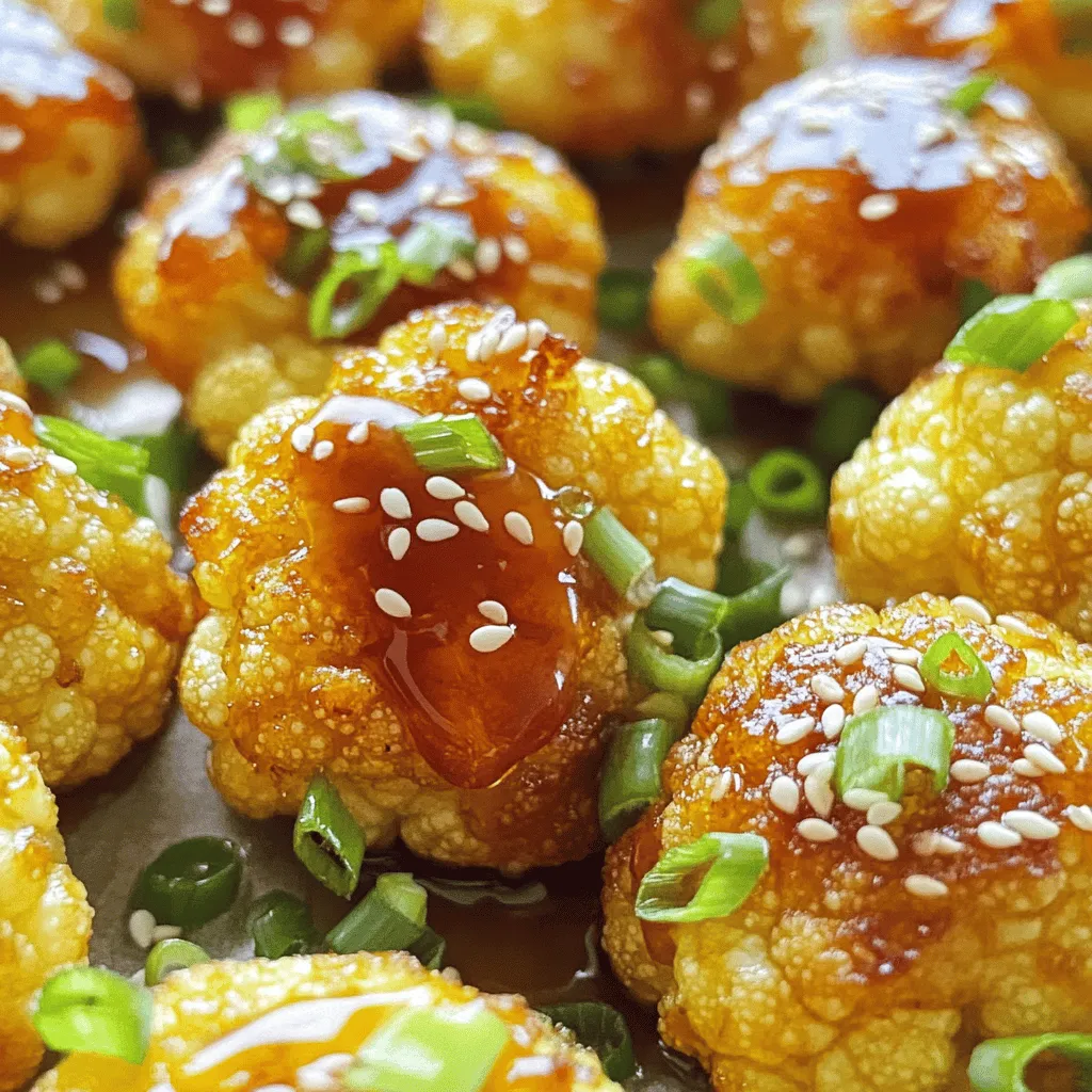 - Cauliflower florets - 1/2 cup all-purpose flour - 1/4 cup honey - 2 tablespoons soy sauce - 1 teaspoon garlic powder - 1 teaspoon onion powder - 1/2 teaspoon smoked paprika - Salt and pepper to taste - 1 tablespoon sesame seeds - Chopped green onions First, grab a mixing bowl. In it, whisk together the all-purpose flour, water, garlic powder, onion powder, smoked paprika, salt, and pepper. Make sure to mix well. You want the batter to be smooth and slightly thick. It should cling to the cauliflower. Now, take your cauliflower florets. Dip each floret into the batter. Make sure each piece is fully coated. After dipping, shake off any excess batter. This step ensures your cauliflower gets crispy. Before you start cooking, preheat your air fryer to 400°F (200°C). Once it’s hot, place the battered florets in a single layer in the basket. Depending on your air fryer size, you may need to cook in batches. Air fry for about 15-20 minutes. Shake the basket halfway through. This helps them cook evenly and get that golden-brown color. While the cauliflower cooks, it's time to make the sauce. In a small saucepan, combine the honey, soy sauce, apple cider vinegar, sesame oil, and cornstarch. Heat the mixture over medium heat. Stir continuously for about 3-4 minutes. You want the sauce to thicken nicely. Once your cauliflower is crispy, transfer it to a large bowl. Pour the honey garlic sauce over the cauliflower. Toss gently to make sure all the florets are evenly coated. Enjoy this delicious treat! To get that perfect crunch, you need an even coating. Ensure that every floret is well dipped in the batter. Shake off any extra batter, so it does not clump together. This helps achieve a uniform texture. Also, setting the air fryer to 400°F (200°C) is key. This high heat crisps the outside quickly while keeping the inside tender. Want to add some heat? Try mixing in sriracha with your honey garlic sauce. It gives a nice kick that balances with the sweetness. You can also experiment with different types of honey. Each type, from wildflower to clover, adds unique flavors to your dish. I love pairing this crispy cauliflower with rice or quinoa. They soak up the sauce well and make a hearty meal. You can also serve it as a side dish alongside grilled chicken or fish. It adds color and flavor to any plate. Enjoy it warm for the best taste! {{image_2}} To make this dish gluten-free, swap the all-purpose flour for gluten-free flour options. Almond flour or chickpea flour works well. Use tamari instead of soy sauce. Tamari is a gluten-free soy sauce. This keeps the flavor but fits your dietary needs. If you want a vegan version, replace honey with agave syrup. Agave syrup has a similar sweetness. Make sure to choose vegan-friendly sauces. Check the labels to ensure they meet your needs. You can also bake the cauliflower in the oven. Preheat it to 425°F (220°C) and cook for about 25-30 minutes. This gives a different texture but is just as tasty. Pan-frying is another option. Heat oil in a pan and cook the battered florets until crispy. Each method brings unique flavors and textures to the dish. To store leftover cauliflower, let it cool. Place it in an airtight container. This keeps it fresh for up to three days. I recommend using glass containers. They seal well and help prevent odors. For longer shelf life, freeze the cauliflower after it cools. Place portions in freezer bags. Squeeze out as much air as possible. This prevents freezer burn. You can store it for up to two months. To achieve a crispy texture again, use an oven. Preheat it to 400°F (200°C). Spread the cauliflower on a baking sheet. Heat for about 10-12 minutes. This will restore its crunch. You can use a microwave, but it won’t keep the crispiness. If using a microwave, heat in short bursts. Check often to avoid overcooking. Yes, you can prepare some parts ahead of time. You can make the batter and store it in the fridge for up to 24 hours. Cut the cauliflower florets and keep them in an airtight container. For best texture, fry the cauliflower just before serving. After cooking, store leftovers in a sealed container in the fridge for up to three days. To reheat, place them back in the air fryer for about 5 to 10 minutes at 350°F (175°C) for that crispy texture. If you don’t have an air fryer, you can bake or pan-fry the cauliflower. For baking, preheat your oven to 425°F (220°C). Spread the battered florets on a baking sheet lined with parchment paper. Bake for 20-25 minutes, flipping halfway through. If pan-frying, heat oil in a skillet over medium heat. Add the florets, cooking until golden brown, around 5-7 minutes per side. Adjust cooking time as needed based on your method. To add spice, consider mixing in chili powder or red pepper flakes into the batter. You can also add a few drops of hot sauce to the honey garlic sauce for heat. Adjust the amount based on your heat preference. Tasting as you go helps to find the right balance for your palate. This blog post highlighted how to make tasty cauliflower bites. We covered main ingredients, batter prep, and cooking steps. I shared tips for crispiness and different flavors. You can adapt the recipe for gluten-free or vegan needs. Remember to store your leftovers properly and reheat them for the best texture. Enjoy this dish with sides like rice or quinoa. It’s a delicious addition to any meal! Try it out and make it your own!