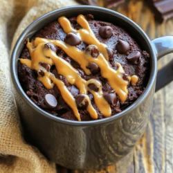 To make the perfect chocolate peanut butter mug cake, you need these simple ingredients: - 4 tablespoons all-purpose flour - 4 tablespoons granulated sugar - 2 tablespoons unsweetened cocoa powder - 1/8 teaspoon baking powder - 1/8 teaspoon salt - 3 tablespoons milk (or non-dairy milk) - 2 tablespoons creamy peanut butter - 1 tablespoon vegetable oil - 1/2 teaspoon vanilla extract - Optional: 2 tablespoons chocolate chips You can easily adjust this recipe to fit your needs. Here are some substitutions: - Flour: Use gluten-free flour to make it gluten-free. - Milk: Swap dairy milk for almond, oat, or soy milk for a dairy-free option. - Sugar: Use a sugar substitute like stevia if you want to cut down on sugar. - Peanut Butter: Try almond or sunflower seed butter for nut allergies. Choosing good ingredients makes a big difference. Here are my tips: - Flour: Look for fresh all-purpose flour. Check the expiration date on the package. - Cocoa Powder: Pick high-quality unsweetened cocoa powder for rich flavor. - Peanut Butter: Go for creamy peanut butter with no added sugar or oils for the best taste. - Sugar: Use granulated sugar that is pure and free from additives. Using quality ingredients helps create a more delicious mug cake. Happy baking! Start by choosing a microwave-safe mug. It should hold about 12 ounces. Add the dry ingredients first. Measure out 4 tablespoons of all-purpose flour, 4 tablespoons of granulated sugar, 2 tablespoons of unsweetened cocoa powder, 1/8 teaspoon of baking powder, and 1/8 teaspoon of salt. Stir these well. Make sure there are no lumps. This step is key for a smooth cake. Now, let's add the wet ingredients. Pour in 3 tablespoons of milk—you can use non-dairy milk if you prefer. Next, add 2 tablespoons of creamy peanut butter, 1 tablespoon of vegetable oil, and 1/2 teaspoon of vanilla extract. Mix these together until you have a smooth batter. I like to use a fork or a small whisk for this. It helps break up the peanut butter and makes a nice, even mixture. It's time to cook your cake. Place the mug in the microwave and cook on high for 1 minute and 30 seconds. Keep an eye on it. If a toothpick comes out messy, keep cooking in 10-second intervals. You want it just right, so don’t overcook it. Once done, let it cool for a minute. You can top it with melted peanut butter or a scoop of ice cream if you like. Enjoy your quick and tasty treat! To get that soft, fluffy texture, mix your dry ingredients first. This helps avoid lumps. When you add wet ingredients, stir gently but thoroughly. A fork works great here. If you want extra richness, fold in chocolate chips. They melt perfectly and add a great taste! One big mistake is overcooking the cake. Start with 1 minute and 30 seconds. Check with a toothpick. If it comes out wet, cook in 10-second bursts. Another mistake is not mixing well. If you see lumps, it will not cook evenly. Always ensure your batter is smooth before microwaving. Microwave power levels can vary. If your cake isn’t cooking right, try a different mug. Use a mug that holds about 12 oz. This gives enough space for the cake to rise. Watch it closely as it cooks. If you see it puffing up, that’s a good sign! Let it cool for a minute before digging in. This helps the flavors settle and the texture improve. {{image_2}} For a nut-free version, swap creamy peanut butter with sun butter or soy nut butter. Both options taste great and keep the cake moist. If you choose sun butter, look for one that is smooth and has no added sugar. This keeps the flavor balanced and tasty. To make this cake gluten-free, use a 1:1 gluten-free flour blend. Many blends work well in baking. Make sure it contains xanthan gum for the best texture. Follow the same steps in the recipe. Your mug cake will still be fluffy and delicious, just without gluten. You can boost flavors in your mug cake easily. Here are some ideas: - Mint Chocolate: Add a few drops of mint extract for a fresh twist. - Coffee Lovers: Mix in a teaspoon of instant coffee for a mocha flavor. - Fruity Twist: Fold in some chopped bananas or strawberries for a fruity touch. - Extra Crunch: Toss in some chopped nuts, like almonds or walnuts, for added texture. Feel free to get creative! Each mix-in can change the cake's flavor to match your mood. After you enjoy your mug cake, let any leftovers cool. Place the cake in an airtight container. Store it in the fridge for up to two days. This keeps it fresh and moist. If you want to keep it longer, consider freezing it. To reheat your mug cake, use the microwave. Put it in for about 10 to 15 seconds. Check if it’s warm. If not, heat it for a few more seconds. Be careful not to overheat. This can make the cake dry. You can freeze your mug cake if you have leftovers. Wrap it tightly in plastic wrap. Then, put it in a freezer-safe bag. It can last up to a month in the freezer. When you want to eat it, thaw it in the fridge overnight. Reheat it as mentioned earlier for the best taste. Yes, you can use other flours. Almond flour or oat flour work well. Each flour gives a unique taste. If you use gluten-free flour, check the package for the right measurements. Different flours may change the cake's texture. Experiment and find what you like best! To make a vegan mug cake, swap the milk for a non-dairy milk. Almond milk or oat milk are great choices. Replace the vegetable oil with coconut oil or a vegan butter. For the egg, use a flax egg. Mix one tablespoon of ground flaxseed with three tablespoons of water. Let it sit for a few minutes until it thickens. This will help bind the cake. If your mug cake is dry, it may be overcooked. Start by microwaving for one minute, then check. If it’s still wet, cook in ten-second bursts. Be cautious, as the cake can go from moist to dry fast. If it’s too dry, try adding a scoop of ice cream or a drizzle of peanut butter on top. This can help add moisture and flavor. You learned how to make a delicious mug cake, starting with choice ingredients. We discussed substitutions for dietary needs and tips for picking quality items. The step-by-step guide helped you mix wet and dry ingredients and cook it perfectly. Remember, achieving the right texture matters. Avoid common mistakes and try our variations for extra flavor. Store leftover cake properly, so it stays fresh. With this knowledge, you're ready to create amazing mug cakes! Enjoy your baking adventure!