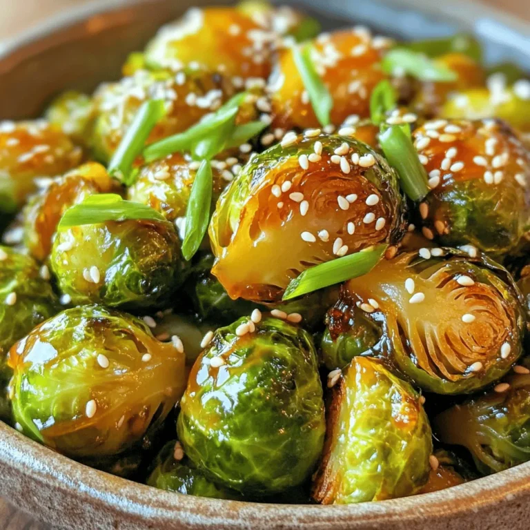 To make Honey Sriracha Brussels Sprouts, you'll need: - 1 pound Brussels sprouts, halved - 2 tablespoons olive oil - 2 tablespoons honey - 1 tablespoon sriracha sauce (adjust to taste) - 1 tablespoon soy sauce - 2 cloves garlic, minced - Salt and pepper to taste These ingredients create a great mix of sweet, spicy, and savory flavors. The Brussels sprouts get crispy while roasting, which adds a nice texture. You can customize this dish with a few optional ingredients: - Maple syrup instead of honey for a different sweet taste - Chili flakes for an extra spicy kick - Lime juice for a zesty finish Feel free to mix in your favorite flavors. This dish is fun to experiment with! Garnishes make your dish more appealing. Here are some ideas: - 1 tablespoon sesame seeds - 2 green onions, chopped These add extra crunch and color. You can also use chopped nuts or fresh herbs for a unique touch. First, gather your ingredients. You need one pound of Brussels sprouts. Cut each sprout in half. This helps them cook evenly. Next, in a large bowl, add the halved sprouts. Pour in two tablespoons of olive oil, and sprinkle with salt and pepper. Toss the sprouts well. Make sure each piece is coated. This step adds flavor and helps them crisp up. While your sprouts prepare, make the honey sriracha sauce. Take a small bowl and whisk together two tablespoons of honey, one tablespoon of sriracha sauce, and one tablespoon of soy sauce. Add two cloves of minced garlic to the mix. Whisk until all ingredients blend well. Taste the sauce to see if you want more heat. Adjust it with extra sriracha if needed. Now, preheat your oven to 400°F (200°C). Spread the Brussels sprouts on a baking sheet in a single layer. Roast them for 20 to 25 minutes. Stir halfway through to ensure even cooking. They should turn golden brown and crispy. After roasting, drizzle your honey sriracha sauce over the hot sprouts. Toss them gently to coat. Return the sprouts to the oven for another 5 to 8 minutes. This step helps the sauce caramelize. Once done, remove them from the oven. Transfer to a serving dish and garnish with sesame seeds and chopped green onions. Enjoy your flavorful side dish! To get crispy Brussels sprouts, start with dry sprouts. After washing them, dry them well. Use a large bowl to mix them with olive oil, salt, and pepper. Make sure each sprout is coated evenly. Spread them out on the baking sheet. Leave space between each sprout. This helps them roast, not steam. Roast at 400°F for 20-25 minutes. Stir halfway to brown them all over. For extra crispiness, return them to the oven after adding the sauce. Do you like spice? You can change the amount of sriracha. For a milder taste, use less sriracha. Start with half a tablespoon and add more if needed. If you love heat, try adding a bit more. Mix the sriracha well with honey and soy sauce. Taste the sauce before adding it to the sprouts. This way, you can get the flavor just right for you. To make your dish look great, use a big, white plate. This helps the colors pop. Once the Brussels sprouts are done, drizzle the honey sriracha sauce over them. Scatter sesame seeds and green onions on top for color and crunch. Serve them warm for the best taste. You can also add a slice of lemon on the side for a fresh touch. Enjoy your beautiful dish! {{image_2}} You can switch up the sauce for variety. Try a sweet chili sauce for a milder heat. A balsamic glaze adds a tangy twist. If you love garlic, add more minced garlic to the mix. For a creamy touch, drizzle some ranch dressing after roasting. Want to make this dish a meal? Add cooked chicken or shrimp. Tofu works well for a plant-based option. Simply toss the protein with the Brussels sprouts and sauce before roasting. This makes the dish hearty and filling. This recipe is easy to adapt for different diets. Use maple syrup instead of honey for a vegan option. Make sure your sriracha is vegan too, as some brands contain animal products. Serve with quinoa or brown rice to boost the meal’s nutrition. Store leftover Brussels sprouts in an airtight container. Keep them in the fridge. They last for up to three days. If they start to smell or look bad, it's best to toss them. I recommend using them quickly for the best taste. To reheat, use the oven for the best results. Preheat the oven to 350°F (175°C). Place the Brussels sprouts on a baking sheet. Heat them for about 10 to 15 minutes. This keeps them crispy. You can also use the microwave. Just heat them for 1 to 2 minutes. They may not stay crispy in the microwave. You can freeze Brussels sprouts if you want to save them longer. First, blanch them in boiling water for 3 minutes. Then, cool them in ice water. Drain and dry them well. Place them in freezer bags, removing as much air as possible. They can last for up to three months in the freezer. When ready to use, thaw them in the fridge overnight before cooking. Yes, you can make Honey Sriracha Brussels Sprouts ahead of time. Cooked Brussels sprouts store well. Just let them cool and place them in a container. They last in the fridge for about three days. When ready to eat, reheat them in the oven for the best texture. This keeps them crispy and tasty. Honey Sriracha Brussels Sprouts pair well with many dishes. They make a great side for grilled chicken or fish. Try them with rice or quinoa for a complete meal. You can also serve them with a salad or in a wrap. Their sweet and spicy flavor complements many foods. To adjust the recipe for more servings, increase the ingredients. For every additional pound of Brussels sprouts, add more honey, sriracha, and other ingredients. Use about 2 tablespoons of olive oil per pound of sprouts. Make sure to toss everything well and roast in batches if needed. This helps ensure even cooking and flavor. In this blog post, I covered how to make Honey Sriracha Brussels sprouts. We looked at key ingredients, step-by-step instructions, and tips for perfect results. I shared ideas for garnishes, storing leftovers, and diet variations. In closing, this dish is both fun and easy to make. You can customize it to fit your taste. Enjoy creating this tasty treat that is sure to impress. Whether for dinner or a gathering, these sprouts will delight everyone.