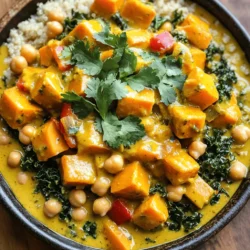 - 2 large sweet potatoes, peeled and cubed - 1 can (14 oz) coconut milk - 1 medium onion, finely chopped - 3 cloves garlic, minced - 1 tablespoon ginger, grated - 1 red bell pepper, diced - 1 cup kale, chopped (or spinach) - 1 can (14 oz) chickpeas, drained and rinsed - 2 tablespoons curry powder - 1 teaspoon ground cumin - Salt and pepper to taste - 2 tablespoons vegetable oil - Fresh cilantro for garnish - Cooked quinoa or rice, for serving Sweet potatoes are the star of this dish. They add sweetness and texture. Coconut milk gives the curry its creamy base and rich taste. Onions, garlic, and ginger form the flavor base. They add depth and warmth. Red bell pepper brings in a pop of color and crunch. Kale or spinach adds greens and nutrients. Chickpeas give protein and make this dish filling. The spices, curry powder and cumin, create that warm, aromatic flavor. I recommend using fresh spices for the best taste. Check your pantry for salt and pepper. Fresh cilantro adds a nice touch when serving. You can serve this curry over fluffy quinoa or rice. It makes a cozy, complete meal. 1. Start by heating 2 tablespoons of vegetable oil in a large pot over medium heat. 2. Add 1 medium onion, finely chopped. Sauté it for about 5 minutes until it turns translucent. 3. Next, stir in 3 cloves of minced garlic and 1 tablespoon of grated ginger. Cook this for one minute until it smells great. 4. Toss in 1 diced red bell pepper. Cook for another 3-4 minutes until it softens. 5. Sprinkle in 2 tablespoons of curry powder and 1 teaspoon of ground cumin. Stir well and cook for one more minute. This step helps to release the rich flavors of the spices. 1. Add 2 large sweet potatoes, peeled and cubed, to the pot. Pour in 1 can of coconut milk. Stir everything together. 2. Bring the mixture to a gentle simmer. Cover the pot and let it cook for 15-20 minutes. 3. Check often to ensure the sweet potatoes are tender. You can easily poke them with a fork when they are ready. 1. Once the sweet potatoes are cooked, add 1 can of drained and rinsed chickpeas and 1 cup of chopped kale (or spinach). 2. Stir well until the greens wilt and everything heats through. This takes about 5 minutes. 3. Finally, taste the curry and adjust the seasoning with salt and pepper. This step ensures your dish has the right flavor. 4. Serve your curry over cooked quinoa or rice, and garnish with fresh cilantro for a bright touch. - Recommended Spice Adjustments To boost the flavor of your curry, add more curry powder or cumin. A pinch of cinnamon can bring warmth. If you like heat, add red pepper flakes. Adjust these spices to suit your taste. - Using Fresh Herbs for Garnish Fresh cilantro adds a bright touch. It makes your dish pop. Chopped green onions can also work well. Try using fresh herbs to uplift the flavors. - Best Methods for Sautéing Heat your oil over medium heat. This helps the onions cook evenly. Stir often to avoid burning. Cook until they are soft and clear. This step builds a strong flavor base for your curry. - Tips for Preventing Burnt Ingredients To avoid burning, keep an eye on the heat. If it gets too hot, lower the flame. Stir frequently, especially when adding spices. This keeps everything from sticking to the pot. - Pairing with Quinoa or Rice Serve your curry over cooked quinoa or rice. Both options soak up the sauce well. Quinoa adds protein, while rice offers a comforting base. Choose whichever you prefer for a hearty meal. - Presentation Ideas For a beautiful plate, use a shallow bowl. Spoon the curry in the center and sprinkle fresh cilantro on top. You can also add a lime wedge for a splash of color. Simple touches make your dish look inviting. {{image_2}} You can switch up the greens in this curry. If you want to use spinach instead of kale, it works great. Spinach wilts down quickly, adding a nice touch. You can also mix in other veggies like carrots or peas. Carrots add sweetness, while peas bring a pop of color. Try adding these for a new twist on your dish. If you want to change the flavor, think about coconut milk alternatives. Almond or soy milk can work, but they will change the taste. You can also use different spice blends. For example, try curry pastes for a bolder flavor. They can add depth and warmth to your curry. Experiment with what you have for a fun twist. Adding protein can make this dish heartier. Tofu or tempeh are great choices. Both soak up flavors well, giving you tasty bites. If you prefer legumes, try lentils or black beans. They are packed with protein and add a nice texture. Choose what you like best to make this dish your own! To keep your vegan sweet potato curry fresh, store it in an airtight container. Place it in the fridge if you plan to eat it within a few days. It will stay good for about 4 to 5 days. If you want to keep it longer, freezing is a great option. Pour the cooled curry into freezer-safe containers. Leave some space at the top, as it will expand when frozen. It can last up to 3 months in the freezer. When you're ready to enjoy your leftover curry, you can use the microwave or stovetop. For the microwave, place the curry in a bowl. Cover it with a lid or a damp paper towel. Heat it in short bursts, stirring in between, until hot. For the stovetop, pour the curry into a pot. Heat it on low, stirring often. This helps keep the curry from sticking to the bottom. To keep the curry's creamy texture, add a splash of coconut milk or water while reheating. This will help maintain its delicious consistency and flavor. The sweet potatoes cook for about 15 to 20 minutes. I add them after sautéing the onion, garlic, ginger, and bell pepper. This time allows them to become tender and soak up all the flavors. When they are soft, they blend well with the spices and coconut milk. Yes, you can make the curry ahead of time. It tastes even better after resting. The flavors deepen as it sits. Cook it, let it cool, and store it in the fridge. You can keep it for up to four days. Absolutely! This curry is perfect for meal prep. Here are some reasons why: - Nutritional Information and Benefits: It is packed with vitamins. Sweet potatoes are rich in fiber and antioxidants. Chickpeas add protein and fiber, making this dish filling and nutritious. - Vegan Diet Compatibility: This recipe is vegan-friendly. It meets the needs of those following a plant-based diet. Plus, it is easy to adjust for different tastes. You can add more veggies or spices to suit your preference. Making this dish ahead means you can enjoy a healthy meal anytime! This blog post covered how to make a delicious vegan sweet potato curry. We explored the key ingredients like sweet potatoes, coconut milk, and chickpeas. You learned step-by-step instructions for preparing, cooking, and finalizing the dish. I shared tips to spice it up and suggested ways to serve it. Remember, you can customize the recipe with different veggies or proteins. Enjoy experimenting with flavors, and don't hesitate to share it with others. This curry is not just tasty; it's healthy and fun to make.