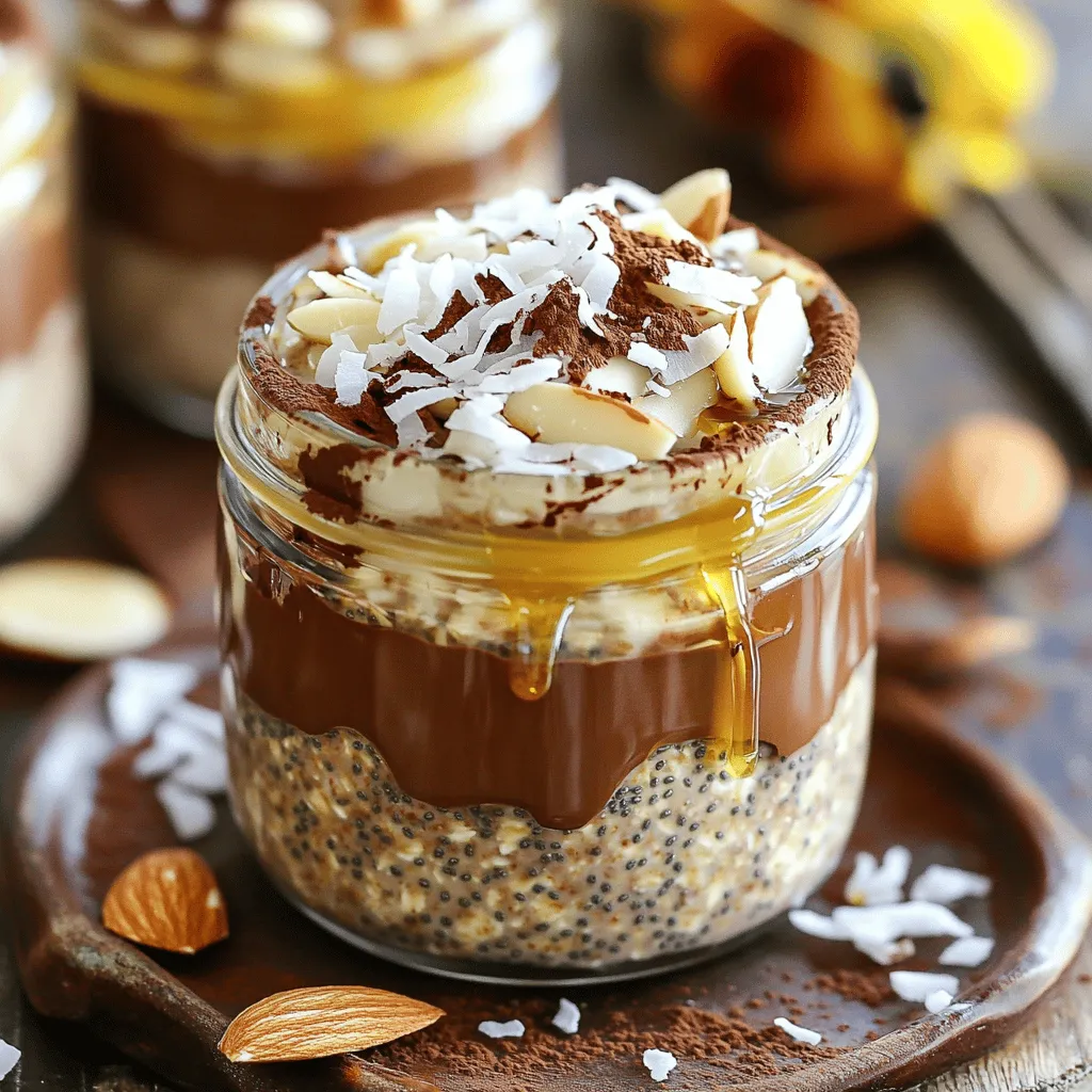 To make Almond Joy Overnight Oats, you need these key items: - 1 cup rolled oats - 1 cup almond milk (or milk of choice) - 1 tablespoon chia seeds - 2 tablespoons maple syrup (adjust to taste) - 1/4 cup shredded unsweetened coconut - 1/4 cup slivered almonds - 2 tablespoons cocoa powder - 1/2 teaspoon vanilla extract - Pinch of salt These ingredients blend together to create a tasty, filling breakfast. You can add more fun flavors to your oats. Here are some ideas: - A dash of cinnamon for warmth - A spoonful of nut butter for creaminess - A handful of chocolate chips for sweetness - Fresh fruit like bananas or berries for a fruity twist These add-ins make your oats even more exciting. When serving, toppings can elevate your dish. Try these: - Extra shredded coconut for crunch - More slivered almonds for a nutty bite - A drizzle of chocolate syrup for indulgence - Sliced bananas or berries for freshness These toppings add both flavor and style to your breakfast. Start by gathering your dry ingredients. In a medium bowl or jar, add: - 1 cup rolled oats - 1 tablespoon chia seeds - 2 tablespoons cocoa powder - A pinch of salt Mix these together well. Make sure everything is evenly spread. This step is key for flavor. Next, grab another bowl. Pour in: - 1 cup almond milk (or your favorite milk) - 2 tablespoons maple syrup (adjust if you like it sweeter) - 1/2 teaspoon vanilla extract Stir these together until they blend nicely. Your wet mix will add smoothness to your oats. Now, take the wet mix and pour it over the dry mix. Stir gently until everything is combined. Then, fold in: - 1/4 cup shredded unsweetened coconut - 1/4 cup slivered almonds Once mixed, divide your oats into jars or leave them in the bowl. Cover them with a lid or plastic wrap. Place them in the fridge overnight or for at least 4 hours. This lets the oats soak and become creamy. In the morning, stir them again. If you want, add a splash of almond milk for a smoother texture. Top with extra coconut and almonds before you dig in! To adjust the sweetness in your Almond Joy Overnight Oats, start with the maple syrup. Use 2 tablespoons as a base. If you like it sweeter, add more syrup, one teaspoon at a time. You can also try honey or agave if you prefer. Taste as you go. This way, you make it just right for you. Store your overnight oats in airtight jars. Glass jars work great. They keep your oats fresh and tasty. Make sure to seal them well. If you use plastic wrap, cover it tightly. This helps prevent drying out. Keep your oats in the fridge for up to five days. For the best texture, use rolled oats. They soak up the almond milk well. If your oats seem too thick in the morning, add a splash of almond milk. Stir it in to loosen things up. You want your oats creamy but not runny. Adjust to your liking for the perfect bite every time. {{image_2}} You can easily make this recipe dairy-free and vegan. Just swap almond milk for coconut milk or oat milk. Both options work great. They keep the taste rich and creamy. If you want more creaminess, use full-fat coconut milk. This change adds a nice coconut flavor. Feel free to mix up your nuts and seeds. Instead of slivered almonds, try walnuts or pecans. They add a different crunch. You can also use sunflower seeds or pumpkin seeds for some extra nutrients. Each choice brings unique flavors to your overnight oats. Want to spice things up? Add a pinch of cinnamon or a dash of nutmeg. Both spices enhance the chocolate flavor. You can also try other extracts like almond or coconut. Just a few drops will give your oats a new twist. These simple changes keep your breakfast exciting every time. Overnight oats stay fresh for about five days in the fridge. This means you can make a batch and enjoy them throughout the week. I love making a big jar on Sunday. You can grab a healthy breakfast each morning. Use airtight containers to keep your oats fresh. Glass jars work well because they don't stain and seal tightly. You can also use plastic containers with tight lids. Just make sure they are clean and dry before adding your oats. You can enjoy your Almond Joy Overnight Oats cold or warm. If you prefer them warm, heat them in the microwave for about 30 seconds. Stir them to get even heat. If you like them cold, just grab a spoon and dig in right from the fridge. Yes, you can prepare Almond Joy Overnight Oats in advance. Make them the night before or up to three days ahead. This recipe is perfect for meal prep. Just mix the oats, chia seeds, cocoa powder, and salt. Then add the wet ingredients and stir. Store in the fridge until you're ready to eat. You will save time and enjoy a quick breakfast. If you don't have almond milk, you can use any milk you like. Dairy milk, soy milk, or oat milk work well. Each choice changes the flavor a bit but adds creaminess. Use what you enjoy most. You can even try coconut milk for a richer taste. To lower the calories in Almond Joy Overnight Oats, make a few easy swaps. First, use less maple syrup or substitute it with a zero-calorie sweetener. You can also reduce the amount of nuts and coconut. This will cut down on fat and calories. Choose a low-calorie milk option, too. These small changes will help you enjoy this treat while staying on track. Almond Joy overnight oats offer a simple way to enjoy a tasty breakfast. This blog covered key ingredients, the preparation steps, and tips for perfecting your mix. Customizing sweetness and finding the right texture make a big difference. Whether you want dairy-free options or creative add-ins, choices abound. Finally, proper storage lets your oats stay fresh longer. With these ideas, you can make a meal that feels special every time. Enjoy your morning treat!