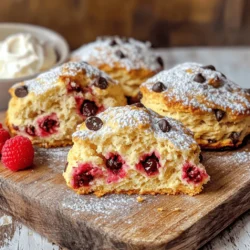 - 2 cups all-purpose flour - 1/4 cup granulated sugar - 1 tablespoon baking powder - 1/2 teaspoon salt - 1/2 cup unsalted butter, cold and cubed - 1/2 cup heavy cream - 1 large egg - 1 teaspoon vanilla extract - 1 cup fresh raspberries - 1/2 cup chocolate chips - Mixing bowls - Pastry cutter or fork - Baking sheet - Parchment paper - Wire rack For these delightful scones, you need simple ingredients. The flour gives the scones structure. Sugar adds sweetness, while baking powder helps them rise. Salt enhances all the flavors. The cold butter creates flakiness. Heavy cream and egg add moisture and richness. Vanilla extract brings a warm depth. Fresh raspberries burst with flavor, and chocolate chips add a sweet surprise. You can use basic kitchen tools to make these scones. Mixing bowls help combine ingredients easily. A pastry cutter or fork breaks up the butter. A baking sheet lined with parchment paper ensures easy cleanup. Lastly, a wire rack cools the scones after baking. Gather these ingredients and tools to start your scone-making adventure! - Preheat oven to 400°F (200°C). - Line a baking sheet with parchment paper. - In a large bowl, combine 2 cups of all-purpose flour, 1/4 cup of sugar, 1 tablespoon of baking powder, and 1/2 teaspoon of salt. - Add 1/2 cup of cold, cubed butter. Use your fingers or a pastry cutter to mix until the mixture looks like coarse crumbs. - In a separate bowl, whisk together 1/2 cup of heavy cream, 1 large egg, and 1 teaspoon of vanilla extract until smooth. - Pour the wet mix into the dry mix. Stir gently with a spatula until they just come together. Don't worry about lumps; they are fine! - Carefully fold in 1 cup of fresh raspberries and 1/2 cup of chocolate chips. Make sure they spread evenly in the dough. - Place the dough on a floured surface. Shape it into a circle about 1 inch thick. - Cut the circle into 8 wedges. Place the scones on the lined baking sheet, leaving space between each one. - Bake in the oven for 15-20 minutes until golden brown. To make light and fluffy scones, avoid overmixing the dough. When you mix, do it gently. This keeps air in the dough, giving you that perfect rise. Use cold butter, too. It helps create those flaky layers we all love. When you're ready to serve, dust your scones with powdered sugar. This adds a sweet touch. Pair them with clotted cream or soft butter for a rich flavor. You can also add fresh raspberries on the side for a nice look. Store any leftover scones in an airtight container at room temperature. They stay fresh for a few days. If you want to enjoy them warm, reheat them in the oven. Set it to 300°F (150°C) and heat for about 10-15 minutes. {{image_2}} You can change the fruit in your scones. If you want a new flavor, try blueberries or strawberries. These fruits pair well with chocolate. They also add a nice burst of juice when you bite in. To make your scones even better, think about adding lemon zest. This gives a bright, fresh taste. It can really liven up the scone. If you like dark chocolate, swap out the chocolate chips for dark ones. Dark chocolate adds a richer flavor that many enjoy. If you need a gluten-free option, you can easily adapt this recipe. Just use a gluten-free flour blend instead of all-purpose flour. This way, everyone can enjoy these delicious scones. You can keep your scones fresh with a few simple tips. - Room temperature: Store them in an airtight container for up to 3 days. This keeps them soft and tasty. - Refrigeration: They can last in the fridge for up to a week. Just make sure to seal them well. Freezing scones is a smart way to enjoy them later. - Unbaked dough: You can freeze the dough for later use. Shape it into wedges, then wrap it tightly in plastic wrap. Store it in a freezer bag. - Baked scones: After baking, let them cool. Then, store them in a freezer-safe bag for up to 3 months. Thaw them overnight in the fridge before enjoying. Yes, but reduce mixing time to prevent mushiness. Frozen raspberries can be a great option. They add a sweet burst of flavor to scones. Just handle them gently to keep them whole. Look for golden edges and a cooked center. The top should also feel firm to the touch. When they are done, they will smell amazing! Pair with tea, coffee, or on a brunch table. They are perfect for breakfast or a snack. You can even enjoy them with clotted cream for a richer taste. Warm in the oven at 300°F (150°C) for about 10-15 minutes. This method revives their crisp edges and soft center. Avoid the microwave, as it can make them tough. This blog post guides you through making delicious Raspberry Chocolate Chip Scones. You learned the key ingredients and kitchen tools needed to start. We covered clear steps, tips for perfect texture, and fun variations to try. Remember, storing scones properly keeps them fresh. Don't forget to experiment with flavors and enjoy these treats. Baking should be fun and easy, and now you have all you need to make it happen! Enjoy your scone-making journey!