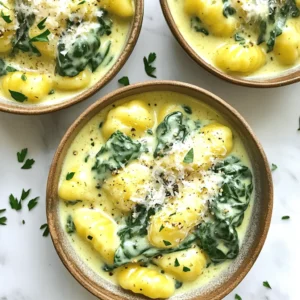 - 1 pound gnocchi (fresh or store-bought) - 2 cups fresh spinach, chopped - 1 cup heavy cream - 1 cup grated Parmesan cheese - 3 cloves garlic, minced - 2 tablespoons butter - 1 tablespoon olive oil - Salt and pepper to taste - Pinch of nutmeg (optional) - Fresh parsley, chopped (for garnish) Use fresh spinach for the best flavor. Look for bright green leaves. Aged Parmesan gives a richer taste. Choose heavy cream instead of light cream for a thicker sauce. Ensure the garlic is fresh for a strong aroma. If using store-bought gnocchi, pick a high-quality brand for better texture. For a lighter option, use half-and-half instead of heavy cream. You can swap Parmesan for a dairy-free cheese if needed. For gluten-free diets, use gluten-free gnocchi. If you prefer, replace spinach with kale or Swiss chard. You can also use garlic powder if you don&rsquo;t have fresh garlic. First, fill a large pot with water and add salt. Bring the water to a boil. Add the gnocchi. If you use fresh gnocchi, they will float in about 2-3 minutes. This means they are ready. Drain the gnocchi well and set them aside for later. In a large skillet, heat olive oil and butter over medium heat. Add minced garlic and cook for about one minute. You want the garlic to smell good but not brown. Pour in the heavy cream and let it simmer gently. Stir it well to mix. Gradually add the grated Parmesan cheese. Keep stirring until the sauce looks creamy and smooth. Add the chopped spinach to the skillet, cooking it until it wilts, which takes about 2-3 minutes. Season with salt, pepper, and a pinch of nutmeg if you like. Now it's time to bring it all together. Add the cooked gnocchi to the skillet. Gently toss them in the creamy sauce. Cook for another 2 minutes to heat everything. Finally, remove from heat and garnish with fresh parsley. Enjoy your creamy garlic Parmesan spinach gnocchi! To get a creamy sauce, start with fresh ingredients. Use heavy cream for rich flavor. Heat the cream slowly; this helps it mix well with cheese. Stir in the Parmesan cheese gradually. This way, it melts smoothly. If the sauce is too thick, add a splash of pasta water. It adds creaminess and helps the sauce cling to the gnocchi. Cooking gnocchi is simple. Boil them in salted water until they float. This usually takes about 2-3 minutes. Don&rsquo;t overcrowd the pot; cook in batches if needed. Once they float, drain them gently. Avoid overcooking, as they can become mushy. Toss the gnocchi in the sauce right after draining for the best flavor. Garnishing makes your dish look great. Use fresh parsley for a pop of color. It adds freshness too. You can drizzle extra cream on top for a fancy touch. A sprinkle of Parmesan cheese enhances the flavor and looks appealing. Serve in shallow bowls to show off the creamy sauce. {{image_2}} You can boost the protein in your creamy garlic Parmesan spinach gnocchi by adding chicken or shrimp. For chicken, use cooked, shredded pieces. Saut&eacute; the chicken in the skillet before adding the cream. For shrimp, add them directly to the sauce. Cook them until they turn pink. This adds flavor and makes the dish more filling. If you want a vegetarian option, skip the meat and enjoy the dish as is. For a vegan choice, replace the heavy cream with coconut milk or cashew cream. Use nutritional yeast instead of Parmesan for that cheesy flavor. You can also try tofu or tempeh for added protein. This way, everyone can enjoy this creamy delight. Enhance the flavor with fresh herbs like basil or thyme. Add these when you toss the spinach in the sauce. A pinch of red pepper flakes can give it a nice kick. For a unique twist, try adding lemon zest. It brightens up the dish and adds freshness. Experiment with different spices to find your favorite combo! To store your creamy garlic parmesan spinach gnocchi, let it cool first. Place the leftovers in an airtight container. This dish keeps well in the fridge for up to three days. When you want to enjoy it again, just take it out and reheat. If you want to freeze your dish, it is best to freeze the gnocchi and sauce separately. Cooked gnocchi can freeze well for up to two months. Use a freezer-safe bag or container. Make sure to remove as much air as possible. For the sauce, let it cool, then pour it into a freezer-safe container. This can also freeze for up to two months. When you are ready to eat your leftovers, use the stove for the best results. Add a splash of cream or water to the sauce to help it return to its creamy state. Heat over medium heat until warm. Stir often to avoid burning. If you use the microwave, cover the dish and heat in short bursts, stirring between each. Enjoy your meal just like the first time! Yes, you can use frozen gnocchi. Just cook it straight from the freezer. Follow the package directions for the best results. The cooking time may be a bit longer. When it floats, it&rsquo;s ready. You can use half-and-half or whole milk. For a dairy-free option, try coconut cream. These substitutes will change the taste a bit. Adjust your seasoning to match. This creamy garlic parmesan spinach gnocchi lasts about three days in the fridge. Store it in an airtight container. Reheat gently on the stove or microwave. The sauce may thicken, so add a splash of milk or cream to loosen it. This blog post covered everything from ingredients to storage tips for gnocchi. You learned about key components for both the dish and its sauce. I shared tricks for creamy sauces and perfect cooking. You can also find ways to adapt this meal for different diets. Now, you have the tools to make a delicious gnocchi dish. Embrace your culinary creativity and enjoy cooking!