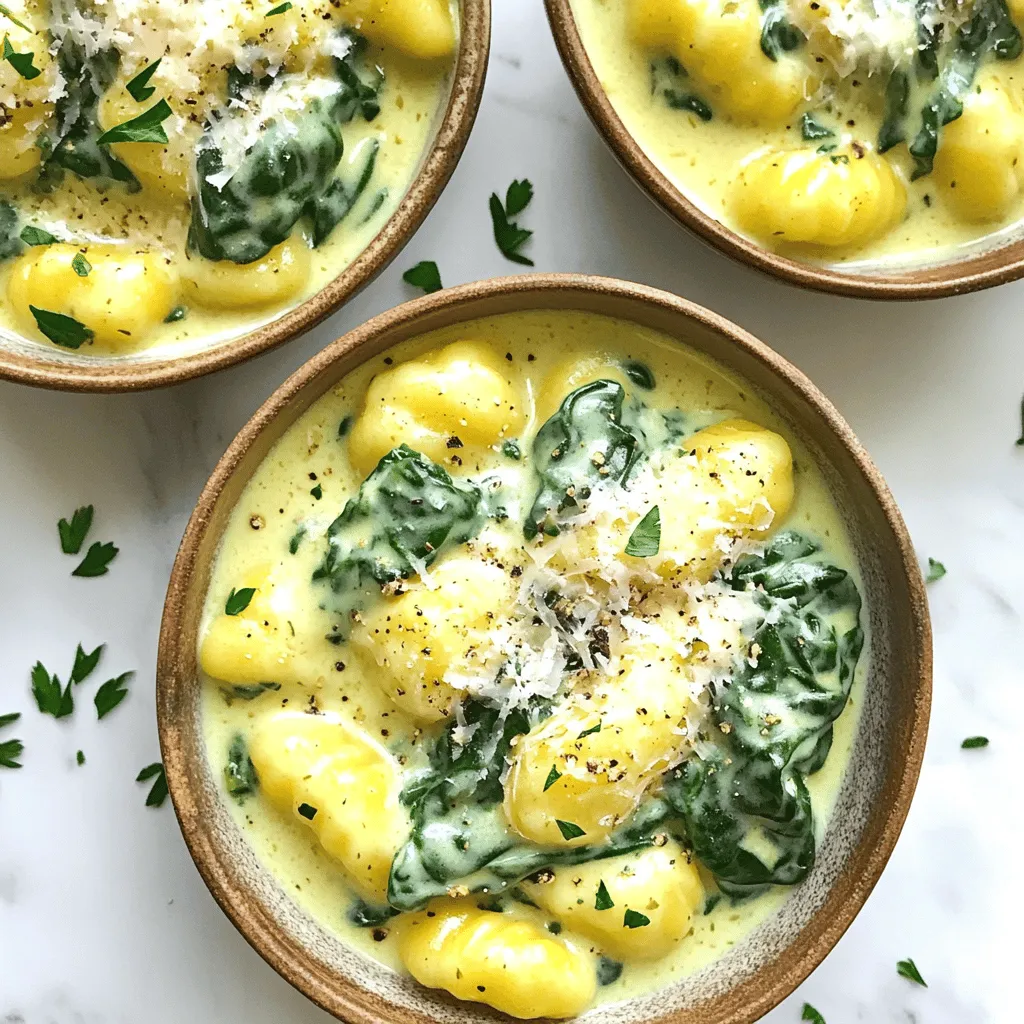 - 1 pound gnocchi (fresh or store-bought) - 2 cups fresh spinach, chopped - 1 cup heavy cream - 1 cup grated Parmesan cheese - 3 cloves garlic, minced - 2 tablespoons butter - 1 tablespoon olive oil - Salt and pepper to taste - Pinch of nutmeg (optional) - Fresh parsley, chopped (for garnish) Use fresh spinach for the best flavor. Look for bright green leaves. Aged Parmesan gives a richer taste. Choose heavy cream instead of light cream for a thicker sauce. Ensure the garlic is fresh for a strong aroma. If using store-bought gnocchi, pick a high-quality brand for better texture. For a lighter option, use half-and-half instead of heavy cream. You can swap Parmesan for a dairy-free cheese if needed. For gluten-free diets, use gluten-free gnocchi. If you prefer, replace spinach with kale or Swiss chard. You can also use garlic powder if you don’t have fresh garlic. First, fill a large pot with water and add salt. Bring the water to a boil. Add the gnocchi. If you use fresh gnocchi, they will float in about 2-3 minutes. This means they are ready. Drain the gnocchi well and set them aside for later. In a large skillet, heat olive oil and butter over medium heat. Add minced garlic and cook for about one minute. You want the garlic to smell good but not brown. Pour in the heavy cream and let it simmer gently. Stir it well to mix. Gradually add the grated Parmesan cheese. Keep stirring until the sauce looks creamy and smooth. Add the chopped spinach to the skillet, cooking it until it wilts, which takes about 2-3 minutes. Season with salt, pepper, and a pinch of nutmeg if you like. Now it's time to bring it all together. Add the cooked gnocchi to the skillet. Gently toss them in the creamy sauce. Cook for another 2 minutes to heat everything. Finally, remove from heat and garnish with fresh parsley. Enjoy your creamy garlic Parmesan spinach gnocchi! To get a creamy sauce, start with fresh ingredients. Use heavy cream for rich flavor. Heat the cream slowly; this helps it mix well with cheese. Stir in the Parmesan cheese gradually. This way, it melts smoothly. If the sauce is too thick, add a splash of pasta water. It adds creaminess and helps the sauce cling to the gnocchi. Cooking gnocchi is simple. Boil them in salted water until they float. This usually takes about 2-3 minutes. Don’t overcrowd the pot; cook in batches if needed. Once they float, drain them gently. Avoid overcooking, as they can become mushy. Toss the gnocchi in the sauce right after draining for the best flavor. Garnishing makes your dish look great. Use fresh parsley for a pop of color. It adds freshness too. You can drizzle extra cream on top for a fancy touch. A sprinkle of Parmesan cheese enhances the flavor and looks appealing. Serve in shallow bowls to show off the creamy sauce. {{image_2}} You can boost the protein in your creamy garlic Parmesan spinach gnocchi by adding chicken or shrimp. For chicken, use cooked, shredded pieces. Sauté the chicken in the skillet before adding the cream. For shrimp, add them directly to the sauce. Cook them until they turn pink. This adds flavor and makes the dish more filling. If you want a vegetarian option, skip the meat and enjoy the dish as is. For a vegan choice, replace the heavy cream with coconut milk or cashew cream. Use nutritional yeast instead of Parmesan for that cheesy flavor. You can also try tofu or tempeh for added protein. This way, everyone can enjoy this creamy delight. Enhance the flavor with fresh herbs like basil or thyme. Add these when you toss the spinach in the sauce. A pinch of red pepper flakes can give it a nice kick. For a unique twist, try adding lemon zest. It brightens up the dish and adds freshness. Experiment with different spices to find your favorite combo! To store your creamy garlic parmesan spinach gnocchi, let it cool first. Place the leftovers in an airtight container. This dish keeps well in the fridge for up to three days. When you want to enjoy it again, just take it out and reheat. If you want to freeze your dish, it is best to freeze the gnocchi and sauce separately. Cooked gnocchi can freeze well for up to two months. Use a freezer-safe bag or container. Make sure to remove as much air as possible. For the sauce, let it cool, then pour it into a freezer-safe container. This can also freeze for up to two months. When you are ready to eat your leftovers, use the stove for the best results. Add a splash of cream or water to the sauce to help it return to its creamy state. Heat over medium heat until warm. Stir often to avoid burning. If you use the microwave, cover the dish and heat in short bursts, stirring between each. Enjoy your meal just like the first time! Yes, you can use frozen gnocchi. Just cook it straight from the freezer. Follow the package directions for the best results. The cooking time may be a bit longer. When it floats, it’s ready. You can use half-and-half or whole milk. For a dairy-free option, try coconut cream. These substitutes will change the taste a bit. Adjust your seasoning to match. This creamy garlic parmesan spinach gnocchi lasts about three days in the fridge. Store it in an airtight container. Reheat gently on the stove or microwave. The sauce may thicken, so add a splash of milk or cream to loosen it. This blog post covered everything from ingredients to storage tips for gnocchi. You learned about key components for both the dish and its sauce. I shared tricks for creamy sauces and perfect cooking. You can also find ways to adapt this meal for different diets. Now, you have the tools to make a delicious gnocchi dish. Embrace your culinary creativity and enjoy cooking!