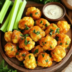 To make Buffalo Cauliflower Bites, you need a few simple items: - 1 large head of cauliflower, cut into bite-sized florets - 1 cup all-purpose flour - 1 teaspoon garlic powder - 1 teaspoon onion powder - 1 teaspoon smoked paprika - 1 teaspoon cayenne pepper (adjust for spice level) - 1 cup water (or non-dairy milk for a richer flavor) - 1 cup buffalo hot sauce (adjust to taste) - 2 tablespoons melted vegan butter or regular butter - Salt and pepper to taste - Fresh parsley for garnish The spices make these bites flavorful. Garlic powder adds a nice kick, while onion powder gives depth. Smoked paprika brings a warm taste. Cayenne pepper adds heat. You can adjust the cayenne to control how spicy you want the bites. Salt and pepper enhance all the flavors and make each bite pop. For a tasty finish, consider using fresh parsley. It adds color and freshness. For dips, ranch or blue cheese dressing pair well. You can also serve celery sticks on the side. They add crunch and help balance the spice. These little touches make your snack even more enjoyable! Start by preheating your oven to 450°F (232°C). This helps the bites get nice and crispy. Next, grab a large bowl. Add 1 cup of all-purpose flour, 1 teaspoon garlic powder, 1 teaspoon onion powder, 1 teaspoon smoked paprika, 1 teaspoon cayenne pepper, salt, and pepper. Mix these dry ingredients well. Now, slowly pour in 1 cup of water or non-dairy milk. Stir until the batter is smooth. The batter should coat the cauliflower well. Cut the large head of cauliflower into bite-sized florets. Dip each floret into the batter. Make sure every piece is fully covered. Place the coated florets on a baking sheet lined with parchment paper. Place the baking sheet in the preheated oven. Bake for 20-25 minutes. Keep an eye on them. You want the batter to be golden and crispy. This step is key for that crunch we all love. While the cauliflower bakes, mix 1 cup of buffalo hot sauce with 2 tablespoons of melted butter in a small bowl. Once the cauliflower is out of the oven, drizzle this sauce over the bites. You can also toss them in a bowl for even coating. This adds great flavor. Put the coated cauliflower back in the oven for another 5-10 minutes. This helps the sauce stick well. When they are done, let them cool a bit before serving. Enjoy your spicy, crunchy snack! To make your Buffalo Cauliflower Bites extra crispy, follow a few key steps. First, ensure you cut the cauliflower into even, bite-sized florets. This helps them cook evenly. Next, use a high oven temperature of 450°F (232°C) for baking. This heat makes the batter crisp up nicely. Don’t skip the pre-baking step; it helps the batter set before adding sauce. Finally, toss the bites in the buffalo sauce after the first bake. Then, return them to the oven for a final crisp. This method locks in that crunch. Spice is a personal choice. To adjust the heat, start with the cayenne pepper. Use less if you prefer a milder flavor. You can also add more buffalo sauce for extra kick. If you love heat, add crushed red pepper flakes to the batter. This adds flavor and more spice. Remember, you can always taste as you go. Create a sauce you love by mixing different hot sauces too. Experiment until you find the perfect balance for your taste buds. Avoid these common mistakes for the best Buffalo Cauliflower Bites. First, don’t overcrowd the baking sheet. Give each floret space to breathe for even cooking. Next, don’t skip the batter coating. It’s key for flavor and texture. If the batter is too thick, add more water or milk. If it’s too thin, add more flour. Lastly, watch the baking time closely. Overbaking can lead to dry bites. Follow these tips to enjoy crunchy, flavorful snacks every time. {{image_2}} You can make Buffalo Cauliflower Bites gluten-free. Use almond flour or chickpea flour instead of regular flour. These flours add a unique flavor and texture. They also keep your bites crispy. Just replace the all-purpose flour with the gluten-free option in the recipe. For a tasty vegan dip, try mixing avocado with lime juice. This creamy dip pairs well with the spicy bites. You can also use a store-bought vegan ranch. Another option is to blend cashews with herbs and lemon juice. This gives a rich and tasty flavor for dipping. Feel free to get creative with the sauces. You can use BBQ sauce for a sweeter twist. Teriyaki sauce adds a nice Asian flavor. For a spicy kick, try sriracha mixed with honey. Each sauce changes the taste, making your bites fun and new each time. Store leftover Buffalo Cauliflower Bites in an airtight container. Let them cool first. Place a paper towel in the container to absorb moisture. This keeps them from getting soggy. Store them in the fridge for up to three days. If you want to keep them longer, freezing is a great option. To reheat, use the oven for the best texture. Preheat your oven to 400°F (204°C). Spread the bites on a baking sheet in a single layer. Bake for 10-15 minutes until they are hot and crispy. You can also use an air fryer. Set it to 350°F (175°C) and heat for about 5-8 minutes. Both methods help restore their crunch. You can freeze uncooked or cooked Buffalo Cauliflower Bites. For uncooked bites, place them on a baking sheet and freeze until solid. Then, transfer them to a freezer bag. They will last up to three months. If freezing cooked bites, let them cool completely. Store them in an airtight container. They can last for about two months in the freezer. Yes, you can prepare Buffalo Cauliflower Bites ahead of time. First, follow the recipe up to baking. After coating the florets, store them in the fridge for a few hours. This helps the flavors mix well. When you are ready to eat, bake them as directed. This method keeps them fresh and tasty. If you need a substitute for all-purpose flour, try chickpea flour. It adds a nice flavor and is gluten-free. You can also use almond flour or oat flour. Each option creates a different texture, but they all work well in this recipe. To reduce the heat, cut down on cayenne pepper in the batter. You can also add more garlic powder or onion powder to balance the spice. Another tip is to serve them with a cooling sauce, like ranch or yogurt. Dipping helps tone down the flavor and makes it more enjoyable. Serve Buffalo Cauliflower Bites hot and crispy on a platter. Pair them with celery sticks for crunch. Offer ranch or blue cheese dressing for dipping. Garnish with fresh parsley for a colorful touch. This presentation makes the dish look inviting and delicious. In this blog post, we explored how to make Buffalo Cauliflower Bites, from key ingredients to step-by-step cooking. You learned how to season them, bake until crispy, and coat with sauce. We covered tips for adjusting heat, common mistakes, and tasty variations. Plus, we discussed storage methods for leftovers and reused options. Buffalo Cauliflower Bites are fun to make and easy to enjoy. With these tips, you’ll feel confident to create a tasty dish that everyone will love!