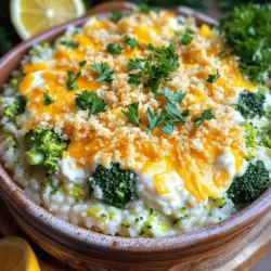 - 2 cups cooked rice (white or brown) - 2 cups fresh broccoli florets (lightly steamed) - 1 cup shredded sharp cheddar cheese - 1/2 cup cream cheese, softened - 1 cup chicken or vegetable broth - 1/2 cup sour cream - 1/2 cup breadcrumbs (for topping) - 1 teaspoon garlic powder - 1 teaspoon onion powder - Salt and pepper to taste - 1 tablespoon olive oil - Optional: 1/4 teaspoon crushed red pepper flakes for added heat For this cheesy broccoli rice casserole, I choose simple ingredients that pack a punch. The rice forms the base, either white or brown, giving a nice, hearty feel. Fresh broccoli florets are lightly steamed to keep their bright color and crunch. I love using sharp cheddar cheese for its bold flavor. Cream cheese adds creaminess and richness. Chicken or vegetable broth gives depth, while sour cream makes the dish even tastier. Seasonings like garlic powder and onion powder bring out the flavors. I always add salt and pepper to taste. A sprinkle of breadcrumbs on top gives a nice crunch. If you like some heat, toss in crushed red pepper flakes. The olive oil helps everything blend well and keeps it from sticking. These ingredients come together to create a warm, cheesy hug in a dish. - Preheat your oven to 350°F (175°C). - In a large bowl, combine 2 cups of cooked rice and 2 cups of lightly steamed broccoli florets. - Add 1 cup of shredded sharp cheddar cheese, 1/2 cup of softened cream cheese, 1 cup of chicken or vegetable broth, and 1/2 cup of sour cream to the mixture. - Season with 1 teaspoon of garlic powder, 1 teaspoon of onion powder, salt, and pepper to taste. If you like heat, add 1/4 teaspoon of crushed red pepper flakes. Stir well until creamy and mixed. - Grease a 9x13 inch casserole dish with 1 tablespoon of olive oil. Pour the rice and broccoli mixture into the dish, spreading it evenly. - In a small bowl, mix 1/2 cup of breadcrumbs with a drizzle of olive oil until they are lightly coated. Sprinkle this breadcrumb mixture evenly over the casserole for a crunchy topping. - Place the casserole in the preheated oven. Bake for 25-30 minutes, or until it is heated through and the top is golden brown. - Once baked, remove it from the oven. Let it sit for 5 minutes before serving. - Achieving a creamy texture: To get that creamy feel, mix the rice, broccoli, and cheeses well. The cream cheese and sour cream add richness. Make sure not to overcook the broccoli, as it can become mushy. - Best cheese options for flavor: I love using sharp cheddar cheese. It gives a bold taste. You can try mozzarella for a milder flavor or gouda for something different. Mixing cheeses can add a fun twist. - Using fresh vs. frozen broccoli: Fresh broccoli is best for texture. Lightly steam it, so it stays bright and crunchy. Frozen broccoli can work, but it may be softer. If using frozen, thaw and drain it well before mixing. - Pairing with proteins: This casserole pairs well with grilled chicken or baked fish. It makes a great side dish for meatloaf too. The flavors balance nicely. - Garnishing ideas: A sprinkle of fresh parsley adds color. You can also add lemon slices for a zesty touch. If you like a bit of heat, sprinkle some crushed red pepper on top before serving. - Ideal serving dishes: Use a 9x13 inch casserole dish for even baking. Serving it right in the dish looks rustic and inviting. You can also use individual ramekins for a fun presentation. {{image_2}} When making Cheesy Broccoli Rice Casserole, you can easily change it to fit your needs. Here are some fun ideas. - Gluten-free options: Use gluten-free breadcrumbs for the topping. Ensure your broth is gluten-free too. - Vegan adaptations: Replace cream cheese and sour cream with cashew cream. Use vegan cheese instead of cheddar. - Low-carb alternatives: Swap rice for cauliflower rice. This keeps it low-carb while still tasty. - Adding meats like chicken or ham: Mix in cooked chicken or ham for extra protein. This makes the dish more filling. - Incorporating other vegetables: Try adding peas, carrots, or bell peppers. These add color and nutrients. - Spice it up with herbs and seasonings: Use thyme, basil, or even a pinch of cayenne. This adds depth to the flavor. Feel free to mix and match these ideas! Each variation can give you a new twist on a classic dish. Enjoy your cooking adventure! To keep your cheesy broccoli rice casserole fresh, follow these steps: - Let the casserole cool completely before storing. - Place leftovers in an airtight container. - Store in the fridge for up to 3 days. For longer storage, you can freeze it. Just wrap it tightly in plastic wrap and then in aluminum foil. This way, it can last for up to 3 months. When it’s time to enjoy those leftovers, you have two main options: the microwave or the oven. - Microwave: Place a portion on a microwave-safe plate. Heat for 1-2 minutes, checking often. Add a splash of broth if it seems dry. - Oven: Preheat your oven to 350°F (175°C). Cover the casserole with foil and heat for about 20 minutes. This helps keep the texture nice. To maintain the creamy texture, avoid overheating. Check for warmth often. Enjoy every cheesy bite! Can I use brown rice instead of white rice? Yes, you can use brown rice. It adds a nutty flavor and is more wholesome. Just make sure it is fully cooked before adding it to the mix. Is it possible to make this recipe ahead of time? Yes, you can prepare it ahead. Just mix the ingredients and store them in the fridge. Bake it when you are ready to serve. How long does leftover casserole last in the fridge? Leftovers last about 3-5 days in the fridge. Store them in an airtight container for best freshness. What can I substitute for cream cheese? You can use Greek yogurt or cottage cheese. They both give a creamy texture with less fat. Are there alternatives to cheddar cheese? Yes, you can try Monterey Jack or Gouda. Both melt well and add a nice flavor. Can I use vegetable broth instead of chicken broth? Absolutely, vegetable broth works great. It keeps the dish vegetarian and still very tasty. In this article, we explored a delicious cheesy broccoli rice casserole. We discussed key ingredients, detailed preparation steps, and offered tips for the perfect dish. I shared ways to modify the recipe for different diets and how to store leftovers. This casserole is easy to make and packed with flavor. With a few tweaks, you can match it to your taste. Enjoy making it your own, and relish each bite!
