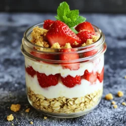 - 1 cup rolled oats - 1 cup milk (or almond milk) - 1/2 cup Greek yogurt - 1/4 cup cream cheese - 2 tablespoons honey or maple syrup - 1 teaspoon vanilla extract - 1 cup fresh strawberries - 2 tablespoons crushed graham crackers - Optional: fresh mint leaves Let’s break down these ingredients. First, the rolled oats form the base of our dish. They soak up liquid and create a creamy texture. You can use regular milk or almond milk for a dairy-free option. The Greek yogurt adds protein and a thick creaminess. Cream cheese enhances the cheesecake flavor. I love using honey or maple syrup for sweetness. The vanilla extract adds warmth and depth. For toppings, fresh strawberries are a must. They provide a burst of flavor and color. Crushed graham crackers mimic the crust of traditional cheesecake. Fresh mint leaves can brighten up the dish, adding a touch of freshness. To start, take a mixing bowl. Add the softened cream cheese and Greek yogurt. I like to use plain or vanilla yogurt for a bit of flavor. Next, pour in honey or maple syrup for sweetness. Add one teaspoon of vanilla extract and a pinch of salt. Whisk everything together until smooth. Make sure there are no lumps of cream cheese. This creamy mixture is the heart of your strawberry cheesecake overnight oats. In a separate bowl, combine one cup of rolled oats with one cup of milk. You can use almond milk for a dairy-free option. Stir the oats and milk to mix well. Let the mixture sit for about five minutes. This step helps the oats soften and absorb the milk. It makes for a great texture when you eat it later. Now it’s time to layer the ingredients! Start with half of the oat mixture. Place it in a mason jar or another airtight container. Next, add half of the diced strawberries on top of the oats. Don’t forget to sprinkle some crushed graham crackers over the strawberries. This adds that cheesecake crunch! Repeat this process with the remaining oat mixture, strawberries, and graham crackers. Seal the jar and place it in the fridge overnight. This allows all the flavors to blend together. In the morning, just stir it gently and enjoy your delicious creation! To get the best taste in your strawberry cheesecake overnight oats, pick the right sweetener. I love honey or maple syrup. Both add a nice touch of sweetness. If you want a low-calorie option, try using stevia or agave nectar. For yogurt, choose plain or vanilla Greek yogurt. Both give a creamy texture. Greek yogurt also adds protein, which is great for your morning boost. Store your overnight oats in an airtight container. A mason jar works perfectly. Keep them in the fridge. This helps keep them fresh and tasty. They last well for about three days. If you want, you can make several jars at once. Just remember to add fresh fruit or toppings right before you eat. This keeps everything crunchy and vibrant. Make your oats look great for serving! Use the same jar you mixed them in. Top with extra strawberries for color. A dollop of whipped cream adds a fun touch. Don’t forget to sprinkle more crushed graham crackers on top. This gives a nice crunch and looks lovely. You can also add fresh mint leaves for a pop of green. This makes your dish even more appealing! {{image_2}} You can enjoy strawberry cheesecake overnight oats without dairy. Use almond milk instead of regular milk. For yogurt, choose coconut yogurt or any plant-based option. Swap cream cheese with a dairy-free cream cheese. These swaps keep the flavor rich and creamy. You won’t miss the dairy at all! Feel free to get creative with fruit! You can use blueberries, raspberries, or blackberries for a colorful twist. Peaches or bananas also work well, adding natural sweetness. Seasonal fruits like apples in fall make great choices, too. Mix and match to find your favorite combo! Want to spice things up? Add a pinch of cinnamon or nutmeg for warmth. Cocoa powder can give you a chocolatey treat. You can even mix in a tablespoon of peanut butter for a nutty flavor. Each addition brings a new taste experience to your oats! To keep your strawberry cheesecake overnight oats fresh, store them in an airtight container. I recommend using a mason jar. This keeps out air and helps the oats stay moist. Make sure the lid is on tight. Place the jar in the fridge right after you prepare it. This will help the flavors blend well. You can enjoy overnight oats cold or warm. If you prefer heat, do not microwave it too long. Heat it for about 30 seconds to 1 minute. Stir it every 15 seconds to check the warmth. This keeps the texture from getting too mushy. Overnight oats can last in the fridge for up to 5 days. However, for the best taste, I recommend eating them within 3 days. The strawberries can lose their crunch after a while. If you notice any changes in smell or color, it’s best to toss them out. Yes, you can use instant oats. They cook faster and absorb liquid more quickly. This makes them softer and creamier. However, they may not give the same texture as rolled oats. Rolled oats add a nice chewiness to your overnight oats. If you like a thicker mix, stick to rolled oats. Yes, it is very important to refrigerate your overnight oats. Soaking oats helps them absorb liquid. This makes the oats soft and creamy. If you skip this step, the oats may be too hard. Refrigeration also keeps your oats fresh. So, let them sit in the fridge for at least 4-5 hours, or overnight for the best taste. Absolutely! You can make overnight oats up to five days ahead. Just remember to store them in airtight containers. This keeps them fresh. Aim for a prep time of about 10 minutes. You can grab them in the morning for a quick breakfast. Enjoy them cold or at room temperature for a tasty start to your day. Overnight oats are simple and fun to make. We explored the key ingredients, from oats and milk to tasty toppings like strawberries and graham crackers. I shared tips to enhance flavor and keep them fresh. You can try dairy-free options or mix in seasonal fruits for a twist. Remember, overnight oats can save you time with easy prep. Enjoy experimenting and finding your favorite flavors, and don't shy away from being creative! Your perfect breakfast awaits in the fridge.