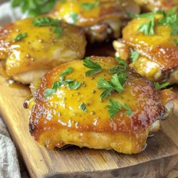 To make Air Fryer Honey Dijon Chicken Thighs, you will need a few key ingredients. These ingredients create a tasty dish with a sweet and tangy flavor. Here’s what you need: - 4 chicken thighs, skinless and boneless - 3 tablespoons honey - 2 tablespoons Dijon mustard - 2 tablespoons olive oil - 2 cloves garlic, minced - 1 teaspoon dried thyme - 1 teaspoon paprika - Salt and pepper to taste - Fresh parsley for garnish (optional) Each ingredient plays a vital role in building flavor. The honey adds sweetness, while the Dijon mustard provides a sharp tang. Olive oil helps to keep the chicken moist during cooking. Minced garlic gives a wonderful aroma and flavor. Thyme and paprika add depth and warmth to the dish. Using quality chicken thighs is key. They stay juicy and tender, making your meal satisfying. Feel free to garnish with parsley for a pop of color. This simple addition makes the dish look even more appealing. Gather these ingredients, and you’re ready to create a savory delight in your air fryer! 1. In a mixing bowl, whisk together the honey, Dijon mustard, olive oil, minced garlic, dried thyme, paprika, salt, and pepper. This mixture will be your marinade. It gives the chicken great flavor. 2. Add the chicken thighs to the bowl. Make sure each piece is well coated. You want every bite to taste amazing. Cover the bowl and let it sit in the fridge for at least 30 minutes. For extra flavor, marinate for up to 2 hours. 1. Set your air fryer to preheat at 380°F (190°C). Preheating helps cook the chicken evenly. 2. Once preheated, take out the marinated chicken thighs. Place them in the air fryer basket in a single layer. Avoid stacking them. This allows hot air to circulate for the best crispiness. 1. Cook the chicken thighs for 18 to 20 minutes. After 9 to 10 minutes, flip them over. This helps both sides get that nice golden brown color. 2. Check that the internal temperature reaches 165°F (75°C). This ensures the chicken is safe to eat. When done, take the chicken out and let it rest for 5 minutes before slicing. Enjoy your tasty meal! Marinating is key to great flavor. I recommend letting the chicken thighs soak in the marinade for at least 30 minutes. If you have more time, go for two hours. This extra time helps the flavors soak in. You can also boost the taste by adding fresh herbs like rosemary or basil. A splash of lemon juice adds brightness too. For even cooking, place the chicken thighs in a single layer. This helps hot air reach all sides. Avoid stacking the chicken; it can lead to uneven cooking. If you have more chicken, cook in batches. This way, each piece gets that perfect golden finish. Pair your Honey Dijon chicken thighs with sides like roasted veggies or a fresh salad. Rice or quinoa also works well. For a nice touch, slice the chicken and arrange it on a platter. Sprinkle fresh parsley over the top for color. This makes the dish look as good as it tastes! {{image_2}} You can boost the taste of your Air Fryer Honey Dijon Chicken Thighs. Adding fresh herbs like rosemary or basil can really elevate the dish. A sprinkle of garlic powder or onion powder can also give it a nice kick. If you like heat, consider adding cayenne or chili flakes for some spice. For sweeteners, honey is great, but you can swap it out. Maple syrup or agave nectar works well if you want a different flavor. Just keep it at the same amount to keep the balance right. While chicken thighs are juicy, you can use chicken breasts instead. They will cook faster, so adjust your time to about 15 minutes. You might want to add a bit more olive oil to keep them moist. If you enjoy bone-in chicken thighs, they can work too! Just remember, they will take longer to cook. Aim for 25–30 minutes, and make sure to check the internal temperature. If you don’t have an air fryer, you can bake the chicken in the oven. Preheat your oven to 400°F (200°C). Place the marinated chicken on a baking sheet and bake for 25–30 minutes. This method gives you a nice crust too. Grilling the chicken is another tasty option. Preheat your grill and cook for about 6–7 minutes per side. Grilling adds a smoky flavor that pairs well with the honey Dijon. After cooking, let your chicken thighs cool down. Place the leftovers in an airtight container. This keeps them fresh for up to four days in the fridge. Always store them promptly to prevent bacterial growth. For the best quality, reheat gently before serving. Use a microwave or an air fryer to warm them. This helps to regain some of that crispy texture. You can freeze cooked chicken thighs if you have extras. Wrap them well in plastic wrap and then place them in a freezer bag. This keeps them safe for about three months. When you're ready to eat, thaw them in the fridge overnight. For quick reheating, use your air fryer again. Cook at 350°F (175°C) for about 10-15 minutes. Check that the center is warm and safe to eat. To check if your chicken is fully cooked, use a meat thermometer. The chicken should reach an internal temperature of 165°F (75°C). This ensures it is safe to eat. Other signs of doneness include: - The juices run clear when you cut into the chicken. - The meat is no longer pink inside. - The chicken feels firm to the touch. Yes, you can use bone-in chicken thighs. They can add more flavor and moisture to your dish. However, you need to adjust the cooking time. Bone-in thighs take longer to cook than skinless, boneless thighs. Here are a few tips: - Increase the cooking time by about 5–10 minutes. - Check the internal temperature in the thickest part of the thigh. You’ll notice a difference in texture too. Bone-in thighs tend to be juicier and have a richer taste. You can enjoy Honey Dijon chicken thighs with many side dishes. Here are some great options: - Roasted vegetables like broccoli or carrots. - A light salad with mixed greens and vinaigrette. - Creamy mashed potatoes or rice. For a refreshing touch, try pairing it with a simple salad. A green salad with a citrus dressing complements the chicken well. You can also serve it with your favorite sauces. A honey mustard dip or a tangy barbecue sauce works nicely. This guide shows how to make tasty honey Dijon chicken thighs in an air fryer. You learned about essential ingredients, step-by-step cooking, and smart tips for great flavor. Remember to marinate your chicken well for the best taste. You can also mix things up with different cuts or cooking methods. Store leftovers wisely to keep them fresh. Enjoy your meal with the right sides for a complete dish. Cooking can be fun and easy when you follow these steps. Enjoy your tasty creation!