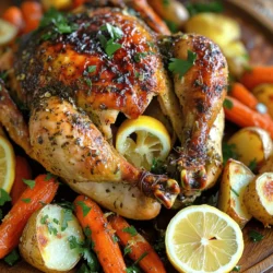 - Whole chicken (4-5 lbs) - Unsalted butter (1/2 cup) - Fresh herbs: rosemary, thyme, and parsley - Garlic (8 cloves, minced) - Zest of 1 lemon - Salt and pepper to taste - Lemon and onion for stuffing - Carrots (4, cut into chunks) - Potatoes (4, cut into wedges) I love a good roast chicken, and this recipe shines with simple ingredients. The whole chicken weighs about 4 to 5 pounds. This size is perfect for a family meal. Next, you need half a cup of unsalted butter. Softened butter mixes well with flavors. Fresh herbs bring life to this dish. I use rosemary, thyme, and parsley. Each herb adds a unique taste. You also need eight cloves of minced garlic. Garlic gives the chicken a lovely aroma and flavor. For extra zing, zest one lemon. The zest makes the chicken bright and fresh. Salt and pepper help to enhance all the flavors. You can also stuff the chicken with a quartered lemon and onion. This adds moisture and flavor from the inside out. Now, for the vegetables, I like using carrots and potatoes. Cut four carrots into big chunks. Then, cut four potatoes into wedges. These veggies roast nicely and soak up the chicken's juices. Together, these ingredients create a juicy and flavorful feast. - Preheat the oven to 425°F (220°C). - Pat dry the whole chicken. This helps make the skin crispier. - In a bowl, combine the softened butter, minced garlic, chopped rosemary, thyme, parsley, lemon zest, salt, and pepper. - Mix well until everything blends together. This butter adds great flavor. - Carefully loosen the skin of the chicken at the neck. - Rub half of the garlic herb butter mixture under the skin. This keeps the meat juicy. - Spread the rest of the butter on the outside of the chicken. - Stuff the chicken's cavity with the quartered lemon and onion. This gives a nice taste. - In a large roasting pan, place the carrots and potatoes around the chicken. - Drizzle olive oil on the veggies and season them with salt and pepper. - Place the chicken on top of the vegetables in the pan. - Roast for 1 hour to 1 hour and 15 minutes. Make sure the internal temperature reaches 165°F (75°C). - Baste the chicken with the pan juices halfway through. This adds moisture. - Once done, remove the chicken from the oven. - Let it rest for about 10-15 minutes before carving. This helps the juices stay in. - Arrange the carved chicken on a platter, surrounded by the roasted vegetables. Enjoy your meal! To make the best herb butter, use fresh herbs. Rosemary, thyme, and parsley work well. If you're out of any, you can use dried herbs. Just use one-third of fresh amounts. Mix the softened butter with minced garlic, chopped herbs, and lemon zest. Use a fork to blend well. Apply the herb butter under the skin of the chicken. This helps the flavor soak in. Spread the rest on the outside. Make sure to cover every inch for a tasty crust. For crispy skin, start with a dry chicken. Pat it dry with paper towels. This helps the skin crisp up nicely. Basting is key! Halfway through cooking, use pan juices to baste the chicken. This adds moisture and flavor. You can also use a brush to apply more herb butter on top. Use a meat thermometer to check for doneness. Insert it into the thickest part of the thigh. Chicken is safe to eat when it reaches 165°F (75°C). If you have a convection oven, reduce the temperature by 25°F (about 15°C). Cook for about 10-15 minutes less than the recipe states. Each oven is different, so keep an eye on your chicken. {{image_2}} You can switch up the herbs for fun flavors. Try using sage for a warm taste. Oregano adds a nice hint of earthiness. You could even mix in some basil for a fresh kick. Each herb brings its own charm to the dish. Experiment with what you love. Just remember, fresh herbs will give you the best flavor. For a bright twist, add more lemon. Use extra lemon zest in the butter mix. You can also squeeze fresh lemon juice over the chicken before roasting. This will give your chicken a zesty kick. The lemon flavor will shine through and balance the richness of the butter. It’s a great way to brighten up the dish. If you want a lighter option, swap butter for olive oil. Olive oil gives a nice, fruity taste. It also keeps the chicken moist while cutting down on fat. Add more veggies to the roasting pan, too. You can try bell peppers, zucchini, or even Brussels sprouts. This adds color and nutrition to your meal. Plus, it makes your dish even more delicious! To store leftover chicken, let it cool first. Place the chicken in an airtight container. You can keep it in the fridge for up to four days. Make sure to cover it well to avoid drying out. If you have extra veggies, store them separately. This keeps their texture fresh. For longer storage, freezing is best. Wrap the chicken tightly in plastic wrap. Then, place it in a freezer bag. This helps prevent freezer burn. You can freeze roasted chicken for up to three months. When ready to eat, thaw it in the fridge overnight for safe defrosting. To reheat chicken, preheat your oven to 350°F (175°C). Place the chicken in a baking dish. Add a splash of chicken broth to keep it moist. Cover it with foil to prevent drying out. Heat for about 20-25 minutes. Check that it’s warm all the way through before serving. Enjoy the juicy, flavorful chicken again! Roasting time depends on the chicken's weight. For a 4-5 lbs chicken, aim for 1 hour to 1 hour and 15 minutes. Always check the internal temperature. It should reach 165°F (75°C) to be safe. A good rule is about 20 minutes per pound. Yes, you can use a frozen chicken, but it needs time to thaw. The best way is to move it to the fridge a day before cooking. If you're short on time, you can use cold water. Submerge the chicken in water for about 2-3 hours. Change the water every 30 minutes to keep it cold. This chicken pairs well with many sides. Here are some great options: - Roasted vegetables like carrots and potatoes - A fresh green salad - Mashed potatoes or creamy polenta - Steamed green beans or broccoli - Rice pilaf or quinoa Check the chicken's internal temperature with a meat thermometer. Insert it into the thickest part of the thigh without touching the bone. If it reads 165°F (75°C), your chicken is done. Another sign is clear juices running from the chicken when you cut into it. The skin should be golden brown and crispy. In this post, I covered how to make a delicious garlic herb butter roasted chicken. We talked about the key ingredients, step-by-step instructions, and some helpful tips. You learned how to achieve crispy skin and flavor variations. Storing leftovers properly keeps your meal fresh. Remember to check the internal temperature for perfect doneness. Now, you can impress family and friends with this simple, tasty dish. Enjoy cooking and experimenting with flavors!