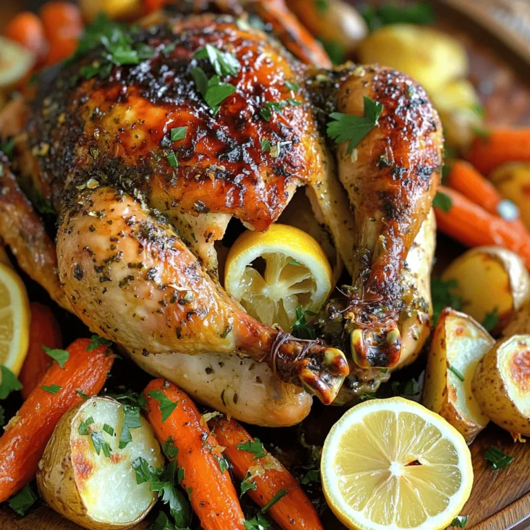 - Whole chicken (4-5 lbs) - Unsalted butter (1/2 cup) - Fresh herbs: rosemary, thyme, and parsley - Garlic (8 cloves, minced) - Zest of 1 lemon - Salt and pepper to taste - Lemon and onion for stuffing - Carrots (4, cut into chunks) - Potatoes (4, cut into wedges) I love a good roast chicken, and this recipe shines with simple ingredients. The whole chicken weighs about 4 to 5 pounds. This size is perfect for a family meal. Next, you need half a cup of unsalted butter. Softened butter mixes well with flavors. Fresh herbs bring life to this dish. I use rosemary, thyme, and parsley. Each herb adds a unique taste. You also need eight cloves of minced garlic. Garlic gives the chicken a lovely aroma and flavor. For extra zing, zest one lemon. The zest makes the chicken bright and fresh. Salt and pepper help to enhance all the flavors. You can also stuff the chicken with a quartered lemon and onion. This adds moisture and flavor from the inside out. Now, for the vegetables, I like using carrots and potatoes. Cut four carrots into big chunks. Then, cut four potatoes into wedges. These veggies roast nicely and soak up the chicken's juices. Together, these ingredients create a juicy and flavorful feast. - Preheat the oven to 425°F (220°C). - Pat dry the whole chicken. This helps make the skin crispier. - In a bowl, combine the softened butter, minced garlic, chopped rosemary, thyme, parsley, lemon zest, salt, and pepper. - Mix well until everything blends together. This butter adds great flavor. - Carefully loosen the skin of the chicken at the neck. - Rub half of the garlic herb butter mixture under the skin. This keeps the meat juicy. - Spread the rest of the butter on the outside of the chicken. - Stuff the chicken's cavity with the quartered lemon and onion. This gives a nice taste. - In a large roasting pan, place the carrots and potatoes around the chicken. - Drizzle olive oil on the veggies and season them with salt and pepper. - Place the chicken on top of the vegetables in the pan. - Roast for 1 hour to 1 hour and 15 minutes. Make sure the internal temperature reaches 165°F (75°C). - Baste the chicken with the pan juices halfway through. This adds moisture. - Once done, remove the chicken from the oven. - Let it rest for about 10-15 minutes before carving. This helps the juices stay in. - Arrange the carved chicken on a platter, surrounded by the roasted vegetables. Enjoy your meal! To make the best herb butter, use fresh herbs. Rosemary, thyme, and parsley work well. If you're out of any, you can use dried herbs. Just use one-third of fresh amounts. Mix the softened butter with minced garlic, chopped herbs, and lemon zest. Use a fork to blend well. Apply the herb butter under the skin of the chicken. This helps the flavor soak in. Spread the rest on the outside. Make sure to cover every inch for a tasty crust. For crispy skin, start with a dry chicken. Pat it dry with paper towels. This helps the skin crisp up nicely. Basting is key! Halfway through cooking, use pan juices to baste the chicken. This adds moisture and flavor. You can also use a brush to apply more herb butter on top. Use a meat thermometer to check for doneness. Insert it into the thickest part of the thigh. Chicken is safe to eat when it reaches 165°F (75°C). If you have a convection oven, reduce the temperature by 25°F (about 15°C). Cook for about 10-15 minutes less than the recipe states. Each oven is different, so keep an eye on your chicken. {{image_2}} You can switch up the herbs for fun flavors. Try using sage for a warm taste. Oregano adds a nice hint of earthiness. You could even mix in some basil for a fresh kick. Each herb brings its own charm to the dish. Experiment with what you love. Just remember, fresh herbs will give you the best flavor. For a bright twist, add more lemon. Use extra lemon zest in the butter mix. You can also squeeze fresh lemon juice over the chicken before roasting. This will give your chicken a zesty kick. The lemon flavor will shine through and balance the richness of the butter. It’s a great way to brighten up the dish. If you want a lighter option, swap butter for olive oil. Olive oil gives a nice, fruity taste. It also keeps the chicken moist while cutting down on fat. Add more veggies to the roasting pan, too. You can try bell peppers, zucchini, or even Brussels sprouts. This adds color and nutrition to your meal. Plus, it makes your dish even more delicious! To store leftover chicken, let it cool first. Place the chicken in an airtight container. You can keep it in the fridge for up to four days. Make sure to cover it well to avoid drying out. If you have extra veggies, store them separately. This keeps their texture fresh. For longer storage, freezing is best. Wrap the chicken tightly in plastic wrap. Then, place it in a freezer bag. This helps prevent freezer burn. You can freeze roasted chicken for up to three months. When ready to eat, thaw it in the fridge overnight for safe defrosting. To reheat chicken, preheat your oven to 350°F (175°C). Place the chicken in a baking dish. Add a splash of chicken broth to keep it moist. Cover it with foil to prevent drying out. Heat for about 20-25 minutes. Check that it’s warm all the way through before serving. Enjoy the juicy, flavorful chicken again! Roasting time depends on the chicken's weight. For a 4-5 lbs chicken, aim for 1 hour to 1 hour and 15 minutes. Always check the internal temperature. It should reach 165°F (75°C) to be safe. A good rule is about 20 minutes per pound. Yes, you can use a frozen chicken, but it needs time to thaw. The best way is to move it to the fridge a day before cooking. If you're short on time, you can use cold water. Submerge the chicken in water for about 2-3 hours. Change the water every 30 minutes to keep it cold. This chicken pairs well with many sides. Here are some great options: - Roasted vegetables like carrots and potatoes - A fresh green salad - Mashed potatoes or creamy polenta - Steamed green beans or broccoli - Rice pilaf or quinoa Check the chicken's internal temperature with a meat thermometer. Insert it into the thickest part of the thigh without touching the bone. If it reads 165°F (75°C), your chicken is done. Another sign is clear juices running from the chicken when you cut into it. The skin should be golden brown and crispy. In this post, I covered how to make a delicious garlic herb butter roasted chicken. We talked about the key ingredients, step-by-step instructions, and some helpful tips. You learned how to achieve crispy skin and flavor variations. Storing leftovers properly keeps your meal fresh. Remember to check the internal temperature for perfect doneness. Now, you can impress family and friends with this simple, tasty dish. Enjoy cooking and experimenting with flavors!