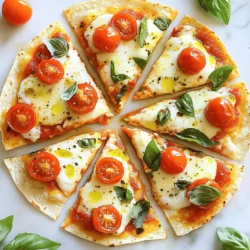 - 4 large flour tortillas - 1 cup marinara sauce - 1 ½ cups fresh mozzarella cheese, sliced - 1 cup cherry tomatoes, halved - 1/4 cup fresh basil leaves, torn - 2 tablespoons olive oil - Salt and pepper to taste For the best flavor, use fresh mozzarella. It melts well and tastes great. Look for mozzarella that feels soft and moist. Choose ripe cherry tomatoes for sweetness. They add a burst of flavor. Fresh basil is key too; it should smell strong and fragrant. Use high-quality olive oil for drizzling. It enhances the taste of the whole dish. If you can’t find flour tortillas, corn tortillas work too. They add a nice crunch. Instead of marinara, you can use pesto for a twist. If you want a dairy-free option, try vegan cheese. You can also swap cherry tomatoes for bell peppers or spinach for added nutrition. Just remember to adjust cooking time if you change ingredients. Begin by preheating your oven to 400°F (200°C). This step is key for a crispy crust. While the oven heats, gather your ingredients. You will need flour tortillas, marinara sauce, fresh mozzarella, cherry tomatoes, basil, olive oil, salt, and pepper. Next, lay the flour tortillas flat on a large baking sheet. Spoon 1/4 cup of marinara sauce on each tortilla. Spread the sauce evenly across the surface. Now, take the fresh mozzarella slices and layer them on top of the sauce. Make sure to cover the sauce well. Then, scatter the halved cherry tomatoes over the cheese. Season with salt and pepper to taste. Drizzle a little olive oil on top. This adds a nice touch of flavor. Now it’s time to bake your pizzas. Place the baking sheet in your preheated oven. Bake for about 10-12 minutes. You want the cheese to be bubbly and slightly golden. Once they are done, remove them from the oven. Top each pizza with torn fresh basil leaves for a burst of flavor. Slice into wedges and serve hot. Enjoy your tasty Margherita Tortilla Pizza! To get that perfect cheese melt, use fresh mozzarella. It melts well and tastes great. Slice the cheese thickly. This helps it melt evenly. Place the slices close together on the sauce. Don’t hold back; more cheese is better! Bake the pizza until the cheese is bubbly and slightly golden. Watch it closely at the end. This way, you catch it at just the right moment for that perfect melt. You can boost flavors with simple additions. A pinch of salt and pepper brightens everything. Try adding crushed red pepper flakes for a little heat. This gives the pizza a nice kick. Fresh garlic is another great choice. Just mince a clove and sprinkle it over the cheese. For a touch of sweetness, add some balsamic glaze after baking. This will make each bite even more delicious. Start with a hot oven at 400°F (200°C). This helps the tortillas get crispy. Use a large baking sheet to fit all your pizzas. If your tortillas are large, you might need two sheets. Spread the marinara sauce evenly, but don’t overdo it. Too much sauce makes the pizza soggy. Once baked, let the pizza cool for a minute before slicing. This helps keep the cheese and toppings in place. Enjoy every bite of your tasty creation! {{image_2}} You can easily make your Margherita tortilla pizza a veggie delight. Instead of cherry tomatoes, try bell peppers, mushrooms, or spinach. These fresh veggies add color and crunch. You can also use artichoke hearts or olives for a briny kick. If you love cheese, add goat cheese or feta for extra flavor. Want to make your pizza more hearty? Add cooked chicken, pepperoni, or prosciutto for protein. You can also sprinkle red pepper flakes for a spicy touch. A drizzle of balsamic glaze right before serving adds sweetness. Experiment with different cheeses, like cheddar or gouda. Each change brings a new taste! For a gluten-free option, swap flour tortillas for corn tortillas. They work great and add a nice flavor. You can also use store-bought gluten-free pizza crusts. Just follow the package instructions for baking. This way, everyone can enjoy a tasty pizza, no matter their diet! Leftover Margherita tortilla pizza is easy to store. Let the pizza cool down first. Then, place it in an airtight container. You can keep it in the fridge for up to three days. For the best taste, eat it within two days. When you want to enjoy your leftover pizza, reheating is key. Preheat your oven to 350°F (175°C). Place the pizza on a baking sheet. Heat it for about 8-10 minutes. This keeps the crust crispy and the cheese melty. You can also use a microwave, but the crust may get soft. To freeze, wrap each slice in plastic wrap. Then, put the slices in a freezer bag. This helps keep them fresh. You can freeze the pizza for up to two months. When ready to eat, thaw it in the fridge overnight. Then, reheat it in the oven for the best texture. Yes, you can prepare Margherita Tortilla Pizza ahead of time. You can make the pizzas and store them in the fridge for up to a day. Just keep them in an airtight container. When ready to eat, bake them straight from the fridge. Adjust the baking time by a few minutes to ensure they heat through. If you don't have marinara sauce, use pesto or Alfredo sauce. You can also use olive oil with garlic for a lighter base. Tomato sauce or even hummus can work too. Choose a sauce that matches your taste and adds the flavor you want. To get a crispy tortilla base, follow these tips: - Use a baking sheet and place the tortillas flat. - Brush them lightly with olive oil before adding toppings. - Bake at a high temperature, around 400°F (200°C), for 10-12 minutes. - Keep an eye on them to avoid burning. The goal is a golden, crispy crust. In this article, we explored the key ingredients for a great tortilla pizza along with tips for quality. We went through step-by-step instructions for prep and baking, plus essential cooking tips. I shared fun variations and how to store your pizza well. Tortilla pizza is simple, tasty, and quick to make. With the right approach, you can enjoy great flavors and textures. Now you have all the tools to make your perfect pizza!