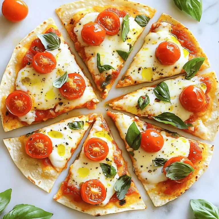 - 4 large flour tortillas - 1 cup marinara sauce - 1 ½ cups fresh mozzarella cheese, sliced - 1 cup cherry tomatoes, halved - 1/4 cup fresh basil leaves, torn - 2 tablespoons olive oil - Salt and pepper to taste For the best flavor, use fresh mozzarella. It melts well and tastes great. Look for mozzarella that feels soft and moist. Choose ripe cherry tomatoes for sweetness. They add a burst of flavor. Fresh basil is key too; it should smell strong and fragrant. Use high-quality olive oil for drizzling. It enhances the taste of the whole dish. If you can’t find flour tortillas, corn tortillas work too. They add a nice crunch. Instead of marinara, you can use pesto for a twist. If you want a dairy-free option, try vegan cheese. You can also swap cherry tomatoes for bell peppers or spinach for added nutrition. Just remember to adjust cooking time if you change ingredients. Begin by preheating your oven to 400°F (200°C). This step is key for a crispy crust. While the oven heats, gather your ingredients. You will need flour tortillas, marinara sauce, fresh mozzarella, cherry tomatoes, basil, olive oil, salt, and pepper. Next, lay the flour tortillas flat on a large baking sheet. Spoon 1/4 cup of marinara sauce on each tortilla. Spread the sauce evenly across the surface. Now, take the fresh mozzarella slices and layer them on top of the sauce. Make sure to cover the sauce well. Then, scatter the halved cherry tomatoes over the cheese. Season with salt and pepper to taste. Drizzle a little olive oil on top. This adds a nice touch of flavor. Now it’s time to bake your pizzas. Place the baking sheet in your preheated oven. Bake for about 10-12 minutes. You want the cheese to be bubbly and slightly golden. Once they are done, remove them from the oven. Top each pizza with torn fresh basil leaves for a burst of flavor. Slice into wedges and serve hot. Enjoy your tasty Margherita Tortilla Pizza! To get that perfect cheese melt, use fresh mozzarella. It melts well and tastes great. Slice the cheese thickly. This helps it melt evenly. Place the slices close together on the sauce. Don’t hold back; more cheese is better! Bake the pizza until the cheese is bubbly and slightly golden. Watch it closely at the end. This way, you catch it at just the right moment for that perfect melt. You can boost flavors with simple additions. A pinch of salt and pepper brightens everything. Try adding crushed red pepper flakes for a little heat. This gives the pizza a nice kick. Fresh garlic is another great choice. Just mince a clove and sprinkle it over the cheese. For a touch of sweetness, add some balsamic glaze after baking. This will make each bite even more delicious. Start with a hot oven at 400°F (200°C). This helps the tortillas get crispy. Use a large baking sheet to fit all your pizzas. If your tortillas are large, you might need two sheets. Spread the marinara sauce evenly, but don’t overdo it. Too much sauce makes the pizza soggy. Once baked, let the pizza cool for a minute before slicing. This helps keep the cheese and toppings in place. Enjoy every bite of your tasty creation! {{image_2}} You can easily make your Margherita tortilla pizza a veggie delight. Instead of cherry tomatoes, try bell peppers, mushrooms, or spinach. These fresh veggies add color and crunch. You can also use artichoke hearts or olives for a briny kick. If you love cheese, add goat cheese or feta for extra flavor. Want to make your pizza more hearty? Add cooked chicken, pepperoni, or prosciutto for protein. You can also sprinkle red pepper flakes for a spicy touch. A drizzle of balsamic glaze right before serving adds sweetness. Experiment with different cheeses, like cheddar or gouda. Each change brings a new taste! For a gluten-free option, swap flour tortillas for corn tortillas. They work great and add a nice flavor. You can also use store-bought gluten-free pizza crusts. Just follow the package instructions for baking. This way, everyone can enjoy a tasty pizza, no matter their diet! Leftover Margherita tortilla pizza is easy to store. Let the pizza cool down first. Then, place it in an airtight container. You can keep it in the fridge for up to three days. For the best taste, eat it within two days. When you want to enjoy your leftover pizza, reheating is key. Preheat your oven to 350°F (175°C). Place the pizza on a baking sheet. Heat it for about 8-10 minutes. This keeps the crust crispy and the cheese melty. You can also use a microwave, but the crust may get soft. To freeze, wrap each slice in plastic wrap. Then, put the slices in a freezer bag. This helps keep them fresh. You can freeze the pizza for up to two months. When ready to eat, thaw it in the fridge overnight. Then, reheat it in the oven for the best texture. Yes, you can prepare Margherita Tortilla Pizza ahead of time. You can make the pizzas and store them in the fridge for up to a day. Just keep them in an airtight container. When ready to eat, bake them straight from the fridge. Adjust the baking time by a few minutes to ensure they heat through. If you don't have marinara sauce, use pesto or Alfredo sauce. You can also use olive oil with garlic for a lighter base. Tomato sauce or even hummus can work too. Choose a sauce that matches your taste and adds the flavor you want. To get a crispy tortilla base, follow these tips: - Use a baking sheet and place the tortillas flat. - Brush them lightly with olive oil before adding toppings. - Bake at a high temperature, around 400°F (200°C), for 10-12 minutes. - Keep an eye on them to avoid burning. The goal is a golden, crispy crust. In this article, we explored the key ingredients for a great tortilla pizza along with tips for quality. We went through step-by-step instructions for prep and baking, plus essential cooking tips. I shared fun variations and how to store your pizza well. Tortilla pizza is simple, tasty, and quick to make. With the right approach, you can enjoy great flavors and textures. Now you have all the tools to make your perfect pizza!
